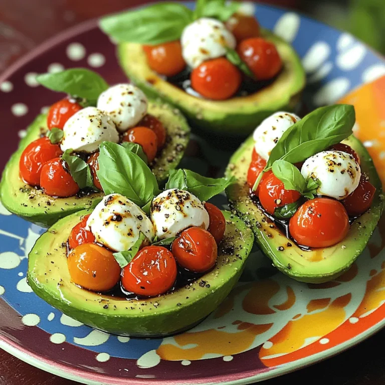 - 2 ripe avocados - 1 cup cherry tomatoes, halved - 1 cup fresh mozzarella balls, drained - 1/4 cup fresh basil leaves, chopped - 2 tablespoons balsamic glaze - 1 tablespoon extra virgin olive oil - Salt and pepper to taste Choosing ripe avocados To pick ripe avocados, look for ones that yield slightly to gentle pressure. They should feel soft but not mushy. Dark green or almost black skin often indicates ripeness. Selecting high-quality mozzarella When picking mozzarella, choose fresh balls packed in water for best taste. They should be creamy and slightly springy to the touch. Avoid dry or crumbly options. Best tomatoes for freshness Select plump cherry tomatoes that shine and feel firm. They should have a sweet smell. Avoid any with wrinkles or blemishes for the freshest results. You need a few tools for this recipe: - A sharp knife - A cutting board - A mixing bowl - A spoon - A serving plate When cutting avocados, safety is key. Always cut away from your body. Make sure you hold the avocado steady. Use a sharp knife to slice easily through the skin. First, cut each avocado in half and remove the pit. If you want more space for stuffing, scoop out a little flesh. Be careful not to break the skin. Next, take your mixing bowl. Combine the halved cherry tomatoes, mozzarella balls, and chopped basil. Now, drizzle the balsamic glaze and olive oil over the mix. Add salt and pepper to taste. Toss everything gently until coated. Then, spoon the mixture into each avocado half. Fill them generously; it makes a nice presentation. For a finishing touch, drizzle a little extra balsamic glaze on top. This adds a nice shine and flavor. To serve, place your stuffed avocados on a colorful plate. This makes the dish pop! For added flair, garnish with extra basil leaves. A sprinkle of cracked black pepper also enhances the look and taste. Enjoy this healthy and flavorful delight! For the full recipe, check out the details above. When making Caprese stuffed avocados, avoid these common mistakes: - Over-mashing the avocado: You want the avocado to be creamy but still chunky. If you mash it too much, the texture will not hold up. - Using unripe ingredients: Always choose ripe avocados and fresh tomatoes. Unripe avocados can ruin the dish. To make your Caprese stuffed avocados even better, try these tips: - Additional spices and herbs: Add a pinch of garlic powder or crushed red pepper for a kick. Fresh oregano can also complement the flavors well. - Variations with cheese types: Instead of mozzarella, try feta or goat cheese for a different flavor profile. Each cheese brings its own texture and taste. Pair your Caprese stuffed avocados with these ideas: - Best pairings as side dishes: Serve with a light salad or crusty bread. These will balance the richness of the avocado. - Ideal occasions for serving: This dish works great for summer picnics, brunches, or casual dinners. The bright colors and fresh flavors make it a showstopper. Remember, you can find the full recipe for Caprese stuffed avocados [here]. {{image_2}} You can change up the cheese or protein in your Caprese stuffed avocados. For cheese, try feta or goat cheese. Both add a nice twist to the dish. If you want extra protein, consider adding grilled chicken or chickpeas. These swaps keep the meal tasty and fun. If you run out of balsamic glaze, you can use a mix of vinegar and honey. This gives you a sweet and tangy flavor. You can also try lemon juice for a fresher taste. These alternatives work well and keep your dish exciting. Making this dish gluten-free is easy. All the ingredients are naturally gluten-free. Just make sure any add-ins you choose are also gluten-free. If you want a vegan version, swap mozzarella for a vegan cheese. You can also use tofu for extra protein. To lower calories, skip the cheese or use less. You can also reduce oil and glaze. This keeps the taste without too many calories. Enjoy your healthy meal without losing flavor. To give your Caprese stuffed avocados an Italian flair, add sun-dried tomatoes or prosciutto. These ingredients bring rich flavors that fit perfectly with the original recipe. For a Mediterranean twist, add olives or artichokes. These ingredients make your dish even more vibrant. You can also use herbs like oregano or thyme for added depth. Each variation keeps your meal fresh and packed with flavor. For the full recipe, check out Caprese Stuffed Avocados. To store leftover stuffed avocados, place them in an airtight container. This keeps them fresh longer. It's best to eat them within a day. If you have extra filling, store it in a small bowl. Cover it tightly with plastic wrap. This keeps the mixture fresh for a few days. For the best taste, eat the filling within three days. Can you freeze stuffed avocados? I recommend not freezing them. The texture of the avocado changes when frozen. However, you can freeze the filling. To do this, place it in a freezer-safe bag. Squeeze out the air before sealing. It can last up to three months in the freezer. When you're ready to eat, thaw it in the fridge overnight. How long can leftovers last? Stuffed avocados are best enjoyed fresh. If stored properly, they last about a day. The filling can last longer, about three days in the fridge. Look for signs of spoilage. If you see mold or an off smell, discard it. Fresh ingredients like tomatoes can spoil quickly, so check them often. To find the best avocados, look for a few signs. First, gently squeeze the avocado in your palm. It should feel slightly soft but not mushy. Next, check the skin color. A dark green or black skin often means it's ripe. Finally, look at the stem. If it comes off easily and reveals green underneath, the avocado is ready. Yes, you can prepare some parts in advance. Chop the tomatoes and basil and mix them with mozzarella. Store this mix in the fridge. Cut the avocados just before serving. This keeps them fresh and tasty. You can also make the balsamic glaze in advance and store it in a jar. To stop avocados from turning brown, use lemon or lime juice. Brush the juice on the cut sides. If your avocado is already brown, you can scoop out the brown part. The green flesh underneath is still good to eat. Store any leftovers in an airtight container to slow down oxidation. This blog post covered a delicious stuffed avocado recipe, highlighting key ingredients, tips for freshness, and easy steps. I shared tricks to enhance flavor, avoid common mistakes, and offered variations for everyone. Remember, using ripe ingredients makes a big difference. You can also adjust the recipe to fit your diet or taste. Enjoy experimenting with this fresh and healthy dish in your kitchen! Embrace the joy of cooking while making something tasty and fun. Happy cooking!