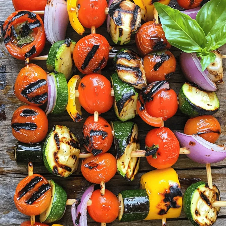 To make easy grilled veggie skewers, you need: - 1 bell pepper (any color), cut into 1-inch pieces - 1 zucchini, sliced into thick rounds - 1 red onion, cut into wedges - 1 cup cherry tomatoes - 8 button mushrooms, cleaned and stems trimmed - 3 tablespoons olive oil - 1 tablespoon balsamic vinegar - 1 teaspoon garlic powder - 1 teaspoon dried oregano - Salt and pepper to taste - Fresh basil for garnish For the best grilling experience, consider these products: - Skewers: Look for stainless steel or bamboo skewers. - Grill: A simple charcoal or gas grill works well. You can add more colors and flavors to your skewers. Try these options: - Yellow squash for a bright touch. - Eggplant for a unique texture. - Bell peppers in different colors for variety. - Different herbs like thyme or rosemary for extra flavor. First, gather all your ingredients. You'll need a bell pepper, zucchini, red onion, cherry tomatoes, and button mushrooms. Cut the bell pepper into 1-inch pieces. Slice the zucchini into thick rounds and cut the onion into wedges. Clean the mushrooms and trim their stems. Next, get a large bowl. Pour in olive oil, balsamic vinegar, garlic powder, dried oregano, salt, and pepper. Whisk this mixture well. Add all your veggies to the bowl. Toss gently until they are evenly coated. Let them marinate for about 15-20 minutes. This step boosts the flavor a lot! Now, it's time to thread the veggies onto skewers. Alternate the vegetables for a nice look. If you're using wooden skewers, soak them in water for 30 minutes first. This prevents burning. Preheat your grill to medium-high heat. Place the skewers on the grill and cook them for 10-12 minutes. Turn them occasionally. You want the veggies to be tender and slightly charred. This gives them a great taste! To ensure even cooking, try to cut all the veggies to similar sizes. This helps them cook at the same rate. Keep an eye on them while grilling. If some are cooking faster, move those skewers to a cooler part of the grill. Once they're done, remove the skewers from the grill. Let them cool for a couple of minutes. Then, garnish with fresh basil before serving. Enjoy your Easy Grilled Veggie Skewers! For a full recipe with all details, check out the [Full Recipe]. Marinating vegetables boosts their flavor. Use a simple mix of olive oil, balsamic vinegar, garlic powder, dried oregano, salt, and pepper. This blend brings out the best in veggies. Let them soak for 15 to 20 minutes for great taste. If you have more time, let them sit longer. This adds even more flavor depth. Not all veggies work well on skewers. Select firm vegetables that hold their shape. Bell peppers, zucchini, red onion, cherry tomatoes, and button mushrooms are great choices. Choose colorful options for a beautiful plate. Freshness is key; always pick the freshest veggies for the best flavor. Avoid cutting your veggies too small; they may fall through the grill. Don't skimp on marinating time; this is crucial for flavor. If using wooden skewers, always soak them first. This prevents burning and helps them hold their shape. Finally, don't overcrowd the skewers. Leave space for even cooking and nice grill marks. For the complete recipe, check the [Full Recipe]. {{image_2}} You can change the veggies in your skewers to fit your taste. Try using eggplant, asparagus, or even sweet corn. Each brings a new flavor and texture. For a rainbow look, mix in different colors of bell peppers. You can even add small potatoes for heartiness. Just make sure they are cut small enough to cook well. Seasonings can change the whole dish. You can use lemon juice, cumin, or smoked paprika for a twist. For a spicy kick, add chili powder or cayenne. Want an Italian vibe? Try Italian herbs like thyme and rosemary. Experiment with your favorite flavors to find what you love best. To turn your skewers into a full meal, add protein. Chicken or shrimp works great. You can also use tofu or tempeh for a vegetarian option. Marinate the protein the same way you do with veggies. This way, everything shares the same tasty flavors. Grilling protein with your veggies makes for a fun and easy meal. After your meal, let the skewers cool down. Place them in an airtight container. Store them in the fridge. They will stay fresh for about 3 to 4 days. If you want to keep them longer, consider freezing. To reheat your skewers, use the oven or microwave. For the oven, preheat it to 350°F (175°C). Place the skewers on a baking sheet. Heat for about 10 minutes until warm. In the microwave, heat them for 1-2 minutes. Check to ensure they warm evenly. To freeze, place the cooled skewers in a freezer-safe bag. Remove as much air as possible before sealing. They can last for up to 3 months in the freezer. When ready to eat, thaw them in the fridge overnight. Reheat using the tips above for best results. You can grill many vegetables, but some are best. Bell peppers add color and sweetness. Zucchini brings a nice texture. Red onions have a great flavor when grilled. Cherry tomatoes burst with juice. Button mushrooms are hearty and soak up marinades well. These veggies stay firm and taste amazing when grilled. Yes, you can prep veggie skewers ahead of time. Just cut the veggies and marinate them. Store them in the fridge for up to 24 hours. This way, they soak up the flavors. When you're ready to grill, simply thread them onto skewers. This saves time and makes grilling easier. Veggie skewers usually take about 10 to 12 minutes to grill. Make sure your grill is hot. Turn the skewers every few minutes. Check for tenderness and slight charring. This ensures even cooking and great flavor. For the complete recipe and step-by-step details, check the [Full Recipe]. This gives you all the instructions you need for perfect grilled veggie skewers. You learned the key ingredients and steps for making perfect veggie skewers. We discussed how to prepare, grill, and store them. I shared tips for marinating, choosing vegetables, and avoiding common mistakes. Remember, you can customize your skewers with different flavors and proteins. Enjoy the process and experiment with new combinations. Now, gather your ingredients and get ready to create delicious skewers that everyone will love. Happy grilling!