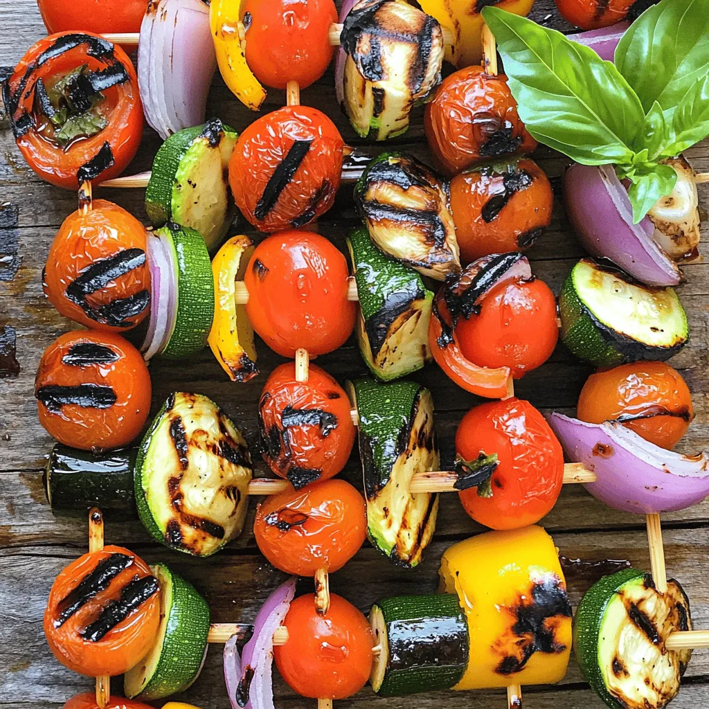 To make easy grilled veggie skewers, you need: - 1 bell pepper (any color), cut into 1-inch pieces - 1 zucchini, sliced into thick rounds - 1 red onion, cut into wedges - 1 cup cherry tomatoes - 8 button mushrooms, cleaned and stems trimmed - 3 tablespoons olive oil - 1 tablespoon balsamic vinegar - 1 teaspoon garlic powder - 1 teaspoon dried oregano - Salt and pepper to taste - Fresh basil for garnish For the best grilling experience, consider these products: - Skewers: Look for stainless steel or bamboo skewers. - Grill: A simple charcoal or gas grill works well. You can add more colors and flavors to your skewers. Try these options: - Yellow squash for a bright touch. - Eggplant for a unique texture. - Bell peppers in different colors for variety. - Different herbs like thyme or rosemary for extra flavor. First, gather all your ingredients. You'll need a bell pepper, zucchini, red onion, cherry tomatoes, and button mushrooms. Cut the bell pepper into 1-inch pieces. Slice the zucchini into thick rounds and cut the onion into wedges. Clean the mushrooms and trim their stems. Next, get a large bowl. Pour in olive oil, balsamic vinegar, garlic powder, dried oregano, salt, and pepper. Whisk this mixture well. Add all your veggies to the bowl. Toss gently until they are evenly coated. Let them marinate for about 15-20 minutes. This step boosts the flavor a lot! Now, it's time to thread the veggies onto skewers. Alternate the vegetables for a nice look. If you're using wooden skewers, soak them in water for 30 minutes first. This prevents burning. Preheat your grill to medium-high heat. Place the skewers on the grill and cook them for 10-12 minutes. Turn them occasionally. You want the veggies to be tender and slightly charred. This gives them a great taste! To ensure even cooking, try to cut all the veggies to similar sizes. This helps them cook at the same rate. Keep an eye on them while grilling. If some are cooking faster, move those skewers to a cooler part of the grill. Once they're done, remove the skewers from the grill. Let them cool for a couple of minutes. Then, garnish with fresh basil before serving. Enjoy your Easy Grilled Veggie Skewers! For a full recipe with all details, check out the [Full Recipe]. Marinating vegetables boosts their flavor. Use a simple mix of olive oil, balsamic vinegar, garlic powder, dried oregano, salt, and pepper. This blend brings out the best in veggies. Let them soak for 15 to 20 minutes for great taste. If you have more time, let them sit longer. This adds even more flavor depth. Not all veggies work well on skewers. Select firm vegetables that hold their shape. Bell peppers, zucchini, red onion, cherry tomatoes, and button mushrooms are great choices. Choose colorful options for a beautiful plate. Freshness is key; always pick the freshest veggies for the best flavor. Avoid cutting your veggies too small; they may fall through the grill. Don't skimp on marinating time; this is crucial for flavor. If using wooden skewers, always soak them first. This prevents burning and helps them hold their shape. Finally, don't overcrowd the skewers. Leave space for even cooking and nice grill marks. For the complete recipe, check the [Full Recipe]. {{image_2}} You can change the veggies in your skewers to fit your taste. Try using eggplant, asparagus, or even sweet corn. Each brings a new flavor and texture. For a rainbow look, mix in different colors of bell peppers. You can even add small potatoes for heartiness. Just make sure they are cut small enough to cook well. Seasonings can change the whole dish. You can use lemon juice, cumin, or smoked paprika for a twist. For a spicy kick, add chili powder or cayenne. Want an Italian vibe? Try Italian herbs like thyme and rosemary. Experiment with your favorite flavors to find what you love best. To turn your skewers into a full meal, add protein. Chicken or shrimp works great. You can also use tofu or tempeh for a vegetarian option. Marinate the protein the same way you do with veggies. This way, everything shares the same tasty flavors. Grilling protein with your veggies makes for a fun and easy meal. After your meal, let the skewers cool down. Place them in an airtight container. Store them in the fridge. They will stay fresh for about 3 to 4 days. If you want to keep them longer, consider freezing. To reheat your skewers, use the oven or microwave. For the oven, preheat it to 350°F (175°C). Place the skewers on a baking sheet. Heat for about 10 minutes until warm. In the microwave, heat them for 1-2 minutes. Check to ensure they warm evenly. To freeze, place the cooled skewers in a freezer-safe bag. Remove as much air as possible before sealing. They can last for up to 3 months in the freezer. When ready to eat, thaw them in the fridge overnight. Reheat using the tips above for best results. You can grill many vegetables, but some are best. Bell peppers add color and sweetness. Zucchini brings a nice texture. Red onions have a great flavor when grilled. Cherry tomatoes burst with juice. Button mushrooms are hearty and soak up marinades well. These veggies stay firm and taste amazing when grilled. Yes, you can prep veggie skewers ahead of time. Just cut the veggies and marinate them. Store them in the fridge for up to 24 hours. This way, they soak up the flavors. When you're ready to grill, simply thread them onto skewers. This saves time and makes grilling easier. Veggie skewers usually take about 10 to 12 minutes to grill. Make sure your grill is hot. Turn the skewers every few minutes. Check for tenderness and slight charring. This ensures even cooking and great flavor. For the complete recipe and step-by-step details, check the [Full Recipe]. This gives you all the instructions you need for perfect grilled veggie skewers. You learned the key ingredients and steps for making perfect veggie skewers. We discussed how to prepare, grill, and store them. I shared tips for marinating, choosing vegetables, and avoiding common mistakes. Remember, you can customize your skewers with different flavors and proteins. Enjoy the process and experiment with new combinations. Now, gather your ingredients and get ready to create delicious skewers that everyone will love. Happy grilling!