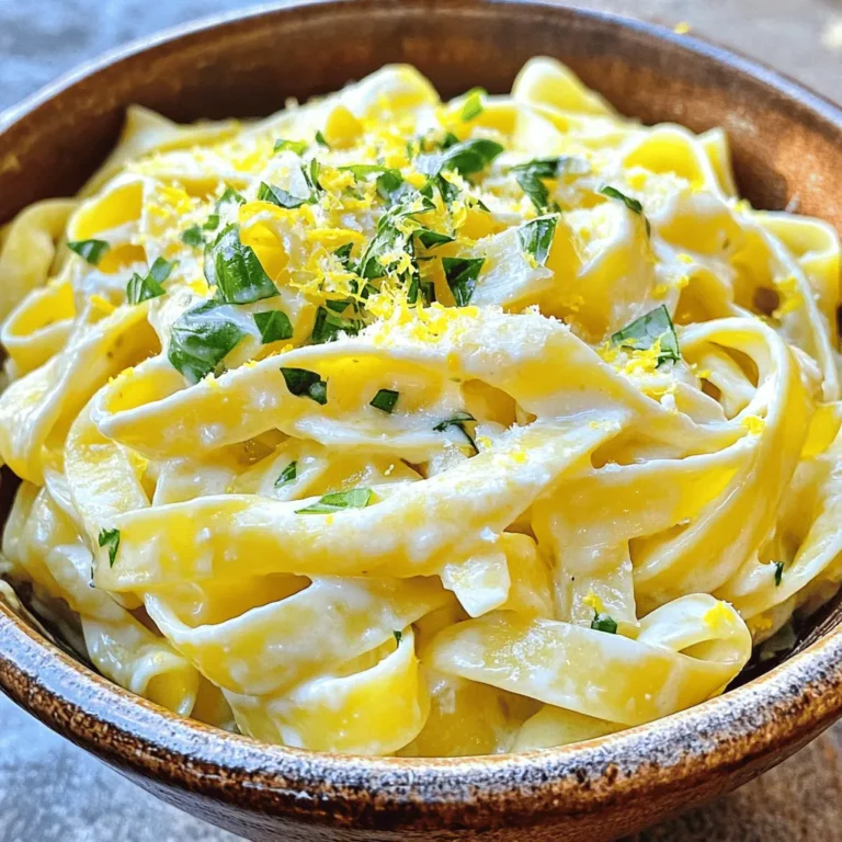 To make Creamy Lemon Basil Pasta, you need a few simple ingredients. Each one plays a key role in creating that rich, flavorful dish. Here’s the list of what you need: - 8 oz fettuccine or your favorite pasta - 1 cup heavy cream - 1 cup freshly grated Parmesan cheese - 2 tablespoons olive oil - 3 cloves garlic, minced - Zest and juice of 1 lemon - 1 cup fresh basil leaves, chopped - Salt and black pepper to taste - Crushed red pepper flakes (optional, for heat) These ingredients work together to create a dish that is creamy, zesty, and full of fresh flavors. The pasta serves as the base, while the heavy cream and cheese give it that luscious texture. Garlic adds depth, and lemon brightens every bite. Fresh basil contributes a lovely herbaceous note. Feel free to experiment with different pasta types, like penne or spaghetti. Each will give a unique twist to this delightful dish. You can find the Full Recipe at the end for complete details on preparation. To start, boil a large pot of water. Add plenty of salt to the water. This step is key for adding flavor to your pasta. Once the water is boiling, add your pasta. Cook it according to the package instructions. When it's al dente, save 1 cup of pasta water before draining. Set the pasta aside in a bowl. Next, heat olive oil in a skillet over medium heat. Add minced garlic and cook for about one minute. You want it fragrant but not brown. Lower the heat to low, then pour in the heavy cream. Stir it gently and avoid boiling. Now, add the lemon zest and juice. Mix in the grated Parmesan cheese. Keep stirring until the cheese melts into a creamy sauce. Now it's time to mix everything! Add the cooked pasta to the skillet with the sauce. Toss it well so the pasta gets coated. If the sauce seems too thick, add a little reserved pasta water. This will help reach the right consistency. Finally, stir in the chopped basil and season with salt, pepper, and red pepper flakes if you like some heat. Let it cook for another one to two minutes for the flavors to blend. Enjoy your creamy lemon basil pasta! For the Full Recipe, refer back to the ingredients and instructions above. To get the best creamy texture, use fresh ingredients. Fresh basil and quality Parmesan make a big difference. When making the sauce, keep the heat low. This helps the cream warm up without boiling. If the sauce is too thick, add a bit of the reserved pasta water. This will help you reach the right consistency. To boost flavor, consider adding different herbs. Fresh parsley or chives can add a nice twist. You can also sprinkle in some black pepper or garlic powder for extra taste. For protein, grilled chicken or shrimp pairs well with this dish. Just cook your protein separately and toss it in before serving. This adds heartiness and makes your meal more filling. {{image_2}} For a vegetarian twist on creamy lemon basil pasta, you can make simple swaps. Use plant-based cream instead of heavy cream. Look for options like coconut cream or almond milk. Both provide rich flavors without dairy. Add vegetables to boost nutrition. Try spinach, zucchini, or cherry tomatoes. These add color and flavor. You can sauté them with garlic before adding the cream. This way, they soak in all the tasty goodness. Want to change up the taste? Use different citrus fruits. Lime adds a zesty kick, while orange brings sweetness. Both work well with the creamy sauce. You can also experiment with cheeses. Goat cheese gives a tangy flavor, while feta adds a salty touch. Mix these into the sauce for a unique twist. They melt nicely and enhance the whole dish. For the full recipe, check the main section. Enjoy making this dish your own! To keep your creamy lemon basil pasta fresh, use a tight-lid container. Make sure the pasta cools to room temperature first. Then, place it in the fridge. You can store it for up to three days. After that, the flavors may change. If you think you won’t eat it soon, consider freezing it. Just be aware that the cream may change texture when thawed. When you’re ready to eat the leftovers, use gentle heat. The best way is to reheat on the stove. Add a splash of cream or reserved pasta water to keep it creamy. Stir often to avoid sticking. If you use a microwave, cover it loosely. Heat in short bursts, stirring in between. This helps stop the sauce from separating. Enjoy your pasta just like it was fresh! Can I use different types of pasta? Yes, you can use various pasta types. Fettuccine works well, but penne or spaghetti are great too. Just remember to cook them according to package directions. Each pasta shape holds sauce differently, so choose what you like best. How can I avoid the sauce from becoming too thick? To keep your sauce creamy, reserve some pasta water. After mixing in the cheese and lemon, add a bit of the reserved water. This helps thin the sauce to your liking. If it still feels thick, just add more water until it’s perfect. Is this dish suitable for meal prep? Yes, this dish is great for meal prep! You can make it ahead and store it in the fridge. Just reheat it gently on the stove or in the microwave. Add a splash of cream or pasta water to keep it creamy. What to serve alongside this pasta dish? You can pair this pasta with a fresh salad or garlic bread. Roasted veggies also work well. If you want protein, grilled chicken or shrimp would be tasty options. These sides complement the flavors of creamy lemon basil pasta perfectly. For the full recipe, check out the details above. This blog post covered all the key steps for making creamy lemon basil pasta. You learned about the best ingredients, cooking tips, and how to mix flavors for a rich dish. We also discussed fun variations and proper storage methods. Now, you can confidently create and enjoy this meal. Don't hesitate to experiment with flavors or ingredients. Cooking should be fun and a way to share joy with others. Dive in and make your version of this tasty pasta!
