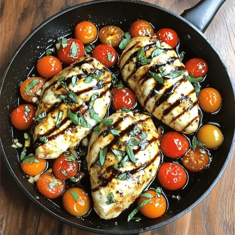 - 2 boneless, skinless chicken breasts - 1 tablespoon olive oil - Salt and pepper to taste - 1 teaspoon garlic powder - 1 cup cherry tomatoes, halved - 1 cup fresh mozzarella balls, halved - 1 teaspoon balsamic glaze - 1/4 cup fresh basil leaves, chopped For the Caprese Chicken Skillet, I focus on fresh and simple flavors. The chicken breasts are the star. I use boneless and skinless for quick cooking. Season them well with salt, pepper, and garlic powder. This simple mix adds great taste. Next, I use cherry tomatoes. Their sweetness pairs so well with the chicken. Halving them helps them cook faster and release juice. Fresh mozzarella balls are a must. When they melt, they create a creamy layer over the chicken. Finally, I finish with balsamic glaze and fresh basil. These add a burst of flavor and freshness. - Additional herbs (e.g., oregano or thyme) - Vegetables (e.g., bell peppers or onions) You can customize this dish with extra herbs. Oregano or thyme can add a nice touch. If you want more veggies, bell peppers or onions work great. They add color and more flavor. - Large skillet - Meat thermometer - Cutting board and knife To make this dish, I recommend a large skillet. It gives enough space for everything to cook evenly. A meat thermometer helps ensure the chicken is cooked through. A cutting board and knife are essential for chopping tomatoes and basil. For the full recipe and more details, check out the [Full Recipe]. First, I season the chicken breasts. I sprinkle salt, pepper, and garlic powder on both sides. This simple step adds great flavor to the chicken. Next, I heat olive oil in a large skillet over medium heat. When the oil is hot, I add the seasoned chicken breasts. I sear them for about 6-7 minutes on each side. The goal is to get them golden brown and fully cooked. I check the internal temperature; it should reach 165°F (75°C). Once cooked, I remove the chicken and set it aside. In the same skillet, I add the halved cherry tomatoes. I sauté them for about 3-4 minutes. This softens the tomatoes and helps them release their juices. The aroma fills the kitchen, making my mouth water! Now it's time to put it all together. I lower the heat and return the chicken to the skillet. I top each chicken breast with the halved mozzarella balls. Then, I cover the skillet for about 2-3 minutes. This allows the cheese to melt perfectly over the chicken. Finally, I drizzle balsamic glaze over the chicken and tomatoes. I sprinkle fresh basil on top for a burst of flavor. The dish is now ready to serve! I plate it right from the skillet for a rustic look. The melted mozzarella stretches as I cut into the chicken. It looks and tastes amazing! You can find the full recipe for Caprese Chicken Skillet to follow along easily! To get the best chicken texture, use a meat thermometer. Cook the chicken until it hits 165°F (75°C). This ensures it's juicy and safe to eat. If you want to avoid overcooked chicken, don’t rush the cooking. Sear chicken for about 6-7 minutes on each side. If the chicken looks golden brown, it’s likely ready. Using fresh herbs makes a big difference. Fresh basil adds a bright taste. Dried herbs can work, but they lack that punch. For the balsamic glaze, choose a high-quality brand. A good glaze is thick and sweet. It adds a rich flavor that ties all the ingredients together. Serve the dish straight from the skillet for a cozy feel. It looks great and keeps the food warm. For extra visual appeal, sprinkle more fresh basil on top. You can also drizzle more balsamic glaze around the plate. This adds color and makes your meal look gourmet. Check out the Full Recipe for more details. {{image_2}} You can swap chicken for turkey or shrimp in this dish. Turkey works well as a leaner option. It absorbs the flavors nicely and cooks fast. Shrimp adds a fun twist. They cook quickly too. Just sauté them in olive oil until they turn pink. Both options bring a new taste to the skillet. If you prefer a meatless meal, make a Caprese Skillet without meat. Instead of chicken, use hearty vegetables. Zucchini, eggplant, or bell peppers can work great. Sauté them until tender. You still get that fresh taste with tomatoes and mozzarella. This option is just as colorful and delicious. Adding Italian seasoning or chili flakes can boost the flavor. Italian seasoning brings herbs like oregano and basil together. Just a teaspoon adds depth to the dish. If you like heat, sprinkle chili flakes on top. This extra kick makes every bite exciting. You can mix and match these ideas to suit your taste. For the full recipe, check out the detailed instructions. To store leftovers, let the Caprese Chicken cool first. Place it in an airtight container. You can keep it in the fridge for up to three days. When you're ready to eat, just take it out and reheat. If you want to freeze the dish, cut it into smaller pieces. Use a freezer-safe container or bag. Make sure to remove as much air as possible. You can freeze it for up to three months. When you want to eat it, let it thaw overnight in the fridge. To reheat, use a skillet over medium heat. Add a splash of water to prevent dryness. Cover it with a lid to keep the moisture in. You can also use the microwave, but it may not keep the cheese as nice. Heat in short bursts until hot. Enjoy your meal just like the first time! You can prep this meal in advance. Start by cooking the chicken and tomatoes. Cool them down and store in an airtight container. Keep in the fridge for up to three days. When you are ready to eat, just reheat in a skillet. Add fresh mozzarella and basil last to keep them fresh. Yes, you can switch up the cheese! Try using goat cheese for a tangy flavor. Feta also works well if you like a crumbly texture. For a creamy taste, you can use ricotta. Each cheese adds a unique twist to your dish. This dish is delicious on its own, but you can add sides. Serve with a simple green salad for freshness. Garlic bread pairs nicely if you want something hearty. You could also try it with roasted vegetables for extra flavor. Access the full recipe for Caprese Chicken Skillet! In this post, I covered how to make a delicious Caprese Chicken Skillet. We explored essential ingredients like chicken, tomatoes, and mozzarella, along with optional add-ons and cooking tips. I shared steps for cooking the chicken and veggies to perfection and suggested storage tips. Remember, you can swap meats or make it vegetarian for variety. This dish is not just tasty but easy to prepare and customize. Now, gather your ingredients, try the recipe, and enjoy every bite!