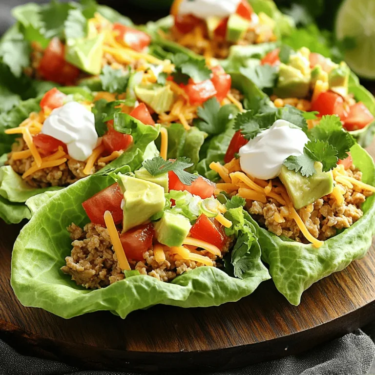 - Ground chicken - Lettuce leaves - Spices and seasonings For my Easy Chicken Taco Lettuce Wraps, I use ground chicken as the base. It cooks fast and absorbs flavors well. I choose romaine lettuce leaves for their crispness and strength. They hold the filling nicely. I mix in spices like cumin, chili powder, garlic powder, and onion powder. These add a warm, savory taste that makes each bite exciting. - Diced tomatoes - Shredded cheese - Diced avocado I love adding fresh toppings. Diced tomatoes bring juiciness and color. Shredded cheese adds a creamy texture. I prefer cheddar or a Mexican blend for extra flavor. Diced avocado gives a buttery richness that balances the spices perfectly. - Sour cream - Olive oil - Fresh cilantro To make my wraps even better, I use sour cream. It adds a cool contrast to the warm chicken. I cook the chicken in olive oil, which keeps it moist. Fresh cilantro is a must for garnish. It adds a burst of freshness that ties everything together. For the full recipe, check out the details above. First, gather your ingredients. You will need: - 1 pound ground chicken - 1 tablespoon olive oil - 1 teaspoon cumin - 1 teaspoon chili powder - 1 teaspoon garlic powder - 1 teaspoon onion powder - Salt and pepper to taste - 1 head of romaine lettuce, leaves separated - 1 cup diced tomatoes - 1 cup shredded cheese (cheddar or Mexican blend) - 1 avocado, diced - ½ cup sour cream - Fresh cilantro, for garnish Next, heat the olive oil in a large skillet over medium heat. This helps the chicken cook evenly and adds flavor. Now, add the ground chicken to the skillet. Cook it until it is browned and no longer pink. This should take about 5-7 minutes. Stir often to break up the meat into small pieces. Once the chicken is cooked, add the spices: cumin, chili powder, garlic powder, onion powder, salt, and pepper. Mix well so all the chicken gets coated with the spices. Continue cooking for another 3-4 minutes until the spices smell really good. To make the wraps, take a lettuce leaf and scoop some of the chicken mixture into the center. You want a nice amount, but don’t overfill it. Now, add your toppings. Sprinkle diced tomatoes, shredded cheese, and diced avocado on top. A dollop of sour cream adds creaminess, while fresh cilantro gives it a burst of flavor. Repeat this with the rest of your lettuce leaves and chicken mixture. For the full recipe, check the section above. Enjoy your easy chicken taco lettuce wraps! - Always ensure chicken is fully cooked before serving. It should be brown and no longer pink. - You can adjust spices for your personal taste. If you love heat, add more chili powder. - Serve your wraps with lime wedges for a fresh zing. - Use a colorful platter to make your meal inviting and fun. - Meal prep can save you time. Cook the chicken ahead and store it in the fridge. - Pre-chop your toppings like tomatoes and avocado. This makes assembly quick and easy. These little tips can make your cooking experience smoother and more enjoyable. Enjoy the fun of making your Easy Chicken Taco Lettuce Wraps! For the full recipe, check the recipe section above. {{image_2}} You can switch up the protein in these wraps. Ground turkey or beef works well. You can also use vegetarian options like black beans. Black beans add fiber and are full of flavor. Want to spice things up? Add some spicy salsa or hot sauce to your chicken. Lime juice or zest adds a fresh taste that brightens the dish. These simple tweaks keep your tacos exciting. Try using Greek yogurt instead of sour cream. It’s creamy and gives a tangy flavor. You can also add corn or diced bell peppers to the mix. These toppings bring color and crunch. For the full recipe, check out the details above. To keep your Easy Chicken Taco Lettuce Wraps fresh, refrigerate any leftovers in an airtight container. This helps prevent moisture loss and keeps flavors intact. For best quality, consume the leftovers within three days. After that, the taste and texture may decline. When you want to enjoy the chicken mixture again, reheat it on the stove. This method maintains the chicken's moisture and flavor. Just warm it gently over low heat. Before serving, freshen up your lettuce leaves. This adds a nice crunch to your wraps. If you want to save some for later, freeze the chicken mixture separately. This makes it easy to reheat just the right amount. When you're ready to eat, thaw the chicken overnight in the refrigerator. This slow thawing method helps keep the chicken juicy and flavorful. Easy Chicken Taco Lettuce Wraps stay fresh for about three days in the fridge. Store them in an airtight container. The chicken keeps its flavor well, but the lettuce may get soggy. To enjoy the wraps at their best, eat them within two days. Yes, you can prepare the chicken filling ahead of time. Cook it and let it cool. Store it in the fridge for up to three days. When you're ready to eat, just warm it up and assemble the wraps. You can also chop the toppings and store them in separate containers. These wraps pair well with various sides. Consider serving them with: - Black beans - Mexican rice - Guacamole and tortilla chips - Corn salad - Salsa with fresh tortilla chips These options add flavor and texture to your meal. To add heat, try these tips: - Add diced jalapeños to the chicken mix. - Use spicy taco seasoning. - Drizzle hot sauce over the finished wraps. - Serve with spicy salsa on the side. Adjust the spice to suit your taste! This blog post covered how to make easy chicken taco lettuce wraps. We discussed the main ingredients like ground chicken, spices, and fresh toppings. I shared step-by-step instructions for preparing, cooking, and assembling your wraps. Plus, I offered tips for presentation and variations based on your taste. These wraps are quick, tasty, and perfect for meals or snacks. Enjoy experimenting with flavors and toppings. You can make these wraps your own!