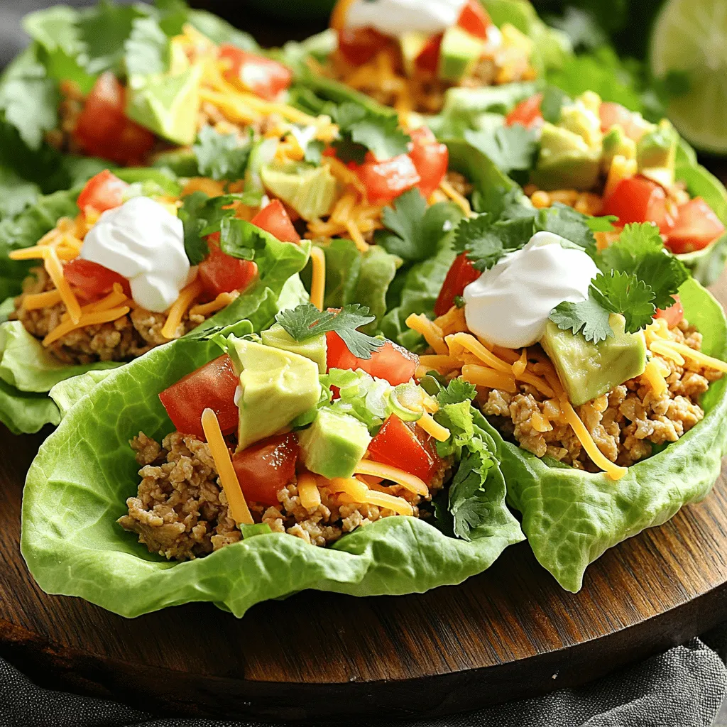 - Ground chicken - Lettuce leaves - Spices and seasonings For my Easy Chicken Taco Lettuce Wraps, I use ground chicken as the base. It cooks fast and absorbs flavors well. I choose romaine lettuce leaves for their crispness and strength. They hold the filling nicely. I mix in spices like cumin, chili powder, garlic powder, and onion powder. These add a warm, savory taste that makes each bite exciting. - Diced tomatoes - Shredded cheese - Diced avocado I love adding fresh toppings. Diced tomatoes bring juiciness and color. Shredded cheese adds a creamy texture. I prefer cheddar or a Mexican blend for extra flavor. Diced avocado gives a buttery richness that balances the spices perfectly. - Sour cream - Olive oil - Fresh cilantro To make my wraps even better, I use sour cream. It adds a cool contrast to the warm chicken. I cook the chicken in olive oil, which keeps it moist. Fresh cilantro is a must for garnish. It adds a burst of freshness that ties everything together. For the full recipe, check out the details above. First, gather your ingredients. You will need: - 1 pound ground chicken - 1 tablespoon olive oil - 1 teaspoon cumin - 1 teaspoon chili powder - 1 teaspoon garlic powder - 1 teaspoon onion powder - Salt and pepper to taste - 1 head of romaine lettuce, leaves separated - 1 cup diced tomatoes - 1 cup shredded cheese (cheddar or Mexican blend) - 1 avocado, diced - ½ cup sour cream - Fresh cilantro, for garnish Next, heat the olive oil in a large skillet over medium heat. This helps the chicken cook evenly and adds flavor. Now, add the ground chicken to the skillet. Cook it until it is browned and no longer pink. This should take about 5-7 minutes. Stir often to break up the meat into small pieces. Once the chicken is cooked, add the spices: cumin, chili powder, garlic powder, onion powder, salt, and pepper. Mix well so all the chicken gets coated with the spices. Continue cooking for another 3-4 minutes until the spices smell really good. To make the wraps, take a lettuce leaf and scoop some of the chicken mixture into the center. You want a nice amount, but don’t overfill it. Now, add your toppings. Sprinkle diced tomatoes, shredded cheese, and diced avocado on top. A dollop of sour cream adds creaminess, while fresh cilantro gives it a burst of flavor. Repeat this with the rest of your lettuce leaves and chicken mixture. For the full recipe, check the section above. Enjoy your easy chicken taco lettuce wraps! - Always ensure chicken is fully cooked before serving. It should be brown and no longer pink. - You can adjust spices for your personal taste. If you love heat, add more chili powder. - Serve your wraps with lime wedges for a fresh zing. - Use a colorful platter to make your meal inviting and fun. - Meal prep can save you time. Cook the chicken ahead and store it in the fridge. - Pre-chop your toppings like tomatoes and avocado. This makes assembly quick and easy. These little tips can make your cooking experience smoother and more enjoyable. Enjoy the fun of making your Easy Chicken Taco Lettuce Wraps! For the full recipe, check the recipe section above. {{image_2}} You can switch up the protein in these wraps. Ground turkey or beef works well. You can also use vegetarian options like black beans. Black beans add fiber and are full of flavor. Want to spice things up? Add some spicy salsa or hot sauce to your chicken. Lime juice or zest adds a fresh taste that brightens the dish. These simple tweaks keep your tacos exciting. Try using Greek yogurt instead of sour cream. It’s creamy and gives a tangy flavor. You can also add corn or diced bell peppers to the mix. These toppings bring color and crunch. For the full recipe, check out the details above. To keep your Easy Chicken Taco Lettuce Wraps fresh, refrigerate any leftovers in an airtight container. This helps prevent moisture loss and keeps flavors intact. For best quality, consume the leftovers within three days. After that, the taste and texture may decline. When you want to enjoy the chicken mixture again, reheat it on the stove. This method maintains the chicken's moisture and flavor. Just warm it gently over low heat. Before serving, freshen up your lettuce leaves. This adds a nice crunch to your wraps. If you want to save some for later, freeze the chicken mixture separately. This makes it easy to reheat just the right amount. When you're ready to eat, thaw the chicken overnight in the refrigerator. This slow thawing method helps keep the chicken juicy and flavorful. Easy Chicken Taco Lettuce Wraps stay fresh for about three days in the fridge. Store them in an airtight container. The chicken keeps its flavor well, but the lettuce may get soggy. To enjoy the wraps at their best, eat them within two days. Yes, you can prepare the chicken filling ahead of time. Cook it and let it cool. Store it in the fridge for up to three days. When you're ready to eat, just warm it up and assemble the wraps. You can also chop the toppings and store them in separate containers. These wraps pair well with various sides. Consider serving them with: - Black beans - Mexican rice - Guacamole and tortilla chips - Corn salad - Salsa with fresh tortilla chips These options add flavor and texture to your meal. To add heat, try these tips: - Add diced jalapeños to the chicken mix. - Use spicy taco seasoning. - Drizzle hot sauce over the finished wraps. - Serve with spicy salsa on the side. Adjust the spice to suit your taste! This blog post covered how to make easy chicken taco lettuce wraps. We discussed the main ingredients like ground chicken, spices, and fresh toppings. I shared step-by-step instructions for preparing, cooking, and assembling your wraps. Plus, I offered tips for presentation and variations based on your taste. These wraps are quick, tasty, and perfect for meals or snacks. Enjoy experimenting with flavors and toppings. You can make these wraps your own!