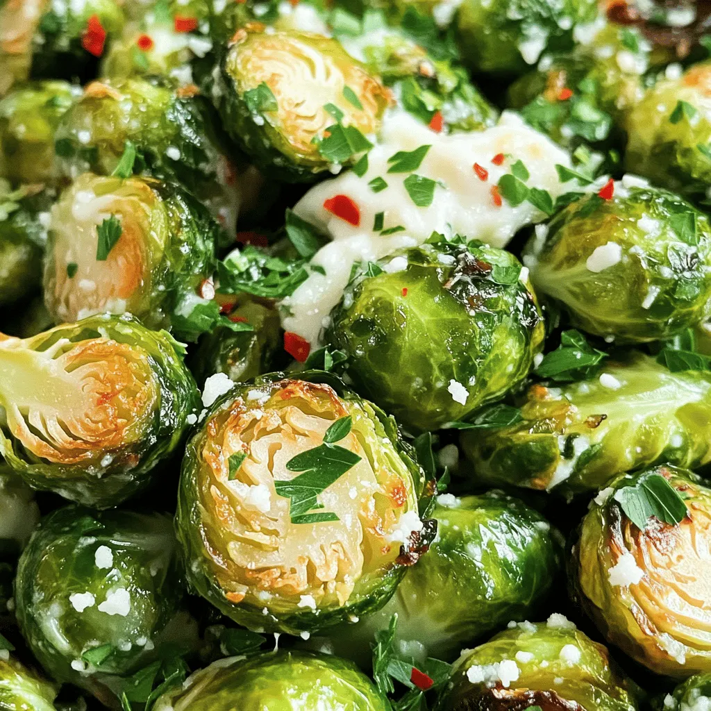 To make Garlic Parmesan Brussels sprouts, gather these ingredients for a tasty dish: - 1 lb Brussels sprouts, trimmed and halved - 4 cloves garlic, minced - 1/4 cup grated Parmesan cheese - 3 tablespoons olive oil - 1 teaspoon salt - 1/2 teaspoon black pepper - 1/2 teaspoon red pepper flakes (optional for heat) - Fresh parsley, chopped (for garnish) These amounts serve about four people. I always prefer fresh Brussels sprouts for this recipe. Fresh sprouts have a better taste and texture. You can find them at local markets. Look for bright green, firm sprouts. Avoid yellow or brown ones. If you use frozen Brussels sprouts, thaw them first. But keep in mind, they may not crisp up as well. Feel free to switch ingredients based on what you have. Here are some ideas: - For cheese, use pecorino or nutritional yeast for a vegan option. - Instead of olive oil, you can use avocado oil for a milder taste. - If you want more flavor, try adding lemon zest or balsamic glaze. These swaps can still give you great Garlic Parmesan Brussels sprouts. For the complete recipe, check the Full Recipe section. Start by trimming the Brussels sprouts. Cut off the stem end and remove any yellow leaves. Then, slice each sprout in half. This helps them cook faster and get crispy. Place the halved sprouts in a large bowl. Add minced garlic, olive oil, salt, black pepper, and red pepper flakes if you want some heat. Toss everything together until the sprouts are well-coated. This mixture is key for great flavor. Preheat your oven to 400°F (200°C). While it heats, prepare a baking sheet with parchment paper. Spread the Brussels sprouts in a single layer on the sheet. Make sure they have space between them. This helps them roast evenly. Roast the sprouts in the oven for about 20 minutes. Stir them halfway through for even cooking. You want them to turn golden brown and have crispy edges. The smell will be amazing! Once the Brussels sprouts are done roasting, take them out of the oven. Now, sprinkle the grated Parmesan cheese over the hot sprouts. This step is important. The heat helps the cheese melt slightly, making it stick to the sprouts. Toss them gently to mix. Finally, garnish with chopped parsley for a pop of color. Enjoy your Garlic Parmesan Brussels sprouts! For the full recipe, check the complete guide. When picking Brussels sprouts, look for small, firm, and bright green ones. Avoid any that are yellow or have dark spots. Fresh sprouts should feel heavy for their size. This means they are full of moisture and flavor. You can often find fresh Brussels sprouts at local farmer's markets. Choosing seasonal produce ensures you get the best quality. To make your Brussels sprouts crispy, cut them in half. This helps them roast evenly. Use enough olive oil to coat them well, but not too much. Too much oil can make them soggy. Spread them out on the baking sheet in a single layer. Avoid overcrowding; this will help them roast, not steam. Stirring halfway through roasting adds more crispiness. Garlic Parmesan Brussels sprouts go well with many dishes. They pair nicely with roasted chicken or grilled steak. You can also serve them alongside a hearty pasta. If you want a vegetarian option, try them with a grain bowl or a fresh salad. For extra flavor, add a squeeze of lemon juice. This brightens up the dish and enhances the garlic and cheese. Check out the Full Recipe for more tips! {{image_2}} You can easily add bacon to this dish. Chop some bacon and cook it in a pan until crispy. Add the cooked bacon to the Brussels sprouts before roasting. This gives a nice smoky flavor. You can also use pancetta or turkey bacon for a lighter option. Chicken or shrimp can work too! Just cook the protein first and mix it in with the sprouts. For a vegetarian twist, try adding nuts. Chopped walnuts or pecans add crunch and flavor. You can also toss in some chickpeas for protein. They roast nicely and add a hearty touch. If you want a creamy element, sprinkle in some goat cheese after roasting. It melts just right and tastes great with the garlic and cheese. To boost flavor, think about herbs. Fresh thyme or rosemary can add a lovely scent. You can mix in some lemon zest for brightness. A dash of balsamic vinegar can also enhance taste. If you like heat, try adding more red pepper flakes, or even cayenne. These little changes make a big difference. You can experiment with what you have on hand. Try your favorite spices to create your unique twist on this Garlic Parmesan Brussels Sprouts recipe. After you enjoy your Garlic Parmesan Brussels sprouts, store leftovers in an airtight container. Place them in the fridge within two hours of cooking. They will stay fresh for about three days. Make sure to let them cool down before sealing the container. This helps keep them crispy and tasty. When you're ready to enjoy your leftovers, there are a few great ways to reheat them. You can use an oven, air fryer, or skillet. Preheat your oven to 350°F (175°C). Spread the Brussels sprouts on a baking sheet and heat for about 10 to 15 minutes. If you use an air fryer, set it to 350°F (175°C) and cook for about 5 to 7 minutes. For a skillet, warm some olive oil over medium heat and add the sprouts. Stir until they are hot. If you want to save some for later, you can freeze them. First, let the Brussels sprouts cool completely. Spread them out on a baking sheet in a single layer and freeze for about 1 to 2 hours. This prevents them from sticking together. Once they are frozen, transfer them to a freezer-safe bag or container. They can last up to three months in the freezer. When you're ready to eat them, thaw in the fridge overnight and reheat as mentioned above. Enjoy your meal again with ease! For the full recipe and more details, check out the Garlic Parmesan Brussels Sprouts recipe. Yes, you can use other cheeses. Try using feta for a tangy twist. Cheddar adds a sharp flavor. If you want a creamy touch, use goat cheese. Each cheese brings its own taste, making the dish unique. Experiment with what you like best. To make this dish vegan, skip the Parmesan cheese. You can add nutritional yeast for a cheesy flavor. It gives a nice taste and is a great substitute. You can also use a store-bought vegan cheese. This way, you keep the dish tasty without dairy. These Brussels sprouts pair well with many meals. They go great with chicken or fish. Serve them alongside a hearty grain like quinoa or rice. You can also add a fresh salad for crunch. This dish shines as a side, making your meal colorful and delicious. For the full recipe, check out the detailed instructions above. This blog post covered everything about Garlic Parmesan Brussels Sprouts. You learned how to pick fresh sprouts, roast them, and achieve the perfect crispiness. We also explored tasty variations, such as adding bacon or herbs, and gave tips on storing leftovers. Brussels sprouts can be fun and easy to make. With these ideas, you can impress friends at your next meal. Enjoy your cooking and the delicious flavors you create.