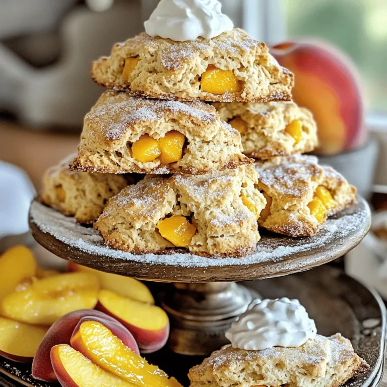 - 2 cups all-purpose flour - 1/4 cup granulated sugar - 1 tablespoon baking powder - 1/2 teaspoon salt - 1/2 cup unsalted butter, cold and cubed - 1/2 cup heavy cream - 1 teaspoon vanilla extract - 1 cup fresh peaches, peeled and diced - 1/2 teaspoon cinnamon (optional) - 1 egg, beaten (for egg wash) - Turbinado sugar for sprinkling Using the right ingredients is key to a great peach scone. The all-purpose flour gives structure. The sugar adds sweetness. Baking powder helps the scones rise. Salt enhances flavors. Cold butter creates flakiness. Heavy cream adds richness. Vanilla adds warmth. Fresh peaches bring juicy bites. Cinnamon is an optional spice that adds warmth. The egg wash gives a beautiful golden color. Turbinado sugar adds a nice crunch on top. You can swap all-purpose flour for whole wheat flour for a nuttier taste. Coconut sugar works well if you want less refined sugar. Baking soda can replace baking powder if you add an acid, like buttermilk. Use margarine instead of butter if needed. Almond milk or oat milk can replace heavy cream. You can add dried peaches if fresh ones aren’t available. If you want a different flavor, try lemon zest instead of vanilla. First, you need to heat your oven. Set it to 400°F (200°C). While it heats, grab a baking sheet. Line it with parchment paper. This will keep your scones from sticking. Next, take a large bowl. In it, whisk together these dry ingredients: - 2 cups all-purpose flour - 1/4 cup granulated sugar - 1 tablespoon baking powder - 1/2 teaspoon salt - 1/2 teaspoon cinnamon (optional) Mix them well. This step helps your scones rise. Now, let’s add the wet stuff. In another bowl, mix: - 1/2 cup heavy cream - 1 teaspoon vanilla extract Pour this mix into your dry ingredients. Stir gently until it just comes together. Then, fold in: - 1 cup fresh peaches, peeled and diced Be careful not to overmix. You want soft chunks of peach in your dough. Turn your dough onto a floured surface. Knead it gently about 5-6 times. Shape the dough into a circle, about 1 inch thick. Use a sharp knife or round cutter to cut out scones. You should have 8 pieces. They can be triangular or circular. Place the scones on the lined baking sheet. Brush the tops with: - 1 beaten egg Sprinkle with turbinado sugar for a nice crunch. Bake them for 15-18 minutes. They should be golden brown when done. Once baked, remove the scones from the oven. Let them cool on a wire rack. You can serve them warm or at room temperature. For added flair, present the scones on a tiered cake stand with peach slices and whipped cream. This makes a beautiful display! To make fluffy scones, you need to mix gently. Over-mixing can lead to dense scones. When you fold in the peaches, do it lightly. Aim for a soft dough, not a tough one. The key is to handle the dough with care. Cold ingredients are vital for scones. Use cold butter to get that flaky texture. This keeps the butter firm until baking. The cold cream also helps the dough rise. When mixed, the cold fat creates steam. This steam makes scones fluffy and light. You can boost flavor by adding spices or citrus. A pinch of cinnamon adds warmth to the scones. Zest from a lemon or orange brightens the taste. You can also try cardamom or nutmeg for a twist. Experiment with what you like best! For the full recipe, check out the Peachy Bliss Scones section. {{image_2}} You can swap peaches for other fruits. Try blueberries, raspberries, or even apples. Each fruit gives a unique taste. Blueberries add a burst of sweetness. Raspberries bring a slight tartness. Apples add a nice crunch and flavor. Mix and match for fun. Each variation keeps the scone moist and tasty. Gluten-free eaters can enjoy scones too! Use gluten-free flour blends instead of regular flour. Look for blends that have xanthan gum. This helps mimic the texture of wheat flour. You may need to add a bit more liquid if the dough is dry. Follow the same steps in the full recipe, and you will have gluten-free scones! Scones can be sweet or savory. For sweet scones, add chocolate chips or dried fruits. Try nuts for added crunch. For savory scones, use cheese and herbs. You could mix in cheddar and chives for a delicious twist. Sweet or savory, these options create a fun experience. Enjoy exploring the flavors! To keep your peach scones fresh, store them in an airtight container. This helps maintain their softness. Place a piece of parchment paper between layers if stacking. Keep the container at room temperature for up to two days. If you want them to last longer, consider refrigerating them for up to a week. Freezing is a great way to save scones for later. First, let the scones cool completely. Then, wrap each scone tightly in plastic wrap. After that, place them in a freezer-safe bag or container. You can freeze them for up to three months. When you’re ready to enjoy them, just take out the desired amount. To reheat your scones, place them on a baking sheet. Preheat your oven to 350°F (175°C). Bake for about 5 to 10 minutes until warm. You can also microwave them for 10 to 15 seconds for a quick snack. Enjoy them warm for the best flavor. For the full recipe, check out the Peachy Bliss Scones section. You know scones are done when they turn golden brown. The tops should look crisp, and the edges should not be soft. You can also tap the bottom of a scone. If it sounds hollow, it’s ready to come out. Use a toothpick to check inside; it should come out clean. Yes, you can make the dough ahead of time. Prepare it, then wrap it tightly in plastic wrap. Keep it in the fridge for up to 24 hours. This can help the flavors blend well. Just remember to let it sit at room temperature for about 10 minutes before you shape it. You can serve peach scones with various toppings. Some great options include butter, clotted cream, or whipped cream. Fresh peach slices also make a nice side. A drizzle of honey or a sprinkle of powdered sugar adds a sweet touch. Pairing it with tea or coffee makes for a lovely treat. To store leftover scones, place them in an airtight container. Keep them at room temperature for up to two days. If you want them fresh longer, freeze them. Wrap each scone in plastic wrap, then place them in a freezer bag. Thaw them overnight in the fridge before serving. You learned about the key parts of making scones. We covered ingredients, measurements, and good substitutions. Then, I shared step-by-step instructions to bake perfect peach scones. I gave tips on making them fluffy and suggested ways to add flavors. You also saw different variations and storage methods. Keep these ideas in mind. With practice, your scones will turn out great each time. Enjoy baking!