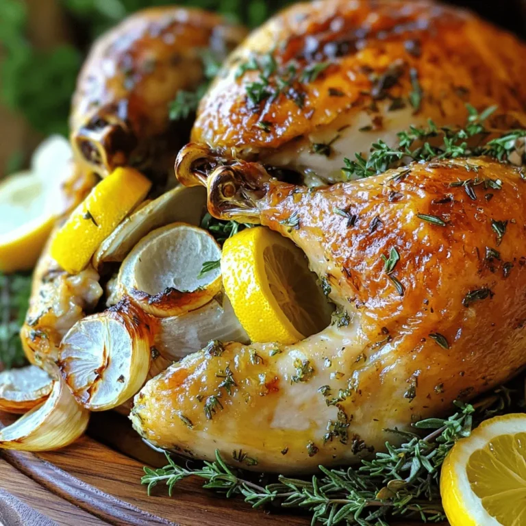 To make this dish, you need simple and fresh ingredients. Here’s what you'll need: - 1 whole chicken (about 4-5 lbs) - 2 lemons (one for juicing, one for slicing) - 4 tablespoons olive oil - 4 cloves garlic, minced - 1 tablespoon fresh rosemary, chopped - 1 tablespoon fresh thyme, chopped - 1 tablespoon fresh parsley, chopped - Salt and pepper, to taste - 1 large onion, quartered - 1 cup chicken broth This mix brings out bright flavors and makes the chicken delicious. The lemon juice adds zing, while the herbs give it depth. You can boost the taste with a few extra ingredients. Try adding: - 1 teaspoon paprika for a smoky touch - 1 tablespoon Dijon mustard for a hint of tang - A pinch of chili flakes for some heat These additions can personalize your dish and make it even more exciting. Pair your chicken with sides that complement its flavors. Here are some great options: - Roasted vegetables like carrots and potatoes - A green salad with a light vinaigrette - Garlic bread to soak up the tasty juices These sides create a balanced meal and make dinner feel special. For the full recipe, check out the details above. First, gather your ingredients. You need a whole chicken, lemons, olive oil, garlic, and herbs. I love using fresh rosemary, thyme, and parsley. These add great flavor. Start by preheating your oven to 425°F (220°C). Next, pat the chicken dry with paper towels. This helps the skin crisp up while roasting. Place the chicken in a roasting pan. In a bowl, mix olive oil, juice from one lemon, minced garlic, and the chopped herbs. Add salt and pepper to taste. This mix is packed with flavor! Now, rub this mixture all over the chicken. Make sure to get it under the skin. This step is key for juicy meat. Stuff the chicken's cavity with the quartered onion and sliced lemon. This adds moisture and aroma while cooking. Pour chicken broth into the roasting pan. This keeps the chicken moist. Next, tie the chicken legs together with kitchen twine. Tuck the wing tips under the bird. This helps the chicken cook evenly. Roast the chicken in your preheated oven. It should take about 1 hour and 15 minutes. Use a meat thermometer to check that it hits 165°F (74°C). Halfway through, baste the chicken with pan juices. This adds extra flavor and moisture. Once done, take the chicken out of the oven. Let it rest for 10-15 minutes before carving. This helps the juices settle. For carving, use a sharp knife. Start with the legs, then move to the breast. For a lovely presentation, place the carved chicken on a large platter. Add fresh lemon slices and sprinkle more herbs on top. Serve with sides like roasted vegetables or a green salad for a complete meal. For the full recipe, check the details above. To make your Lemon Herb Roasted Chicken burst with flavor, start with fresh herbs. Fresh rosemary, thyme, and parsley work best. They add a bright taste that dried herbs can’t match. Always rub the herb mix under the chicken skin. This step seals in the flavors. Squeeze the juice of one lemon over the chicken too. The lemon gives a nice tang and helps balance the richness of the meat. Juiciness is key to a great roasted chicken. First, make sure to pat the chicken dry. This helps the skin crisp up. Pour chicken broth into the pan before roasting. This broth creates steam, keeping the meat moist. Basting the chicken with its pan juices halfway through cooking adds flavor and moisture. Finally, let the chicken rest after roasting. This step helps the juices settle for a tender bite. One common mistake is not preheating the oven. Always preheat to 425°F (220°C) to ensure even cooking. Don’t skip the kitchen twine either. Tying the legs helps the chicken cook evenly. Avoid opening the oven too often, as this lets heat escape. Lastly, don’t rush the resting time after cooking. This time allows for a juicier chicken. For a complete guide, check out the Full Recipe. {{image_2}} You can mix up your herbs for new tastes. Instead of rosemary, try sage or dill. These herbs give a different feel to the chicken. You can also use dried herbs. They work well if you do not have fresh ones. Just use one-third of the amount. This change keeps the dish fresh and fun. You can roast this chicken in many ways. An air fryer cooks it quick and gives a nice crisp skin. Cook at 375°F for about 50 minutes. A slow cooker is another option. Cook on low for 6 to 8 hours. This method keeps the chicken super juicy and tender. Each method has its charm, making dinner easy and tasty. This lemon herb roasted chicken is already gluten-free. You can enjoy it safe without worry. For a keto diet, skip any starchy sides. Instead, serve it with a salad or steamed veggies. This keeps your meal low in carbs but high in flavor. You can enjoy a delicious meal that fits your needs! For the full recipe, check out [Full Recipe]. After enjoying your lemon herb roasted chicken, store the leftovers. Let the chicken cool first. Place it in an airtight container. Keep it in the fridge. Use the leftovers within three to four days. You can shred the meat for salads or sandwiches. This way, you avoid waste and enjoy tasty meals. If you want to save your chicken longer, freezing is a great option. Cut the chicken into portions. Wrap each piece tightly in plastic wrap. Then, place the wrapped chicken in a freezer bag. Remove as much air as possible. Label the bag with the date. When you're ready to eat, thaw it overnight in the fridge. Reheat the chicken in the oven at 350°F (175°C) until warm. This will keep it juicy and delicious. Lemon herb roasted chicken lasts in the fridge for three to four days. If frozen, it stays good for about four months. After that, the quality may drop. Always check for any off smells or changes in texture before eating. Keeping track of how long it’s been stored helps ensure your meals stay safe and tasty. You can tell when the chicken is done by checking its temperature. Use a meat thermometer to check the thickest part of the thigh. The safe internal temperature is 165°F (74°C). If the juices run clear, it is also a good sign. Always let the chicken rest after cooking. This allows the juices to spread and keeps the meat moist. Yes, you can use chicken parts. Thighs, breasts, or drumsticks work well. Just adjust the cooking time. Smaller pieces will cook faster, so keep an eye on them. They may take about 30 to 45 minutes to cook through. Ensure each piece reaches 165°F (74°C) for safety. If you don’t have fresh herbs, you can use dried ones. Use about one-third of the amount of dried herbs compared to fresh. For example, if the recipe calls for one tablespoon of fresh rosemary, use one teaspoon of dried rosemary. Dried herbs can still add great flavor. Experiment with different ones to find your favorite mix. For the complete cooking process, check out the Full Recipe. Lemon herb roasted chicken is a delightful dish you can easily make at home. We covered the key ingredients and how to prepare and roast your chicken for the best taste. I shared tips for keeping the chicken juicy and avoiding common mistakes. I also highlighted variations for unique flavors and dietary needs and provided storage information for leftovers. Remember, cooking is about enjoyment. Experiment and have fun with this recipe to make it your own. Enjoy your delicious meal!