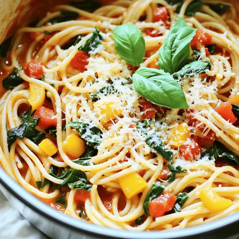 For this easy One Pot Spaghetti, you need: - 8 oz spaghetti - 1 tablespoon olive oil - 3 cloves garlic, minced - 1 small onion, finely chopped - 1 bell pepper, diced (any color) - 1 can (14 oz) diced tomatoes, with juices - 2 cups vegetable broth - 1 teaspoon dried oregano - 1 teaspoon dried basil - 1/2 teaspoon red pepper flakes (optional) - Salt and pepper to taste - 1 cup fresh spinach - Grated Parmesan cheese for serving (optional) - Fresh basil leaves for garnish You can swap ingredients to fit your taste or needs. Use whole wheat spaghetti for a healthier option. If you lack olive oil, try avocado oil or butter instead. For garlic, garlic powder works in a pinch. Instead of bell pepper, you can use zucchini or mushrooms. Canned tomatoes can be replaced with fresh tomatoes or tomato sauce. If you want a richer flavor, use chicken broth instead of vegetable broth. This recipe can easily fit many diets. To make it vegan, skip the Parmesan cheese. For gluten-free options, use gluten-free spaghetti. This dish is packed with veggies, making it great for a balanced meal. It also offers a good source of fiber from the spinach and whole grains if using whole wheat spaghetti. Enjoy making this healthy dish that everyone will love! You can find the Full Recipe for detailed steps to make this dish. 1. Start by heating the olive oil in a large pot over medium heat. 2. Add minced garlic and chopped onion. Sauté them for 2 to 3 minutes. The onion should be soft and clear. 3. Next, toss in the diced bell pepper. Cook for another 2 to 3 minutes, stirring often. 4. Pour in the can of diced tomatoes with juice. Add the vegetable broth, oregano, basil, and red pepper flakes if you like heat. Season with salt and pepper. Stir everything well. 5. Bring the mix to a boil. Now, add the spaghetti. Make sure it is fully covered by the liquid. 6. Lower the heat, cover the pot, and let it simmer for 10 to 12 minutes. Stir occasionally to keep it from sticking. 7. After the spaghetti is just right, mix in the fresh spinach. Cook for 2 more minutes until the spinach wilts. 8. Take the pot off the heat and let it sit for a few minutes. This makes it thicker and tastier. 9. Serve warm. Top it with grated Parmesan cheese and fresh basil leaves. - Use the right amount of liquid. Too little can lead to dry pasta. - Stir the spaghetti often while cooking. This helps it cook evenly. - Check the spaghetti a minute or two before the time is up. It should be firm but not hard. - Let it sit after cooking. This helps the sauce soak into the pasta. - Do not skip the sautéing step. It builds rich flavors. - Avoid cooking at too high a heat. This may burn the pasta. - Don’t forget to stir frequently. This keeps the spaghetti from clumping. - Measure your ingredients. Too much or too little can change the taste and texture. For the full recipe, check out One Pot Spaghetti Delight. To save time, gather all your ingredients first. This makes cooking smooth and easy. Use pre-chopped veggies if you can. You can also use a garlic press for quick peeling. A good tip is to boil water while you chop. This cuts down on prep time. Start by sautéing garlic and onion in olive oil. This brings out their rich flavors. Add your spices early to let them bloom. When you add the tomatoes and broth, stir well. This mixes the flavors. Remember to taste as you go. Adjust salt and pepper for the best taste. A large pot is key for this dish. Use a wooden spoon to stir. This prevents scratching the pot. A sharp knife helps with chopping. A cutting board keeps your area tidy. Lastly, have measuring cups handy for precise amounts. {{image_2}} You can easily make One Pot Spaghetti your own. Just change a few ingredients. For example, swap the bell pepper with zucchini or mushrooms. You can also use different cheese. Try feta or mozzarella for a new flavor. If you want more protein, add cooked chicken, shrimp, or beans. This dish is flexible and fun! To change the taste, think about herbs and spices. You can add fresh herbs like parsley or thyme. If you like heat, toss in more red pepper flakes. Want a smoky flavor? Add some smoked paprika. For a hint of sweetness, include a splash of balsamic vinegar. Each choice brings a new twist to this dish. If you need a low-carb option, use spiralized zucchini instead of pasta. This keeps the meal light and fresh. For a vegan version, skip the cheese and use vegetable broth. You can also add chickpeas for protein. These quick swaps let everyone enjoy this dish, no matter their diet. Check out the Full Recipe to get started on your One Pot Spaghetti adventure! Storing leftover One Pot Spaghetti is simple. First, let it cool down. Then, place it in an airtight container. Make sure to cover it well to keep it fresh. Store it in the fridge for up to 3 days. If you want to keep it longer, freezing is a good option. To reheat your spaghetti, use a saucepan or a microwave. If using a saucepan, add a splash of water or broth. Heat it over low heat, stirring occasionally. This helps it warm evenly and prevents sticking. If using a microwave, cover the bowl with a microwave-safe lid. Heat in short bursts, stirring in between, until it's hot throughout. Freezing One Pot Spaghetti is a great way to save meals. Use a freezer-safe container or heavy-duty freezer bag. Make sure to leave some space for expansion. Label the container with the date to keep track. It can last up to 2 months in the freezer. When ready to eat, let it thaw in the fridge overnight. Reheat it as mentioned above for the best taste. The best way to cook spaghetti in one pot is to keep it simple. Start by heating olive oil in a large pot. Add garlic and onion, then sauté until soft. Next, add your bell pepper and cook for a few minutes. Pour in diced tomatoes and vegetable broth. Season with oregano, basil, and red pepper flakes. Then, bring it all to a boil. Once boiling, add the spaghetti. Ensure the pasta is fully submerged in the liquid. Simmer until the spaghetti is al dente. This method keeps flavors rich and saves time on cleanup. Yes, you can make One Pot Spaghetti ahead of time. Cook it as per the recipe and let it cool. Once cool, store it in an airtight container in the fridge. It can last for up to three days. When you are ready to eat, simply reheat it on the stove or in the microwave. Add a splash of broth to keep it moist. This makes it a great option for meal prep or quick dinners on busy nights. To make your One Pot Spaghetti creamier, you can add a few simple ingredients. Try adding a splash of heavy cream or a dollop of cream cheese. Stir these in just before serving. Another option is to mix in some shredded cheese, like mozzarella or Parmesan. This will create a rich, creamy texture. You can also try using a starchy pasta cooking water which helps to thicken the sauce. Each of these methods adds a delightful creaminess to your dish! This article covered how to make simple, tasty one-pot spaghetti. We discussed key ingredients, including substitutions for diets like vegan and gluten-free. I shared detailed cooking steps and tips to get great texture. You learned common pitfalls and how to avoid them. Always feel free to make your dish unique with different flavors. Don't forget to consider storage options for leftovers. Mastering one-pot spaghetti means enjoying a fast, delicious meal. You have the skills to impress everyone.