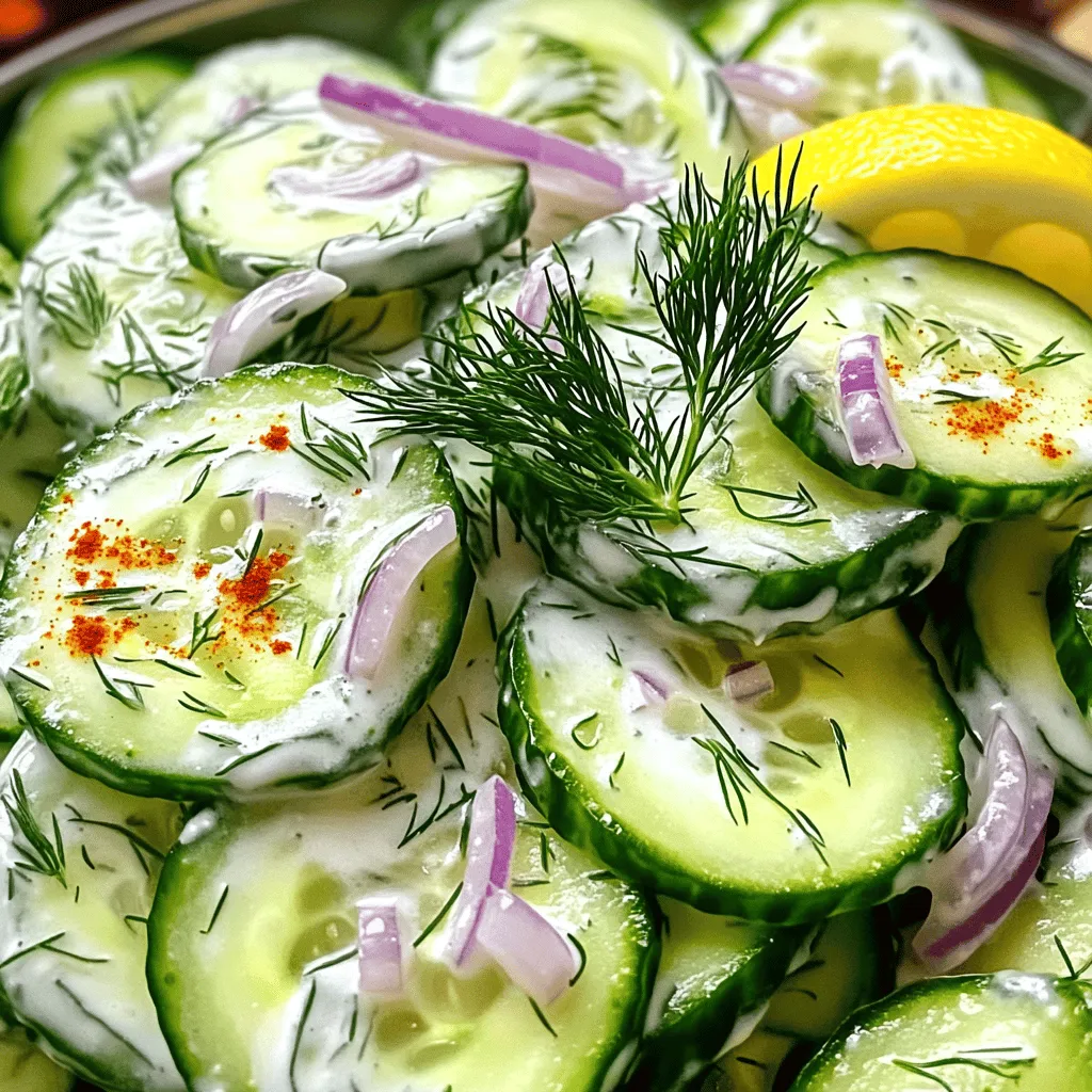 To make a creamy cucumber salad, gather these fresh ingredients: - 2 large cucumbers, thinly sliced - 1 cup Greek yogurt - 1 tablespoon fresh dill, chopped - 1 tablespoon lemon juice - 1 clove garlic, minced - 1/4 cup red onion, thinly sliced These ingredients bring a delightful balance of flavors. The cucumbers add a crunchy texture, while Greek yogurt provides creaminess. Fresh dill gives a burst of flavor, and lemon juice adds brightness. Garlic adds depth, and red onion offers a slight bite. You will also need some pantry staples: - 1 tablespoon olive oil - 1 tablespoon apple cider vinegar - Salt and pepper to taste Olive oil adds richness, while apple cider vinegar brings a tangy kick. Salt and pepper enhance all the flavors in the salad. These simple ingredients help you create a dish that feels special without being complicated. My recipe, Creamy Cucumber Delight, makes it easy to put everything together for a fresh and crisp delight. First, slice the cucumbers thinly. If the skin is tough, peel it off. Place the cucumber slices in a large bowl and sprinkle them with a little salt. Let them sit for about 10 to 15 minutes. This step helps draw out excess moisture. When the time is up, pat the slices dry with paper towels to remove any water. This keeps your salad crisp. While the cucumbers rest, we can make the creamy dressing. In a separate bowl, mix 1 cup of Greek yogurt, 1 tablespoon of fresh dill, 1 tablespoon of lemon juice, 1 clove of minced garlic, and 1 tablespoon of olive oil. Whisk these ingredients together until smooth. Make sure to season with salt and pepper to your liking. This dressing adds a rich flavor to the salad. Once the cucumbers are dry, it's time to combine everything. Add the cucumber slices and 1/4 cup of thinly sliced red onions to the bowl with the dressing. Toss gently to ensure all slices are well coated with the creamy mixture. To let the flavors meld, refrigerate the salad for at least 30 minutes before serving. This waiting time makes each bite even more delicious. For the full recipe, check the section above. To get that perfect crunch in your creamy cucumber salad, slicing is key. I recommend cutting your cucumbers thinly, about 1/8 inch thick. This way, they stay crisp and soak up the dressing nicely. If your cucumbers have tough skin, peel them first. Drawing out moisture is also important. After slicing, sprinkle the cucumber slices with salt and let them sit for 10-15 minutes. This process helps remove excess water, keeping your salad from becoming soggy. Elevating the dressing can make a big difference. I love adding a splash of white wine vinegar or a pinch of smoked paprika to the mix. These small changes can bring out new flavors in the creamy dressing. Using seasonal herbs also boosts the taste. Fresh mint or basil can add a lovely twist to the salad. Experiment with whatever herbs you have on hand for a unique touch. For a creative presentation, serve the salad in a chilled bowl. Garnish it with a sprig of fresh dill on top. This not only looks good but also adds a burst of freshness. Pairing options are endless! This salad goes nicely with grilled chicken or fish. You can even serve it with crusty bread for a light meal. For a picnic, pack it in a jar for easy transport. For the full recipe, check out the details above and enjoy your delicious creation! {{image_2}} You can switch up the creamy base in your dressing. Instead of Greek yogurt, try sour cream or cottage cheese. These options still give you that rich texture. You can also use vegan yogurt. Herbs and spices can add fun twists. While dill is classic, fresh mint or parsley can brighten the salad. A pinch of paprika or cumin can add warmth too. Don't hesitate to experiment! To make your salad more filling, add some protein. Grilled chicken, shrimp, or chickpeas work well. Each option brings a new flavor and texture. You can also try crumbled feta or shredded cheese for a creamy touch. Consider adding nuts or seeds. Sliced almonds or sunflower seeds add crunch and nutrition. They can make the salad heartier and more satisfying. You can change the salad with fresh veggies based on the season. In spring and summer, add tomatoes, bell peppers, or radishes. These veggies add color and crunch. In the fall and winter, think about roasted vegetables. Roasted carrots or squash can add warmth to your dish. You can even toss in some apples for a sweet twist. For the full recipe, be sure to check out Creamy Cucumber Delight! To keep your creamy cucumber salad fresh, use airtight containers. Glass containers work well, as they do not absorb odors. Make sure to store the salad in the fridge right away. I recommend eating it within three days for the best flavor. Can this salad be frozen? No, it is best not to freeze it. Cucumbers contain a lot of water, so they become mushy when thawed. If you want to freeze the dressing, that is okay. Mix the yogurt, dill, lemon juice, garlic, and oil, then freeze it. When ready to use, thaw it in the fridge overnight. Always add cucumbers fresh to keep that crisp texture. For optimal taste, make the salad fresh from the ingredients. For more details, check out the Full Recipe! How long does creamy cucumber salad last? Creamy cucumber salad lasts about 2-3 days in the fridge. Store it in an airtight container. After a day, the cucumbers may become softer. To keep them crisp, eat it sooner. Can I make it ahead of time? Yes, you can make creamy cucumber salad ahead of time. It tastes better when the flavors meld. Prepare it the day before, but add cucumbers just before serving. This keeps them fresh and crunchy. What are the calories in creamy cucumber salad? One serving of creamy cucumber salad has around 100-150 calories. The exact amount depends on the yogurt and oil you use. The salad is light and refreshing, making it great for any meal. Is it gluten-free? Yes, creamy cucumber salad is gluten-free. All the ingredients are safe for those with gluten intolerance. Enjoy it without worry! Vegan modifications and substitutions To make it vegan, swap Greek yogurt for a plant-based yogurt. You can also use tahini or cashew cream for a rich texture. Adjust the flavors with herbs and spices as needed. Allergens to consider with this recipe This recipe contains dairy from Greek yogurt. If you have a dairy allergy, use a dairy-free yogurt. Garlic and onion can also cause issues for some people, so adjust based on your needs. This blog post covered the essentials for making a creamy cucumber salad. You learned about the fresh ingredients and pantry staples needed. I provided step-by-step instructions, tips for texture, and ways to enhance flavor. You also explored variations and how to store the salad properly. Now, you possess the knowledge to create your own refreshing dish. Enjoy the process and feel free to customize it to your taste!