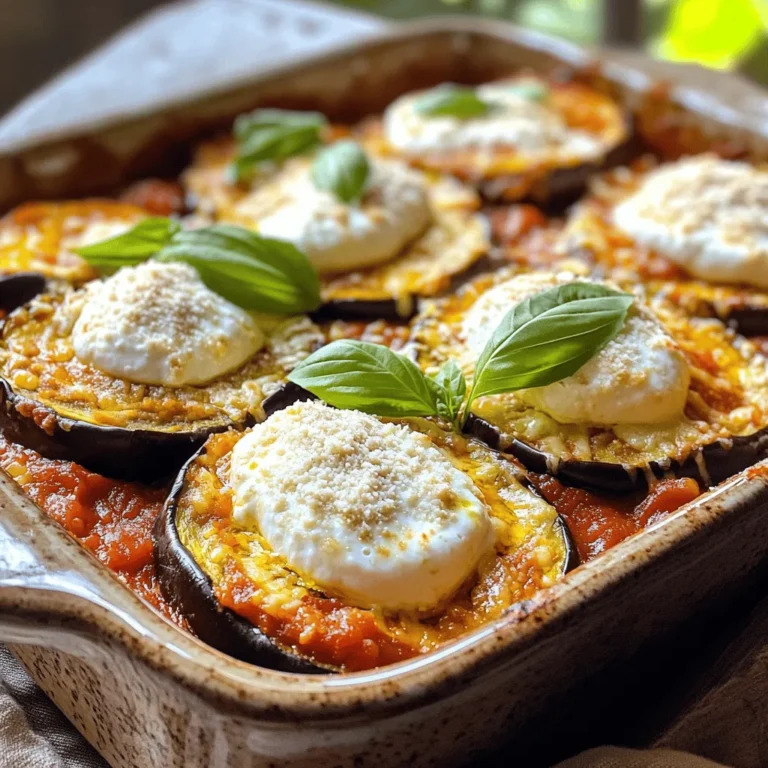 To make a great classic eggplant parmesan, you need some key ingredients. Here’s what you will need: - 2 medium eggplants, sliced into ½ inch rounds - Salt, for sweating the eggplants - 2 cups marinara sauce - 2 cups ricotta cheese - 2 cups shredded mozzarella cheese - 1 cup grated Parmesan cheese - 1 cup all-purpose flour - 3 large eggs, beaten - 2 cups breadcrumbs (preferably Italian seasoned) - 1 teaspoon dried oregano - 1 teaspoon dried basil - Olive oil, for frying - Fresh basil leaves, for garnish These ingredients create layers of flavor and texture that make the dish truly special. You can make your eggplant parmesan even better with a few extras. Here are some options: - Sliced mushrooms: They add earthiness. - Zucchini: For a twist and more veggies. - Spinach: A great way to add nutrients. - Red pepper flakes: For a spicy kick. - Fresh herbs: Like thyme or parsley for freshness. Adding these will bring new tastes and make it your own. Not all of us have every ingredient on hand. Here are some easy swaps: - Eggplant: Use zucchini or cauliflower for a different base. - Ricotta cheese: Cottage cheese works well too. - Breadcrumbs: Crushed crackers or oats can replace them. - Marinara sauce: Any tomato sauce or homemade sauce will do fine. - Cheese: Use any cheese you like, such as gouda or cheddar. These substitutions will help you create a delicious dish, even if you’re missing something. For the full recipe and detailed steps, check out the Full Recipe. Start by slicing the eggplants into ½ inch rounds. Lay them on paper towels. Sprinkle salt on each slice. This step helps to draw out moisture. Let them sit for about 30 minutes. After that, rinse each slice under cold water. Pat them dry with paper towels. This process keeps the eggplant from becoming soggy in the dish. Next, you need to set up three shallow dishes. In the first dish, add all-purpose flour. In the second dish, place the beaten eggs. In the last dish, mix breadcrumbs with dried oregano and basil. This setup will make breading the eggplant easy and fun. Now it’s time to fry! Heat olive oil in a large skillet over medium heat. Take each eggplant slice. First, coat it in flour. Then, dip it in the beaten eggs. Finally, coat it with the breadcrumb mix. Press down gently to make sure it sticks. Fry the slices in batches for about 3-4 minutes on each side. They should turn golden brown and crispy. Once fried, transfer them to a paper towel-lined plate to drain any excess oil. Follow these steps for a perfect Eggplant Parmesan. This dish is hearty and full of flavor. You can find the Full Recipe for more details on assembling and baking. When you begin to assemble your Eggplant Parmesan, think about the layers. Start with a layer of marinara sauce on the bottom of your baking dish. This sauce keeps the eggplant moist. Then, layer half of your fried eggplant slices. Spread dollops of ricotta cheese evenly. Sprinkle a mix of mozzarella and Parmesan cheese over that. Repeat these layers until you finish with sauce and a topping of cheese. This method adds depth to every bite. Baking is crucial for a good Eggplant Parmesan. Preheat your oven to 375°F (190°C). Cover your baking dish with aluminum foil. This traps steam and helps melt the cheese. Bake for 25 minutes. After that, remove the foil and bake for another 15-20 minutes. This step makes the cheese golden and bubbly. Keep an eye on it so it doesn’t burn. Once baked, let your dish cool for about 10 minutes. This cooling time helps it set. Garnish with fresh basil leaves for a pop of color. Serve it in a pretty casserole dish. Pair it with a side salad or crusty bread. This makes for a complete meal. For the full recipe, revisit the steps for a delicious experience. {{image_2}} When making Eggplant Parmesan, watch out for a few common mistakes. First, don’t skip the salting step. Salting draws out moisture and bitterness. If you skip it, your eggplant can end up wet and soggy. Second, avoid overcrowding the pan when frying. This can lower the oil temperature and lead to greasy eggplant. Finally, don’t rush the cooling time after baking. Letting it sit helps the layers meld together. Frying eggplant can be tricky, but it’s key for a great dish. Start by heating your oil to the right temperature. A good test is to drop a breadcrumb in the oil; it should sizzle. Use a large skillet to give each slice space. Fry each piece for about 3-4 minutes until golden brown. Flip them gently to keep the coating intact. Drain the cooked eggplant on paper towels to remove excess oil. You can make Eggplant Parmesan ahead of time. Assemble the dish but don’t bake it right away. Cover it tightly and refrigerate for up to 24 hours. When you’re ready to bake, add an extra 10-15 minutes to the cooking time. To reheat leftovers, preheat your oven to 350°F (175°C). Cover with foil to prevent drying out and heat for about 20 minutes. Enjoy your delicious meal again! You can make a vegan version of eggplant parmesan that is still rich in flavor. Start by replacing the cheeses. Use cashew cheese or a store-bought vegan cheese. Both options melt well and give a creamy texture. For the egg wash, blend silken tofu with a bit of water. This will help the breadcrumbs stick. Also, use a marinara sauce that is free from any dairy products. If you want to change up the taste, consider using different cheeses. Goat cheese adds a tangy flavor that pairs well with eggplant. For a sharper taste, try aged cheddar or gouda. You can also use a mix of mozzarella and fontina for creaminess. Each cheese brings its own charm, so don’t be afraid to experiment. If you need gluten-free options, it's easy to adapt. Substitute the all-purpose flour with almond flour or gluten-free flour. For breadcrumbs, use gluten-free breadcrumbs or crushed gluten-free crackers. Make sure to check your marinara sauce too. Some sauces contain hidden gluten, so read the label carefully. These swaps keep the dish delicious while meeting dietary needs. You can find the full recipe to guide you through every step! To keep eggplant from becoming soggy, you need to sweat it first. This means you sprinkle salt on the slices and let them sit for about 30 minutes. The salt draws out moisture. After that, rinse and pat the slices dry with paper towels. This step is key for a crispy finish in your dish. Yes, you can freeze Classic Eggplant Parmesan. After baking, let it cool completely. Then, wrap it tightly in plastic wrap and foil. You can freeze it for up to three months. When you are ready to eat, just thaw it in the fridge overnight. Reheat in the oven to bring back its delicious taste. Eggplant Parmesan pairs well with a simple side salad. A fresh green salad with a light vinaigrette balances the dish nicely. You can also serve it with garlic bread or crusty Italian bread. These sides help soak up the tasty marinara sauce. If you want, add some roasted vegetables for extra flavor and nutrition. For the full recipe, check out the details above. This blog post covered how to make classic eggplant parmesan. We discussed the key ingredients, cooking steps, and assembly tips. I also shared useful tricks to avoid common mistakes. You can try fun variations like vegan or gluten-free options. In the kitchen, your creativity can shine. With practice, you will master this dish. Enjoy experimenting with flavors and techniques. Happy cooking!