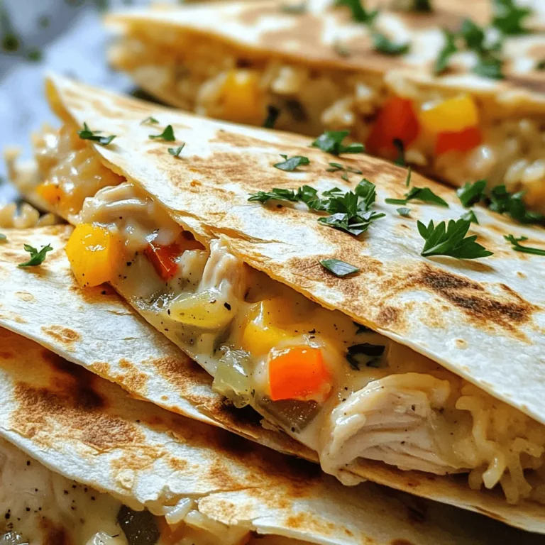 - 2 cups cooked chicken, shredded - 1 cup cooked rice (white or brown) - 1 cup Alfredo sauce (store-bought or homemade) - 4 large flour tortillas - 1 cup shredded mozzarella cheese - 1/2 cup shredded cheddar cheese - 1 teaspoon garlic powder - 1 teaspoon Italian seasoning - Salt and pepper to taste - 1 small onion, finely chopped - 1 bell pepper, diced (any color) - Fresh parsley, chopped (for garnish) For this Chicken and Rice Skillet Alfredo Quesadilla, you start with simple and delicious ingredients. First, you need cooked chicken. Shred it into small pieces. You can use leftover chicken or roast some fresh. Next, you want rice. White or brown rice works well. It adds a nice base to your quesadilla. The Alfredo sauce gives a creamy texture. You can grab a jar from the store or make your own. This sauce is key for flavor. Now, choose your tortillas. Large flour tortillas hold everything together nicely. Next, cheese! Mozzarella cheese melts beautifully. Cheddar cheese adds a sharp taste. Combine these for a cheesy delight. Garlic powder and Italian seasoning give it a flavorful kick. Don’t forget salt and pepper to taste. Now let’s add some crunch! Chop a small onion and a bell pepper. They bring freshness and color. Finally, sprinkle fresh parsley on top for a pop of green. This adds flavor and looks great on your plate. With these ingredients, you will create a tasty and satisfying meal. You can follow the Full Recipe for detailed steps to make this dish come to life! - Heat olive oil in a skillet. - Sauté onion and bell pepper until softened. In a large skillet, I start by heating the olive oil over medium heat. The oil helps to create a nice base for the vegetables. I add in the chopped onion and diced bell pepper. As they cook, they become soft and a bit sweet. This usually takes about 5 to 7 minutes. The smell is wonderful and sets the stage for the rest of the dish. - Combine chicken, rice, Alfredo sauce, cheeses, and seasonings. - Season with salt and pepper. Next, I grab a large bowl. I mix the cooked chicken, rice, Alfredo sauce, mozzarella cheese, and cheddar cheese. I also add in the sautéed onion and bell pepper from earlier. To enhance the flavor, I sprinkle in garlic powder and Italian seasoning. A quick taste test helps me decide how much salt and pepper to add. The mixture should be creamy and packed with flavor. - Assemble quesadillas in the skillet. - Cook until golden and crispy on each side. Now comes the fun part! I wipe out the skillet and return it to medium heat. I take one flour tortilla and place it in the skillet. On one half, I spread a generous scoop of the chicken and rice mixture. Then, I fold the tortilla over. I let it cook for about 3 to 4 minutes until the bottom is golden and crispy. A careful flip is next, cooking the other side for another 3 to 4 minutes. When both sides are golden and the cheese is melted, I remove the quesadilla from the skillet. I repeat this for the rest of the tortillas and filling. Finally, I cut the quesadillas into wedges and garnish them with fresh parsley for a nice touch. For the full recipe, check out the details provided earlier. Enjoy your cooking adventure! To get crispy quesadillas, use medium heat. This helps the tortillas brown nicely. Cook each side for about 3-4 minutes. Press down gently with a spatula to ensure even cooking. Flip carefully to avoid spills. You want the cheese to melt perfectly while the outer layer crisps up. Add extra spices for a flavor boost. Try chili powder for heat or cumin for warmth. You can also toss in some corn or black beans for added texture. If you like a creamy twist, swap the Alfredo sauce with a spicy ranch or a smoky chipotle sauce. Both give a unique flair to your quesadilla. Pair your quesadilla with fresh salsa or guacamole on the side. These dips add freshness and flavor. For a fun presentation, cut the quesadillas into wedges and arrange them on a colorful plate. Top with chopped parsley for a pop of color. Your guests will love the look and taste of this dish. {{image_2}} You can switch up the protein in your quesadilla. Instead of chicken, try turkey or beef. These meats add a different flavor and texture. If you want a vegetarian twist, use black beans or lentils. For seafood lovers, shrimp or crab can make a tasty filling. Just cook the seafood well before adding it to the mix. Rice is great, but you can use other grains too. Quinoa adds a nutty taste and is full of protein. Cauliflower rice is a low-carb choice that works well in this dish. Each rice type changes the taste, so experiment with jasmine, basmati, or brown rice for new flavors. Cheese is key to a good quesadilla. While mozzarella and cheddar are classic, don’t be afraid to try others. Pepper jack adds a spicy kick, while gouda brings a nice creaminess. If you're vegan, use cashew cheese, almond cheese, or nutritional yeast for a cheesy flavor without dairy. The options are endless! For the full recipe, check back to the ingredients above. To store leftover quesadillas, let them cool first. Then, wrap each quesadilla in plastic wrap or aluminum foil. Place them in an airtight container in the fridge. This keeps them fresh and tasty. You can store them for up to three days. When you want to eat the leftovers, the best way to reheat them is in a skillet. Heat the skillet on medium. Add a little oil to keep them crispy. Cook each side for about three minutes. This method keeps them crunchy and warm. If you want to freeze them, place the wrapped quesadillas in a freezer-safe bag. They can last for up to three months. To keep your quesadillas crispy during storage, use parchment paper between each one. This helps absorb moisture. You can also layer them with paper towels. Avoid stacking them directly on top of each other. This way, they will stay nice and crispy. To make a simple homemade Alfredo sauce, you need just a few ingredients. Here’s a quick recipe: - 1 cup heavy cream - 1/2 cup unsalted butter - 1 cup grated Parmesan cheese - Salt and pepper to taste - 1 teaspoon garlic powder (optional) 1. In a saucepan, melt the butter over medium heat. 2. Add the heavy cream and stir until combined. 3. Gradually whisk in the Parmesan cheese until smooth. 4. Season with salt, pepper, and garlic powder if using. 5. Cook for a few minutes until thickened. This sauce is creamy and rich, perfect for your Chicken and Rice Skillet Alfredo Quesadilla! Yes, you can prepare the filling ahead of time. This makes cooking easier on busy days. Here’s how: - Cook the chicken and rice as directed. - Mix them with Alfredo sauce, cheeses, and veggies. - Store the mixture in an airtight container in the fridge for up to 2 days. When you are ready to cook, just take it out and fill your tortillas. This saves time and makes your meal prep simple! If you need alternatives to tortillas, there are great options available. Here are some ideas: - Use lettuce leaves for a low-carb option. - Try corn tortillas if you want a gluten-free choice. - Consider using whole grain wraps for more fiber. These substitutes work well and can give your Chicken and Rice Skillet Alfredo Quesadilla a new twist! In this post, we explored how to make delicious chicken quesadillas. We covered key ingredients, like chicken, cheese, and rice, and shared simple steps for cooking. You also learned tips for a perfect crust and ways to customize flavors. Remember, feel free to swap proteins and cheeses to match your taste. These quesadillas are not only tasty but easy to store and reheat. Enjoy making your own version, and share these tips with friends. Happy cooking!