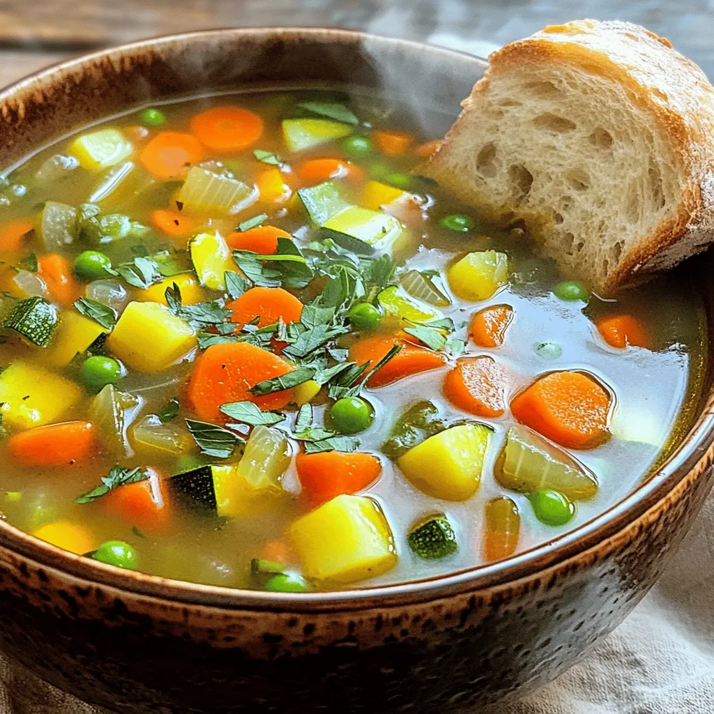 To make a tasty one-pot vegetable soup, gather these fresh ingredients: - 1 tablespoon olive oil - 1 medium onion, diced - 3 cloves garlic, minced - 2 medium carrots, sliced - 2 celery stalks, chopped - 1 bell pepper, diced (any color) - 1 medium zucchini, diced - 1 cup green beans, trimmed and cut into 1-inch pieces - 1 cup diced tomatoes (canned or fresh) - 4 cups vegetable broth - 1 teaspoon dried thyme - 1 teaspoon dried basil - Salt and pepper to taste - 1 cup kale or spinach, chopped - Juice of 1 lemon Using fresh ingredients makes a big difference in flavor and nutrition. Fresh vegetables add crunch and bright taste. They also keep the soup light and vibrant. However, canned ingredients can save time and still taste good. For instance, canned tomatoes are great in this soup. They are sweet and ready to use. If you choose canned, look for low-sodium options to keep it healthy. Seasonings bring the soup to life. I recommend using dried thyme and basil for a warm, earthy flavor. They blend well with the vegetables. You can also try adding a bay leaf while it cooks. It gives the soup a lovely aroma. For a kick, add a pinch of red pepper flakes. Fresh herbs like parsley or cilantro at the end will add a pop of color and freshness. Adjust the salt and pepper to make it suit your taste. For the full recipe, follow the instructions provided to create this delightful dish. You start by gathering your ingredients. This makes the cooking process easier. Here’s what you need: - 1 tablespoon olive oil - 1 medium onion, diced - 3 cloves garlic, minced - 2 medium carrots, sliced - 2 celery stalks, chopped - 1 bell pepper, diced (any color) - 1 medium zucchini, diced - 1 cup green beans, trimmed and cut into 1-inch pieces - 1 cup diced tomatoes (canned or fresh) - 4 cups vegetable broth - 1 teaspoon dried thyme - 1 teaspoon dried basil - Salt and pepper to taste - 1 cup kale or spinach, chopped - Juice of 1 lemon Once you have everything, chop the veggies into bite-sized pieces. This helps them cook evenly. Heat the olive oil in a large pot over medium heat. Add the diced onion and sauté it for about 5 minutes. You want it soft and clear. Then, add the minced garlic and cook for another minute. This gives the soup a nice aroma. Next, toss in the sliced carrots, chopped celery, and diced bell pepper. Cook these for about 5 minutes. Stir occasionally so they don’t stick. Now, add in the diced zucchini and green beans. Mix well, followed by the diced tomatoes. Pour in the vegetable broth. Then, add the dried thyme, dried basil, salt, and pepper. Bring the mixture to a boil. Once it's boiling, lower the heat to let it simmer. Cook for about 20 minutes, or until all the veggies are soft. Finally, stir in the chopped kale or spinach and the lemon juice. Let them wilt for 2-3 minutes, then taste. Adjust the seasoning if needed. Make sure to keep the heat at medium while cooking the onions. This helps them soften without burning. When you add the broth, watch for the boil. Reducing heat after boiling is key. For the best taste, let the soup simmer. This gives the flavors time to blend. If you want a thicker soup, you can mash some of the veggies with a fork. Enjoy your hearty garden vegetable bliss soup! Check the [Full Recipe] for more details. To make a great one-pot vegetable soup, always use fresh veggies. They boost flavor and nutrition. Start with a good base. Sauté your onion and garlic in olive oil first. This step builds a rich flavor. Be sure to chop your vegetables evenly. This helps them cook at the same rate. Add herbs like thyme and basil early. They release their best flavors when heated. For a bright finish, squeeze fresh lemon juice at the end. One common mistake is not cutting vegetables the same size. This can lead to uneven cooking. Another mistake is adding too much salt at once. Start with a little and taste as you go. Don’t rush the simmering step. Let the soup cook low and slow. This brings out the best flavors. Lastly, avoid overcooking the greens. Add them last, so they stay bright and vibrant. If your soup is too bland, add more herbs or a splash of vinegar. This can brighten the flavors. If it’s too thick, stir in more vegetable broth or water. For a richer taste, add a dash of soy sauce or Worcestershire sauce. If you accidentally add too much salt, toss in a few potato chunks. They absorb excess salt while cooking. Finally, if the soup is too watery, let it simmer uncovered for a bit longer. This helps thicken it up nicely. {{image_2}} You can easily change this soup to suit your taste. Start by picking your favorite veggies. If you love spinach, add more of it. If you want a bit of heat, toss in some chili flakes. You can also try different herbs. Instead of thyme and basil, use parsley or oregano. Each choice adds a unique flavor. Do you have veggies at home that you need to use? Feel free to swap them! For example, if you have sweet potatoes, they work great instead of carrots. If you don't have green beans, try peas or corn. You can even use frozen veggies if fresh ones aren’t available. Just use the same amount for best results. This recipe is already vegan and gluten-free, making it easy for many diets. If you want to add protein, beans or lentils are great choices. Just make sure to cook them until soft. For a heartier soup, you can add gluten-free pasta. Just cook it separately and stir it in at the end. It’s all about making this soup fit your needs. For the full recipe, check out the Hearty Garden Vegetable Bliss Soup. After making this soup, let it cool before storing. Use an airtight container. This keeps the soup fresh. You can store it in the fridge for up to four days. If you want to enjoy it later, freezing is the way to go. To reheat, pour the soup into a pot. Heat it over medium heat. Stir it often for even warming. You can also use the microwave. Just place it in a microwave-safe bowl and heat for 2 to 3 minutes. Stir halfway through to make sure it heats evenly. For long-term storage, freeze the soup in portions. Use freezer-safe bags or containers. Leave some space at the top, as liquids expand when frozen. The soup can last up to three months in the freezer. When you’re ready to eat, thaw it in the fridge overnight before reheating. This keeps the flavors fresh and tasty. If you follow these tips, your soup will stay delicious! Check out the Full Recipe for more details. The cooking time for this soup is about 40 minutes. You spend 15 minutes prepping the ingredients. Then, the soup simmers for 20 minutes after boiling. This makes a tasty meal fast! Yes, you can add protein to your soup. Try adding cooked beans or lentils. You can also mix in cooked chicken or tofu. These options make the soup more filling and nutritious. To thicken your vegetable soup, blend some of it. Use an immersion blender or a regular blender. You can also add a few more diced potatoes. They cook down and help thicken the soup. Definitely! Frozen vegetables are a great choice. They are just as healthy and save time. Add them straight to the pot with the broth. You won’t need to thaw them first. Store leftovers in an airtight container. Refrigerate them for up to three days. For longer storage, freeze the soup. It can last up to three months in the freezer. You can add fresh herbs like parsley or cilantro. Dried herbs like oregano and rosemary work well too. Just remember to adjust the amount based on what you like. Yes, this soup is kid-friendly! It has tasty veggies and a mild flavor. You can even let kids pick their favorite vegetables to add. Yes, you can make the soup ahead of time. It tastes even better after a day in the fridge. Just reheat it before serving, and you’re good to go! For the full recipe, check out the Hearty Garden Vegetable Bliss Soup. This blog post covered how to make a great one-pot vegetable soup. We discussed ingredients, cooking steps, and tips to ensure success. I shared ways to customize the recipe, store leftovers, and answer common questions. Now, you have all the tools to make your perfect soup. Enjoy each warm bowl and feel free to experiment with flavors. Keep these tips handy, and soon, you'll create a dish everyone will love.