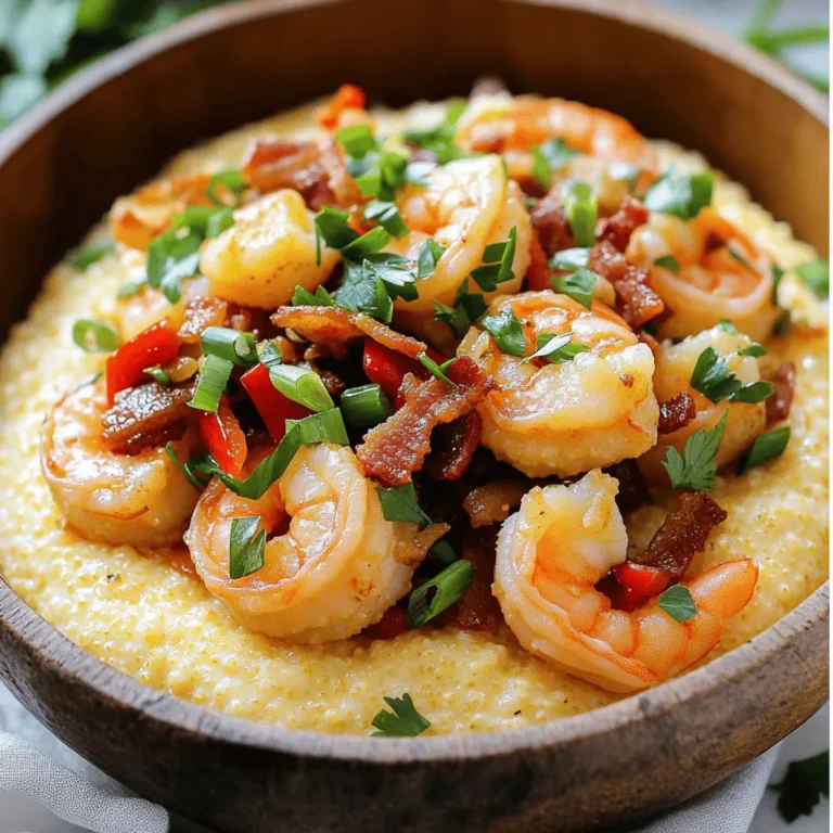 - 1 cup stone-ground grits - 4 cups water or low-sodium chicken broth - 1 lb shrimp, peeled and deveined - 4 strips of turkey bacon, chopped - 1 red bell pepper, diced - 1/2 cup green onions, chopped - 2 cloves garlic, minced - 1 teaspoon smoked paprika - 1/2 teaspoon cayenne pepper (adjust to taste) - Salt and black pepper to taste - 1 cup shredded sharp cheddar cheese - 2 tablespoons unsalted butter - Fresh parsley, chopped (for garnish) When making shrimp and grits, fresh ingredients are key. Stone-ground grits give a nice creamy texture. They also add a rich flavor that pairs well with the shrimp. I love using low-sodium chicken broth for cooking grits. It adds depth without too much salt. For the shrimp, always peel and devein them first. This step makes your dish cleaner and more appealing. The turkey bacon adds a savory crunch. It also gives a nice smoky flavor to the shrimp. Red bell pepper adds sweetness and color. Green onions give a fresh taste and a nice crunch. Garlic is a must. It brings out the flavor of the shrimp and enhances the dish overall. Smoked paprika adds warmth and a slight smokiness. Cayenne pepper gives it a kick. Adjust the amount based on your heat preference. Salt and black pepper are essential for balancing the flavors. Finally, sharp cheddar cheese adds creaminess and a rich flavor to the grits. Butter makes everything taste better and adds a silky texture. Fresh parsley on top makes the dish look bright and fresh. To see how all these ingredients come together, check out the Full Recipe. - In a medium saucepan, bring 4 cups of water or low-sodium chicken broth to a boil. - Slowly whisk in 1 cup of stone-ground grits and reduce heat to low. - Stir occasionally and cook until creamy, about 20-25 minutes. - Cook 4 strips of chopped turkey bacon until crispy, then remove from the skillet. - In the same skillet, sauté 1 diced red bell pepper and 2 cloves of minced garlic until softened. - Add 1 lb of peeled and deveined shrimp. Season with 1 teaspoon smoked paprika, 1/2 teaspoon cayenne, salt, and black pepper. - Stir in the cooked turkey bacon and half of 1/2 cup of chopped green onions. - Serve cheesy grits in bowls topped with the shrimp mixture. - Garnish with the remaining green onions and fresh parsley. This recipe is a true delight for flavor lovers. Enjoy! - Use low-sodium chicken broth for added flavor without excess salt. - Stir grits frequently to prevent sticking. To make the best grits, always choose stone-ground grits. They have a richer taste. Cook them slowly for creaminess. I find that low-sodium chicken broth boosts the flavor. It gives depth without making the dish too salty. Stir often while cooking. This keeps them smooth and creamy. - Marinate shrimp with spices for even more flavor. - Adjust cayenne to suit your spice preference. For shrimp that bursts with taste, marinate them first. A blend of spices works wonders. I suggest smoked paprika and cayenne for a little heat. You can adjust the cayenne to match your spice level. The shrimp will absorb these flavors well. - Pair with a side salad or sautéed greens for a complete meal. - Serve in shallow bowls to highlight the presentation. To serve, think about balance. A side salad or sautéed greens adds freshness. It makes for a full meal. I love using shallow bowls for this dish. They show off the layers of cheesy grits and shrimp beautifully. For a touch of color, sprinkle extra green onions and parsley on top. {{image_2}} You can spice up your dish with Cajun style. - Add andouille sausage for a spicy kick. - Use Cajun seasoning instead of smoked paprika. This will give your shrimp and grits a bold flavor. The sausage adds a nice crunch and heat. Cajun seasoning brings out the rich taste of shrimp. You will love how these flavors blend together. For those who crave creaminess, try these tips. - Substitute heavy cream for part of the water or broth in grits. - Mix in different cheeses like gouda or pepper jack. These changes make the grits extra rich and smooth. The cheese melts in beautifully, adding depth. You can customize it to suit your taste. Try different cheeses to find your favorite combo. Want to add some greens? Here’s how. - Incorporate spinach or kale into the shrimp mixture. - Add diced tomatoes for additional flavor and color. This makes the dish healthier and more colorful. The greens add a nice texture and freshness. Tomatoes bring a juicy pop that brightens each bite. You can easily sneak in more veggies while keeping it tasty. Store leftovers in an airtight container for up to 3 days. Keep grits and shrimp separate to maintain texture. This helps keep the grits creamy and the shrimp tender. Reheat grits on the stove with a splash of water or broth to loosen. This method brings back their creamy texture. Heat the shrimp mixture in a skillet over medium-low heat. Stir gently to warm it without overcooking. Freeze grits in individual portions for convenience. This way, you can enjoy them later without waste. Shrimp is best consumed fresh but can be frozen if needed. Just ensure it's in a freezer-safe container and used within a month for best results. Shrimp and grits comes from the Southern United States. It is a key dish in Lowcountry cuisine. This meal blends the flavors of shrimp with creamy grits. Many people enjoy it for breakfast or dinner. Yes, you can use frozen shrimp. Just make sure to thaw them first. Pat them dry with a paper towel before cooking. This helps them sear nicely. You can try polenta or creamy risotto. Both have similar textures and flavors. They make good alternatives if you want a change. To make this dish healthier, use less butter. You can also switch to turkey bacon. Adding more vegetables boosts nutrition and flavor too. Think about greens or bell peppers. For a detailed preparation method, refer to the Full Recipe for Shrimp & Grits Delight. In this blog post, I shared a simple shrimp and grits recipe. You learned the key ingredients, like stone-ground grits and shrimp. We explored cooking steps, tips for flavor, and variations to try. Remember, you can customize this dish to suit your taste. Experiment with spices, or try different cheeses. Enjoy your meal and impress your friends with this tasty classic!