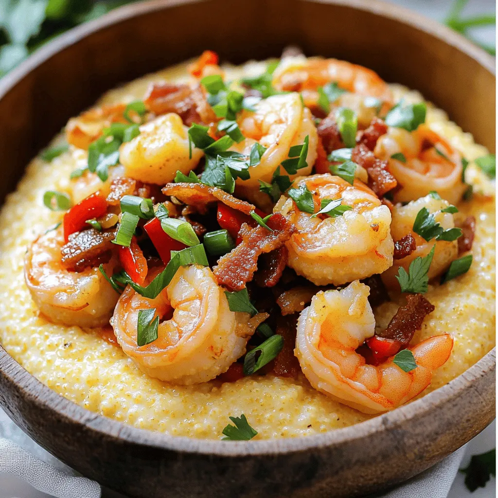 - 1 cup stone-ground grits - 4 cups water or low-sodium chicken broth - 1 lb shrimp, peeled and deveined - 4 strips of turkey bacon, chopped - 1 red bell pepper, diced - 1/2 cup green onions, chopped - 2 cloves garlic, minced - 1 teaspoon smoked paprika - 1/2 teaspoon cayenne pepper (adjust to taste) - Salt and black pepper to taste - 1 cup shredded sharp cheddar cheese - 2 tablespoons unsalted butter - Fresh parsley, chopped (for garnish) When making shrimp and grits, fresh ingredients are key. Stone-ground grits give a nice creamy texture. They also add a rich flavor that pairs well with the shrimp. I love using low-sodium chicken broth for cooking grits. It adds depth without too much salt. For the shrimp, always peel and devein them first. This step makes your dish cleaner and more appealing. The turkey bacon adds a savory crunch. It also gives a nice smoky flavor to the shrimp. Red bell pepper adds sweetness and color. Green onions give a fresh taste and a nice crunch. Garlic is a must. It brings out the flavor of the shrimp and enhances the dish overall. Smoked paprika adds warmth and a slight smokiness. Cayenne pepper gives it a kick. Adjust the amount based on your heat preference. Salt and black pepper are essential for balancing the flavors. Finally, sharp cheddar cheese adds creaminess and a rich flavor to the grits. Butter makes everything taste better and adds a silky texture. Fresh parsley on top makes the dish look bright and fresh. To see how all these ingredients come together, check out the Full Recipe. - In a medium saucepan, bring 4 cups of water or low-sodium chicken broth to a boil. - Slowly whisk in 1 cup of stone-ground grits and reduce heat to low. - Stir occasionally and cook until creamy, about 20-25 minutes. - Cook 4 strips of chopped turkey bacon until crispy, then remove from the skillet. - In the same skillet, sauté 1 diced red bell pepper and 2 cloves of minced garlic until softened. - Add 1 lb of peeled and deveined shrimp. Season with 1 teaspoon smoked paprika, 1/2 teaspoon cayenne, salt, and black pepper. - Stir in the cooked turkey bacon and half of 1/2 cup of chopped green onions. - Serve cheesy grits in bowls topped with the shrimp mixture. - Garnish with the remaining green onions and fresh parsley. This recipe is a true delight for flavor lovers. Enjoy! - Use low-sodium chicken broth for added flavor without excess salt. - Stir grits frequently to prevent sticking. To make the best grits, always choose stone-ground grits. They have a richer taste. Cook them slowly for creaminess. I find that low-sodium chicken broth boosts the flavor. It gives depth without making the dish too salty. Stir often while cooking. This keeps them smooth and creamy. - Marinate shrimp with spices for even more flavor. - Adjust cayenne to suit your spice preference. For shrimp that bursts with taste, marinate them first. A blend of spices works wonders. I suggest smoked paprika and cayenne for a little heat. You can adjust the cayenne to match your spice level. The shrimp will absorb these flavors well. - Pair with a side salad or sautéed greens for a complete meal. - Serve in shallow bowls to highlight the presentation. To serve, think about balance. A side salad or sautéed greens adds freshness. It makes for a full meal. I love using shallow bowls for this dish. They show off the layers of cheesy grits and shrimp beautifully. For a touch of color, sprinkle extra green onions and parsley on top. {{image_2}} You can spice up your dish with Cajun style. - Add andouille sausage for a spicy kick. - Use Cajun seasoning instead of smoked paprika. This will give your shrimp and grits a bold flavor. The sausage adds a nice crunch and heat. Cajun seasoning brings out the rich taste of shrimp. You will love how these flavors blend together. For those who crave creaminess, try these tips. - Substitute heavy cream for part of the water or broth in grits. - Mix in different cheeses like gouda or pepper jack. These changes make the grits extra rich and smooth. The cheese melts in beautifully, adding depth. You can customize it to suit your taste. Try different cheeses to find your favorite combo. Want to add some greens? Here’s how. - Incorporate spinach or kale into the shrimp mixture. - Add diced tomatoes for additional flavor and color. This makes the dish healthier and more colorful. The greens add a nice texture and freshness. Tomatoes bring a juicy pop that brightens each bite. You can easily sneak in more veggies while keeping it tasty. Store leftovers in an airtight container for up to 3 days. Keep grits and shrimp separate to maintain texture. This helps keep the grits creamy and the shrimp tender. Reheat grits on the stove with a splash of water or broth to loosen. This method brings back their creamy texture. Heat the shrimp mixture in a skillet over medium-low heat. Stir gently to warm it without overcooking. Freeze grits in individual portions for convenience. This way, you can enjoy them later without waste. Shrimp is best consumed fresh but can be frozen if needed. Just ensure it's in a freezer-safe container and used within a month for best results. Shrimp and grits comes from the Southern United States. It is a key dish in Lowcountry cuisine. This meal blends the flavors of shrimp with creamy grits. Many people enjoy it for breakfast or dinner. Yes, you can use frozen shrimp. Just make sure to thaw them first. Pat them dry with a paper towel before cooking. This helps them sear nicely. You can try polenta or creamy risotto. Both have similar textures and flavors. They make good alternatives if you want a change. To make this dish healthier, use less butter. You can also switch to turkey bacon. Adding more vegetables boosts nutrition and flavor too. Think about greens or bell peppers. For a detailed preparation method, refer to the Full Recipe for Shrimp & Grits Delight. In this blog post, I shared a simple shrimp and grits recipe. You learned the key ingredients, like stone-ground grits and shrimp. We explored cooking steps, tips for flavor, and variations to try. Remember, you can customize this dish to suit your taste. Experiment with spices, or try different cheeses. Enjoy your meal and impress your friends with this tasty classic!