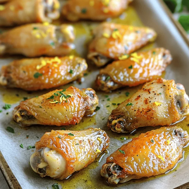 - Chicken wings - Olive oil - Fresh lemon juice - Garlic cloves - Lemon zest - Dried oregano - Smoked paprika - Salt and pepper - Fresh parsley for garnish - Serving size details: This recipe serves about four people, making it perfect for a gathering. Each person can enjoy around eight wings. - Suggested kitchen tools: You will need a large mixing bowl, a whisk for mixing, a baking sheet, and parchment paper or aluminum foil for easy cleanup. A spatula will help in tossing the wings in the marinade. When I make these wings, the simple ingredients really shine. Chicken wings are a crowd-pleaser, and the mix of lemon and garlic makes them pop with flavor. Extra virgin olive oil adds richness, while the lemon juice cuts through it for balance. Fresh garlic and lemon zest provide a bright taste. Dried oregano and smoked paprika bring depth. Salt and pepper round out the flavors. This recipe is easy to follow, and I always enjoy sharing it with friends. You can find the Full Recipe to dive deeper into the cooking process. Start by preheating your oven to 425°F (220°C). This high heat helps the wings cook well. For easy cleanup, line a large baking sheet with parchment paper or aluminum foil. This small step saves you time later. In a large bowl, add 1/4 cup of olive oil and 1/4 cup of freshly squeezed lemon juice. Next, add 4 finely minced garlic cloves, 1 tablespoon of lemon zest, 1 teaspoon of dried oregano, and 1 teaspoon of smoked paprika. Season with salt and fresh black pepper. Whisk everything together until well mixed. This marinade gives the wings a bold, zesty flavor. Take your chicken wings and add them to the bowl with the marinade. Using your hands or a spatula, toss the wings well. Make sure every wing is coated in the marinade. This step is key for great flavor in every bite. Place the marinated chicken wings in a single layer on the lined baking sheet. Leave some space between each wing to ensure even cooking. Bake the wings for 35 to 40 minutes, flipping them halfway through. This helps them brown evenly and get crispy. You know they're done when they look golden brown. For that perfect crispy skin, switch your oven to broil mode for the last 2 to 3 minutes. Keep a close eye on them during this time. Broiling gives the wings that extra crunch that everyone loves. Once you take the wings out of the oven, let them rest for a few minutes. This keeps them juicy. For serving, place the wings on a platter lined with lemon wedges. A sprinkle of fresh parsley adds color and flavor. Pair them with your favorite dipping sauce for a tasty touch. Enjoy your zesty baked lemon garlic chicken wings! You can find the Full Recipe for more details. To enhance the lemon-garlic flavor, start with fresh ingredients. Fresh lemon juice and zest give a bright flavor. Use good quality olive oil as your base. Mix the marinade well to blend the flavors. Let the wings marinate for at least 30 minutes. If you have more time, let them sit for a few hours. This step helps the wings absorb all that zesty goodness. For crispy skin, proper cooking is key. Make sure the wings are dry before marinating. Pat them with paper towels to remove excess moisture. Arrange them in a single layer on the baking sheet. This helps the air circulate. Baking at 425°F works well, but broiling for a few minutes at the end can boost crispiness. Just watch closely to prevent burning. Avoid overcrowding the baking sheet. Wings need space to cook evenly. Flipping them halfway through cooking prevents sogginess. Do not skip the resting step after baking. Letting them rest for a few minutes keeps them juicy. Lastly, make sure to taste your marinade. Adjust the salt or lemon as needed to suit your preference. For the full recipe, check out the details above. {{image_4}} If you want to turn up the heat, add some spices. Hot sauce, cayenne pepper, or chili powder work well. Start with a teaspoon of cayenne for a mild kick. Adjust to your taste. Mixing in spicy ingredients makes the wings fiery and fun! Using fresh herbs can change the flavor of your wings. Try rosemary, thyme, or cilantro for a fresh twist. Just chop the herbs finely and mix them into the marinade. Each herb brings a unique taste, so feel free to experiment with your favorites. You don’t have to bake the wings. An air fryer can give them a great crunch with less oil. Cook at 400°F for about 25 minutes, flipping halfway. You can also grill the wings for a smoky flavor. Just make sure to watch them closely for even cooking. For the full recipe, check earlier in the article. To keep your baked lemon garlic chicken wings fresh, cool them first. Place them in a shallow, airtight container. Store them in the fridge for up to three days. If you stack them, add parchment paper between layers. This helps prevent sticking. When you want to enjoy leftover wings, use the oven. Preheat it to 350°F (175°C). Place the wings on a baking sheet in a single layer. Bake for about 10-15 minutes. This method keeps the skin crispy. You can also use an air fryer for a quicker option. For long-term storage, freeze the wings. First, let them cool completely. Then, place them in a freezer-safe bag or container. Remove as much air as possible. They can last for up to three months in the freezer. To reheat, thaw in the fridge overnight before using the oven or air fryer. Enjoy your meal with great flavor even after freezing! You can find the full recipe for baked lemon garlic chicken wings to recreate this dish. To check if the chicken wings are done, look for a golden color. The skin should be crispy. You can also use a meat thermometer. The internal temperature should reach 165°F (74°C). This ensures the wings are safe and juicy. If they need more time, bake them a bit longer. Yes, you can make the marinade ahead of time. Combine the olive oil, lemon juice, garlic, and spices in a bowl. Cover it and store in the fridge for up to 24 hours. This will help the flavors blend better. Just remember to toss your wings in the marinade before cooking. You can serve many sides with these wings. Here are some tasty options: - Celery sticks: Crisp and refreshing. - Carrot sticks: Sweet and crunchy. - Potato wedges: A hearty pairing. - Dipping sauces: Try ranch, blue cheese, or a spicy aioli. These sides add flavor and fun to your meal. To make more wings, simply multiply the ingredients. For example, if you want to cook 4 pounds of wings, double the marinade ingredients. This keeps the taste just right. Ensure you have a big enough baking sheet to hold all the wings. You may need to bake in batches for even cooking. This post covered how to make delicious lemon garlic chicken wings. You learned about the key ingredients, including chicken wings, fresh lemon juice, and garlic. I shared steps to prepare, bake, and serve them. You also got tips on enhancing flavor and avoiding common mistakes. Finally, I discussed variations and storage for leftovers. Enjoy cooking these wings, and don't be afraid to get creative! Try new spices and herbs to make the recipe your own. Happy baking!