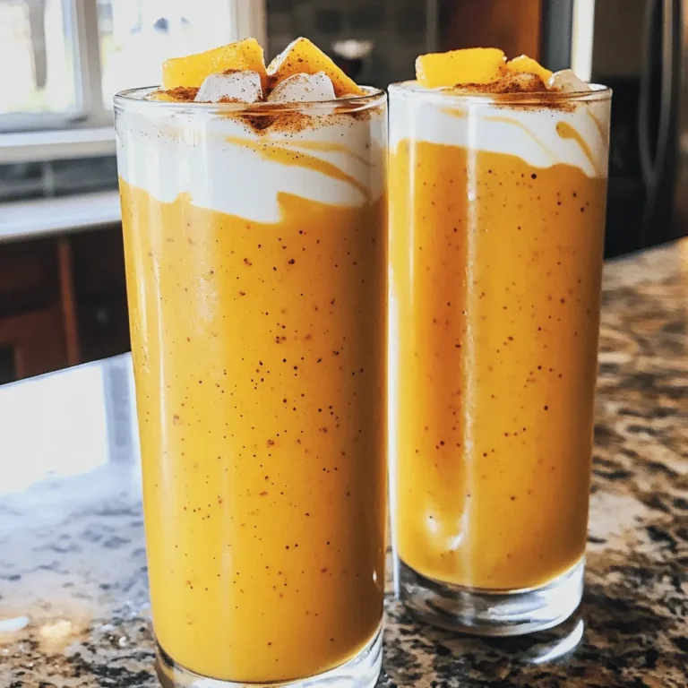 - 2 ripe peaches, pitted and diced - 1 cup Greek yogurt (vanilla flavored) - 1/2 cup almond milk (or any milk of choice) - 1 tablespoon honey (or maple syrup) - 1/2 teaspoon ground cinnamon - 1/4 teaspoon nutmeg - 1/2 cup rolled oats - 1/2 teaspoon vanilla extract - Ice cubes (optional, for thickness) In this recipe, fresh peaches steal the show. They give the smoothie a sweet and juicy flavor. When you pick peaches, look for ones that are soft to the touch. This tells you they are ripe and ready to use. Next, Greek yogurt adds a creamy texture. You can choose vanilla-flavored yogurt for extra taste. If you want a dairy-free option, use almond yogurt instead. The almond milk helps blend everything together. You can swap it for any milk you like, such as oat or soy milk. For sweetness, honey works well, but maple syrup is a great choice too. Ground cinnamon and nutmeg bring warmth and depth to the flavor. These spices make the smoothie taste like peach cobbler. Rolled oats add bulk and fiber. They help keep you full longer. The vanilla extract enhances the overall taste, making it even more delightful. Lastly, if you like a thicker smoothie, toss in some ice cubes. This will give you that creamy, dreamy texture. You can find the full recipe above to enjoy this peach cobbler smoothie delight! - Step 1: Combine ripe peaches and yogurt Start by taking your ripe peaches. Cut them in half, remove the pit, and dice them into small pieces. Place the diced peaches into your blender. Next, add one cup of Greek yogurt. I like to use vanilla-flavored yogurt for extra taste. This mix gives a creamy base to our smoothie. - Step 2: Add milk and sweeteners Now, pour in half a cup of almond milk, or any milk you prefer. This helps to thin out the smoothie. Add one tablespoon of honey or maple syrup to sweeten it. If you want a natural touch, honey works great. - Step 3: Blend until smooth and creamy Close the blender lid tightly. Blend the mixture on high speed until it becomes smooth and creamy. You may need to stop and scrape the sides if needed. This step makes sure everything mixes well together. - Step 4: Adjust thickness and sweetness After blending, taste your smoothie. If it’s not sweet enough, add more honey or maple syrup. If you want a thicker smoothie, toss in a few ice cubes and blend again. This gives it a nice chilled texture. - Step 5: Pour and garnish before serving Once the smoothie is ready, pour it into tall glasses or jars. I love using clear glasses to show off the beautiful color. - Tips for optimal presentation To make it look even better, sprinkle a pinch of cinnamon on top. You can also add a slice of peach or a mint leaf for a pop of color. This will impress your friends and family! Enjoy your peach cobbler smoothie! To make your peach cobbler smoothie shine, focus on sweetness and spices. Start by selecting ripe peaches. Ripe peaches feel soft and smell fragrant. Look for a slight give when you press them gently. If they have a bit of blush color, that’s a good sign. The sweeter your peaches, the less honey you’ll need. When it comes to spices, ground cinnamon and nutmeg are your friends. They bring warmth and depth to your smoothie. Start with half a teaspoon of cinnamon and a pinch of nutmeg. Taste the mix, then adjust to your liking. Smoothie thickness is key for that creamy texture. If you want it thicker, add ice cubes. They chill your drink and make it more refreshing. Alternatively, you can use less almond milk. For a thinner mix, simply add more milk. Blend on high for a smooth finish. Stop and scrape down the sides of the blender if needed. This helps everything blend evenly, giving you that velvety feel. This smoothie works great for breakfast or as a snack. Pair it with whole-grain toast or a handful of nuts for a balanced meal. If you want to make it a meal replacement, consider adding a scoop of protein powder. It boosts nutrition and keeps you full longer. For a fun twist, pour your smoothie into a bowl and top it with granola and sliced peaches. You can even sprinkle some extra cinnamon on top from the Full Recipe for added flair. {{image_2}} You can change up the fruit in your smoothie. Frozen peaches work great! They add a nice chill and thick texture. You can also try other stone fruits like plums or cherries. These fruits blend well with the creamy base. If you want to mix things up, add strawberries or bananas. Strawberries add a sweet touch, while bananas give creaminess. Want a vegan option? Use coconut yogurt instead of Greek yogurt. Almond milk can be swapped for oat milk. This keeps your smoothie tasty while being plant-based. If you’re watching carbs, use unsweetened almond milk and skip the oats. You can still enjoy the peach flavor without extra carbs. For a protein punch, add a scoop of your favorite protein powder. This makes the smoothie filling and nutritious. You can also mix in flaxseeds or chia seeds for extra fiber. These add-ins help keep you full longer and add healthy fats. Try this for a smoothie that satisfies and nourishes. Feel free to check the Full Recipe for a complete guide on making this delightful drink! To store your peach cobbler smoothie, pour it into an airtight container. This helps keep it fresh. Smoothies are best when enjoyed right away, but you can refrigerate leftovers. They last in the fridge for up to 24 hours. After that, the texture and taste may change. If you want to save your smoothie for later, freezing is a great option. Pour the smoothie into ice cube trays or small bags. This allows you to grab a portion when you need it. To enjoy, thaw the smoothie in the fridge overnight. If it's too thick, add a splash of milk and re-blend until smooth. Check your smoothie before drinking it after storage. If it smells sour or has an off color, it’s no longer good. You can enhance the flavor after storage by adding a dash of cinnamon or a bit of honey. This can help revive the taste and make it enjoyable again. The peach cobbler smoothie is packed with good stuff. Here are the key benefits: - Peaches: These fruits are full of vitamins A and C. They help keep your skin healthy and boost your immune system. - Greek yogurt: This ingredient is rich in protein and probiotics. It supports gut health and muscle growth. - Rolled oats: They provide fiber, which helps you feel full longer. Fiber is also good for digestion. - Almond milk: This milk is low in calories and has healthy fats. It is a great alternative to cow's milk. Yes, you can easily meal prep these smoothies! Here are some tips: - Batch prep: Cut and store diced peaches in the fridge. They stay fresh for a few days. - Blend in advance: You can blend the smoothie and keep it in the fridge for up to 24 hours. - Freeze for later: Pour the smoothie into ice cube trays. Blend the cubes with fresh almond milk when you want a quick drink. If you want a dairy-free option, here are some alternatives: - Greek yogurt: Use coconut yogurt or almond yogurt. Both add creaminess without dairy. - Milk: Replace almond milk with oat milk or soy milk. These options work well in smoothies. Definitely! Here are some easy ways to add protein: - Protein powder: Mix in a scoop of your favorite protein powder. Choose a flavor that matches the smoothie. - Nut butter: Add a tablespoon of almond or peanut butter. This gives extra protein and a nutty taste. - Chia seeds: These tiny seeds pack a protein punch. Add a tablespoon for a healthy boost. You can add many ingredients to boost nutrition. Here are some great ideas: - Spinach: Toss in a handful of fresh spinach. It adds vitamins without changing the taste. - Flaxseeds: These seeds are full of omega-3 fatty acids. Toss in a tablespoon for a healthy boost. - Hemp seeds: Add a sprinkle of hemp seeds for protein and healthy fats. They blend well in smoothies. For the full recipe, check out the detailed instructions above. This blog post covered how to make a peach cobbler smoothie. You learned about fresh ingredients like peaches and Greek yogurt. I shared helpful tips for crafting the perfect blend and variations to suit your taste. Remember, you can store leftovers or freeze portions for later. Experiment with different fruits and add-ins to boost nutrition. Enjoy this delicious and nutritious drink as breakfast or a snack. Making this smoothie is simple and rewarding. Enjoy creating your own version!