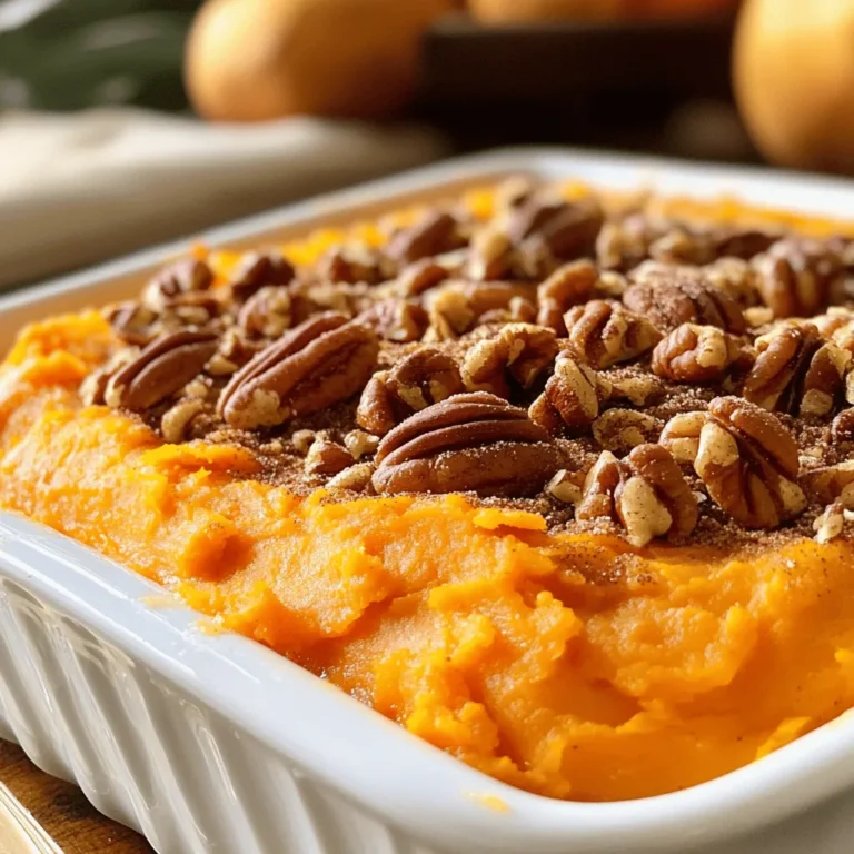 To make a delightful sweet potato casserole, gather these main ingredients: - 4 large sweet potatoes, peeled and cut into 1-inch cubes - 1/2 cup packed brown sugar - 1/4 cup unsalted butter, melted - 1/2 cup whole milk - 1 teaspoon pure vanilla extract - 2 large eggs, beaten - 1/2 teaspoon ground cinnamon - 1/4 teaspoon ground nutmeg - 1/4 teaspoon fine salt These ingredients create the creamy base of the casserole. Sweet potatoes provide natural sweetness and a lovely orange color. The brown sugar adds depth, while the butter and milk give it richness. Vanilla, eggs, and spices enhance the flavor and texture. The crunchy pecan topping is a must! For this, you’ll need: - 1 cup pecans, finely chopped - 1/4 cup all-purpose flour - 1/4 cup granulated sugar The pecans bring a nice crunch and nutty flavor. The flour and sugar help bind the topping, making it deliciously crisp when baked. If you want to mix things up, consider these alternatives: - Use maple syrup instead of brown sugar for a different sweetness. - Swap out whole milk for almond milk for a dairy-free option. - Try walnuts or almonds instead of pecans for a different nutty flavor. These alternatives can add new tastes to your sweet potato casserole. Enjoy experimenting! For the full recipe, check out the details above. Start by boiling the sweet potatoes. Fill a large pot with water and bring it to a boil. Add the sweet potato cubes carefully. Cook them for about 15 to 20 minutes. They should be fork-tender when done. After cooking, drain the sweet potatoes and let them cool for a few minutes. Next, mash the cooled sweet potatoes. Use a potato masher or fork to get a smooth texture. In a mixing bowl, combine the mashed sweet potatoes with brown sugar, melted butter, whole milk, vanilla extract, beaten eggs, ground cinnamon, ground nutmeg, and salt. Mix everything well until it is creamy and smooth. Grease a 9x13 inch baking dish with cooking spray or butter. Pour the sweet potato mixture into the dish. Spread it evenly with a spatula. Now, let's make the pecan topping. In a separate bowl, mix chopped pecans, all-purpose flour, granulated sugar, and a pinch of salt. Stir until well combined. Sprinkle the pecan topping over the sweet potato mixture. Bake in the preheated oven at 375°F for 25 to 30 minutes. The casserole is ready when the topping is golden brown and bubbling at the edges. Let it cool for 5 to 10 minutes before serving. For the full recipe, check out the complete instructions. To get a smooth and creamy mash, start with fresh sweet potatoes. Boil them until they are fork-tender, about 15-20 minutes. Drain and let them cool a bit. Use a potato masher or fork to mash them. Avoid using a blender or food processor. It can make the mash gluey. The goal is a silky texture with no lumps, which makes your casserole delightful. Baking time is key for a great casserole. Preheat your oven to 375°F (190°C) before starting. Bake the casserole for 25-30 minutes. You want the pecan topping golden brown and the edges bubbling. If you notice the top browning too quickly, cover it loosely with foil. This keeps it from burning while the inside cooks through. The first bite is all about the look. Serve the casserole warm. Garnish it with whole pecans on top and a light sprinkle of cinnamon. This adds color and a hint of spice. Use a nice serving dish to make it pop. You can even add a few fresh herbs for extra flair. This dish is a feast for the eyes as well as the stomach. Enjoy it with family and friends for a true comfort food experience. Want to try this recipe? Check out the Full Recipe for all the details! {{image_4}} If you love sweet treats, try adding mini marshmallows. They give a fun twist and extra sweetness. After you spread the sweet potato mixture in the dish, sprinkle a layer of marshmallows on top of the pecan crust. Bake until the marshmallows are golden brown and puffed. This adds a soft, chewy layer that many people adore. It pairs nicely with the crunchy pecans. Pecans are classic, but you can switch things up! Walnuts, almonds, or hazelnuts work great, too. Each nut brings its own flavor and texture. For example, walnuts offer a slight bitterness that complements the sweet potatoes well. Just chop the nuts and mix them as you would with the pecans. Feel free to experiment and find your favorite nut topping. You can still enjoy this dish without dairy. Replace the butter with coconut oil or vegan butter. Use almond milk or oat milk instead of whole milk. For the eggs, try flaxseed meal mixed with water as a binder. This makes the dish vegan-friendly while keeping it creamy and delicious. Don't worry; it will still taste amazing! Check the Full Recipe for more tips on making this dish work for your diet. To store your sweet potato casserole, let it cool first. Cover it tightly with plastic wrap or foil. Place it in the fridge. This keeps it fresh for up to four days. When you want to eat it again, just take it out and enjoy! You can freeze sweet potato casserole for a longer shelf life. Make sure it cools completely. Use an airtight container or freezer-safe bag. It will stay good for about three months. When you're ready to use it, thaw it in the fridge overnight before reheating. To reheat, preheat your oven to 350°F (175°C). Place the casserole in a baking dish. Cover it with foil to keep it moist. Heat for about 20-30 minutes or until it's warm throughout. If you like, uncover it for the last few minutes to crisp up the topping. This will make your casserole taste fresh and delicious again! For the full recipe, check out the full recipe section. Bake the Sweet Potato Casserole for 25-30 minutes at 375°F (190°C). You want the pecan topping to turn golden brown and the edges to bubble. The time may vary slightly, so keep an eye on it. Yes, you can prepare this dish ahead of time. You can make the sweet potato mixture and the pecan topping separately. Store them in the fridge for up to 24 hours. When you are ready, just assemble and bake. This saves time on busy days. Sweet Potato Casserole goes well with many dishes. Here are some great options to try: - Roasted turkey - Honey-glazed ham - Green bean casserole - Cranberry sauce - Stuffing or dressing These choices complement the sweet flavors and create a festive meal. For the full recipe, check out Heavenly Sweet Potato Casserole with Pecan Topping. This blog provided a complete guide to making sweet potato casserole. We covered key ingredients, like sweet potatoes and pecans, and shared step-by-step instructions. Tips on mashing, timing, and presentation ensure your dish shines. Variations, like using marshmallows or nuts, add fun twists, while storage tips keep leftovers fresh. Remember, this dish pairs well with many meals. Enjoy experimenting to make this recipe truly your own!