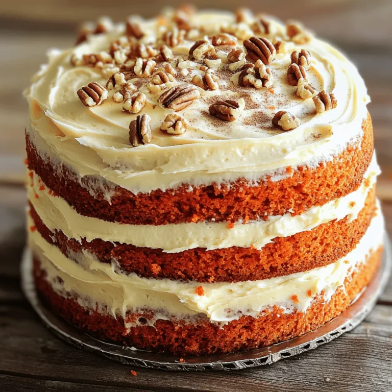 To make a classic carrot cake, you need some simple ingredients. Here’s the complete list of what you will need: - 2 cups all-purpose flour - 2 cups granulated sugar - 1 teaspoon baking soda - 1 teaspoon baking powder - 1 teaspoon ground cinnamon - 1/2 teaspoon ground nutmeg - 1/2 teaspoon salt - 1 cup vegetable oil - 4 large eggs - 3 cups grated carrots - 1 cup crushed pineapple, drained - 1/2 cup chopped walnuts (optional) - 1/2 cup raisins (optional) These ingredients create a moist and flavorful cake. The carrots add sweetness and texture. Pineapple keeps the cake moist, while walnuts and raisins add a nice crunch. When measuring flour, use a spoon to scoop it into a measuring cup. This prevents packing and keeps your cake light. Always sift the flour with baking soda, baking powder, and spices for even mixing. For the carrots, fresh is best. Grate them yourself for a vibrant flavor. If you choose to add walnuts or raisins, chop them small for easy mixing. These little touches make the cake even more delicious. You can find the full recipe details later in the article. Enjoy gathering your ingredients and getting ready to bake! - Preheat oven to 350°F (175°C). - Grease two 9-inch round cake pans. To start, I always make sure my oven is hot enough. A hot oven helps the cake rise well. Greasing the pans keeps the cake from sticking. I use butter or cooking spray for this. - Whisk flour, sugar, and leavening agents together. In a big bowl, I mix flour, sugar, baking soda, and baking powder. I also add cinnamon, nutmeg, and salt. The whisk blends everything well. This step is key for even flavor and texture. - Combine vegetable oil and eggs until smooth. In another bowl, I beat together vegetable oil and eggs. I make sure this mixture is smooth. It helps the cake stay moist and fluffy. - Gradually combine wet and dry ingredients, then fold in additional ingredients. Next, I pour the wet mix into the dry mix slowly. I stir gently until just combined. Then, I fold in grated carrots, crushed pineapple, walnuts, and raisins if I’m using them. This makes the cake flavorful and fun. - Divide batter into pans and bake for 25-30 minutes. I split the batter between the two pans. Then, I tap them lightly to remove air bubbles. I bake them for 25-30 minutes. I check with a toothpick; it should come out clean. - Cool cakes before frosting with cream cheese mixture. After baking, I let the cakes cool in the pans for 10 minutes. Then, I turn them out onto wire racks. Once cool, I frost with cream cheese mix. This makes the cake rich and tasty. For the full recipe, check out the detailed instructions above. Using room temperature ingredients makes mixing easier. Cold eggs or oil can make your batter lumpy. Let them sit out for about 30 minutes before baking. This small step helps the cake rise and bake evenly. You can add spices or extracts for a unique twist. A bit of vanilla makes a lovely base flavor. For extra warmth, consider adding ground ginger or allspice. These small changes can make your carrot cake stand out. Proper measurement is key to great baking. Use a kitchen scale for accuracy. Too much flour can make the cake dry. Always level off dry ingredients with a knife to avoid this issue. Stick to the recipe for the best results. By following these tips, you can create a carrot cake that is simple and irresistible. For the complete recipe, don't forget to check out the Full Recipe section! {{image_2}} You can enjoy carrot cake without gluten. To make a gluten-free version, swap out all-purpose flour for gluten-free flour. Look for blends that work well in baking. Almond flour or coconut flour adds flavor and texture. You may need to adjust the liquid in your recipe. Always check the package for specific instructions. This change keeps the cake moist and tasty. If you're watching your sugar intake, you can reduce sugar in your carrot cake. Try using natural sweeteners like honey or maple syrup. These options add sweetness without refined sugar. Another idea is to use unsweetened applesauce to replace some sugar. This method also keeps the cake moist. Be mindful of the amount, as it may change the cake's texture. Cream cheese frosting is classic, but there are many other options. You can try a simple whipped cream frosting for a lighter touch. A yogurt-based frosting adds tang and creaminess without being too heavy. For a dairy-free choice, use a cashew cream frosting. Blend soaked cashews with a splash of vanilla and a sweetener. Each frosting gives a unique twist to your classic carrot cake. For the complete recipe, check out the Full Recipe. To keep your carrot cake fresh, store it in the fridge. Wrap it in plastic wrap or place it in an airtight container. This prevents it from drying out. The cream cheese frosting needs to stay cool, so refrigeration is key. Always slice your cake using a clean knife. This way, you avoid crumbs mixing into the frosting. If you have leftover slices, keep them wrapped to retain moisture. You can freeze carrot cake if you want it to last longer. Wrap individual slices in plastic wrap, then place them in a freezer bag. This keeps them fresh for a few months. If you prefer freezing the whole cake, wrap it tightly. You can also use aluminum foil for extra protection. When ready to eat, let it thaw in the fridge overnight. It tastes just as good when thawed. Carrot cake lasts about a week in the fridge. If stored properly, it can stay fresh for even longer in the freezer. The key is to watch for any signs of spoilage. If the frosting starts to look off, it’s best to toss it. You can enjoy carrot cake fresh or cold. Both options give you that delightful flavor. For the full recipe, check out the Classic Carrot Cake. You can use several options for eggs in carrot cake. Common substitutes include: - Applesauce: Use 1/4 cup for each egg. - Flaxseed meal: Mix 1 tablespoon of flaxseed with 2.5 tablespoons of water for each egg. - Chia seeds: Similar to flax, use 1 tablespoon of chia seeds and 2.5 tablespoons of water. - Yogurt: Use 1/4 cup of plain yogurt per egg. These options work well and keep your cake moist. Yes, you can swap coconut for pineapple in carrot cake. Coconut adds a unique flavor and texture. Use unsweetened shredded coconut for a healthier option. Adjust the sugar in the recipe if using sweetened coconut. This change can make your cake more tropical and fun! To make a vegan carrot cake, follow these tips: - Egg replacements: Use applesauce, flaxseed, or chia seeds as discussed. - Dairy-free options: Use coconut or almond milk instead of regular milk. - Frosting: For the cream cheese frosting, use vegan cream cheese or a simple glaze with powdered sugar and plant-based milk. These changes keep the flavor while making it vegan-friendly. Carrot cake has roots that date back to the Middle Ages. People used carrots as a sweetener when sugar was scarce. The modern version became popular in the United States in the 1960s. Today, carrot cake is loved for its moistness and spice. It often features cream cheese frosting, making it a classic treat! This blog post covered how to make a delicious carrot cake from scratch. We looked at the ingredients, step-by-step instructions, tips for the best texture, and various options for frosting. You can also explore gluten-free or healthier versions. Remember to store your cake properly to keep it fresh. Whether you stick to the classic recipe or try a twist, baking carrot cake is fun and rewarding. With this guide, you can create a treat that delights everyone. Enjoy baking your perfect carrot cake!