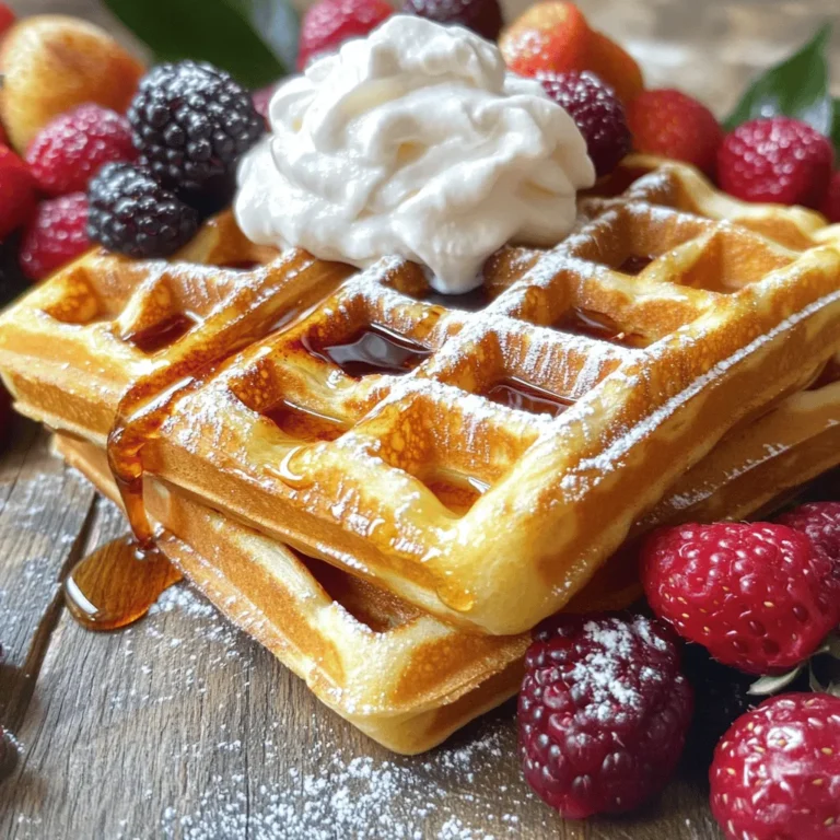 For French Toast Waffles, you will need: - 4 slices of thick bread (Brioche or Challah recommended for ideal texture) - 2 large eggs - 1 cup milk (use either dairy or your favorite non-dairy alternative) - 1 teaspoon vanilla extract - 1 teaspoon ground cinnamon - 1 tablespoon sugar (optional, for added sweetness) - Pinch of salt - Butter or cooking spray (for greasing the waffle iron) - Maple syrup, fresh berries, or whipped cream (for serving) These ingredients combine to create a rich and tasty breakfast dish. Each component plays a role in flavor and texture. The eggs and milk form a creamy base that soaks into the bread. Cinnamon adds warmth, while vanilla gives a sweet aroma. You can customize your French Toast Waffles by adding: - Chocolate chips for a sweet twist - Fresh fruit like bananas or strawberries mixed into the batter - Nuts, such as pecans or walnuts, for crunch - A pinch of nutmeg for extra spice - A splash of orange juice or zest for a citrus kick These additions let you create a unique flavor profile. Feel free to experiment with what you like best. Choosing the right bread is key. I recommend: - Brioche: Soft, buttery, and rich in flavor. - Challah: Slightly sweet with a fluffy texture. - Texas Toast: Thick slices hold up well for soaking. - Sourdough: Offers a tangy flavor that contrasts nicely. The type of bread you choose affects the final taste and texture. Each bread adds its own charm to this dish. For the full recipe, check out the Sunny French Toast Waffles. First, preheat your waffle iron. Follow the instructions from your waffle maker. I like to use a non-stick spray or butter to grease the plates. This step helps keep the waffles from sticking. Make sure the iron is hot for the best results. Next, grab a large bowl. In it, whisk together these ingredients: - 2 large eggs - 1 cup milk - 1 teaspoon vanilla extract - 1 teaspoon ground cinnamon - 1 tablespoon sugar (optional) - Pinch of salt Mix until everything is smooth. This step is key to flavor. The eggs will help bind the bread and give it a rich taste. Now it’s time to cook! Take your thick bread slices and dip them into the egg mixture. Make sure to coat both sides well. Let any extra egg mixture drip off. Place the soaked bread in your preheated waffle iron. Close the lid and cook for about 4-5 minutes. You want a golden brown color and a crispy outside. Once cooked, remove the waffles carefully. Place them on a warm plate or in the oven to keep them hot. Serve your French toast waffles with maple syrup or fresh berries. For a special treat, add whipped cream. Enjoy your tasty breakfast delight! Check out the Full Recipe for more tips. To get that perfect crisp, use thick bread like Brioche or Challah. Soak the bread just enough. If you soak it too long, it might be soggy. Preheat your waffle iron properly; this helps the outside crisp up. Greasing the iron with butter or cooking spray also helps. Cook the waffles until golden brown, about 4-5 minutes. This will give you that crunchy texture. One common mistake is using thin bread, which can fall apart. Also, don’t skip the greasing step. If the iron isn’t greased, the waffles may stick. Another mistake is not letting excess egg mixture drip off. This can lead to a soggy waffle. Lastly, avoid opening the waffle iron too soon; this can ruin the texture. These waffles shine when topped with maple syrup. Fresh berries add a nice touch of flavor. Whipped cream makes it even more special. You can also add a sprinkle of powdered sugar for a beautiful look. For a fun twist, consider serving with yogurt or a scoop of ice cream. Each bite is a delightful mix of flavors! Check out the Full Recipe for more ideas. {{image_4}} You can make French toast waffles fun and tasty by adding different flavors. Try chocolate chips for a sweet treat. Just sprinkle a handful into the egg mixture before soaking the bread. If you love fall, add pumpkin spice. Mix in about one teaspoon of pumpkin pie spice for a cozy twist. Other great choices include adding a splash of almond extract or zest from an orange or lemon. Each option brings a new taste to your breakfast. You can easily make these waffles fit your diet. For a gluten-free version, use gluten-free bread. Many stores offer great options that taste amazing. If you want a vegan recipe, swap eggs for flaxseed meal. Mix one tablespoon of flaxseed with two and a half tablespoons of water, then let it sit for a few minutes. Use almond milk or soy milk instead of regular milk. These changes keep your waffles delicious and friendly for many diets. The best part of French toast waffles is how you can top them. Maple syrup is a classic choice, but you can explore more. Fresh berries like strawberries, blueberries, or raspberries add freshness. For something rich, try whipped cream or yogurt. You can also sprinkle nuts for crunch. If you want a sweet touch, drizzle honey or chocolate sauce on top. Each topping creates a new experience for your taste buds. For the full recipe, check out the Sunny French Toast Waffles details above! Store leftover French toast waffles in an airtight container. Keep them in the fridge for up to three days. Be sure to let them cool to room temperature before sealing. This helps maintain their texture and flavor. To freeze, place the cooled waffles in a single layer on a baking sheet. Once frozen, transfer them to a freezer-safe bag or container. They will stay fresh for up to two months. Make sure to label the bag with the date for easy tracking. Reheat your waffles in the toaster for a crispy finish. You can also use an oven set to 350°F (175°C) for about 10 minutes. If you prefer a microwave, warm them for 30 seconds to a minute. Keep an eye on them to avoid sogginess. Enjoy these delightful treats warm with your favorite toppings. For the full recipe, check out the Sunny French Toast Waffles section. For French toast waffles, I recommend using thick bread. Brioche and challah are my favorites. They soak up the egg mixture well. This makes them soft inside and crispy outside. You can also use Texas toast if you want. Just ensure the slices are thick enough to hold the batter. Yes, you can make these waffles ahead of time. Just cook them as usual, then let them cool. Store them in an airtight container in the fridge. They will stay fresh for about 2 days. You can also freeze them for longer storage. To prevent soggy waffles, you need to be careful when soaking the bread. Dip it quickly in the egg mixture. Make sure both sides are coated but not soggy. Allow the excess mixture to drip off. This keeps the waffles from getting too wet. Also, cook them until they are golden brown and crispy. Absolutely! You can use any milk you prefer. Dairy or non-dairy options work well. Almond milk, oat milk, or soy milk all taste great. Just choose what fits your diet and taste best. You have many options for toppings! Maple syrup is a classic choice. Fresh berries add a nice touch of sweetness. You can also use whipped cream for a fun twist. If you want something different, try yogurt or nut butter. Store leftover waffles in the fridge or freezer. For the fridge, place them in an airtight container. They will last for about 2 days. For the freezer, wrap them well in plastic wrap. They can last up to 3 months. Yes, you can make these waffles vegan! Use plant-based milk and replace eggs with a flaxseed mixture. Just mix 1 tablespoon of ground flaxseed with 2.5 tablespoons of water. Let it sit for a few minutes until it thickens. This works great as a binder for the batter. Cook the waffles for about 4-5 minutes. This time can vary based on your waffle iron. Check them when they turn golden brown. Every waffle maker is a bit different, so trust your eyes! Reheat waffles in a toaster or an oven. If using a toaster, set it on medium. For the oven, preheat it to 350°F (175°C) and place them on a baking sheet for about 5-10 minutes. This keeps them crispy and warm. For the full recipe, check the Sunny French Toast Waffles section above. In this post, I shared how to make French toast waffles. We covered main ingredients, optional toppings, and ideal bread types. I outlined simple steps for preparing your waffle iron and cooking the perfect waffles. Tips helped you avoid common mistakes and achieve a crisp texture. We explored fun flavor variations and ideas for dietary needs. Finally, I provided storage tips to keep your waffles fresh. Enjoy crafting your French toast waffles. You can mix and match flavors and toppings to suit your taste. Happy cooking!