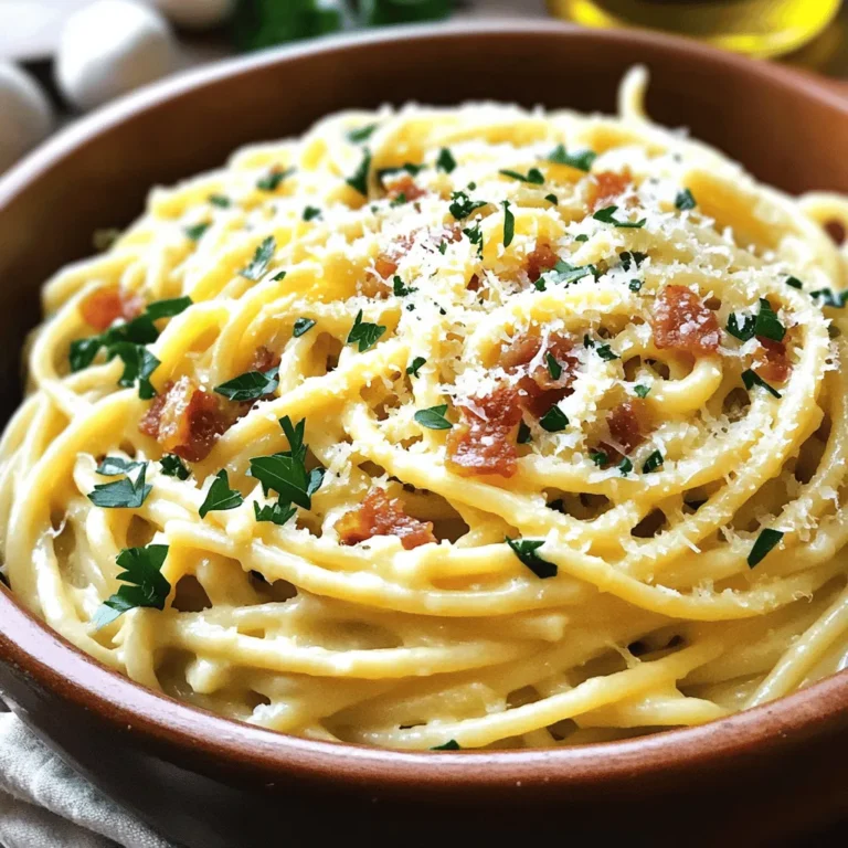 - 400g spaghetti - 2 large eggs - 100g grated Parmesan cheese - 150g pancetta or guanciale, diced (or turkey bacon for a lighter option) - Fresh parsley, chopped (for garnish) - 3 cloves garlic, minced - 1 tablespoon olive oil - Salt and freshly cracked black pepper Let’s talk about the key ingredients for your Easy Spaghetti Carbonara. First, you need 400g of spaghetti. This pasta provides the perfect base for the creamy sauce. Next, use 2 large eggs. They help create the rich, smooth texture we love in carbonara. Don’t forget the 100g of grated Parmesan cheese. This cheese adds depth and flavor to the dish. If you want to add a meat element, you can use 150g of pancetta or guanciale. Both are traditional, but turkey bacon is a lighter choice. For a fresh touch, chop some parsley to garnish your dish. In your pantry, keep essential items like 3 cloves of minced garlic and 1 tablespoon of olive oil. These ingredients build flavor in the dish. Lastly, have salt and freshly cracked black pepper on hand. They will enhance the taste of your carbonara. For the full recipe, check out the detailed cooking instructions that follow. Bring a large pot of salted water to a boil. Add the spaghetti and cook it until al dente. This means it should be firm but not hard. Reserve one cup of pasta water before draining the spaghetti. This water helps to create the sauce later. In a bowl, whisk together the eggs and grated Parmesan cheese. Make sure it blends well. This mixture will give the dish its creamy texture. Set it aside for now. In a large skillet, heat the olive oil over medium heat. Add the diced pancetta or guanciale. Sauté until it is crispy and golden, which takes about four to five minutes. Then add the minced garlic. Cook for another one to two minutes until you smell its rich aroma. Lower the heat on the skillet. Quickly toss the drained spaghetti into the skillet with the pancetta. Mix it well so the pasta is coated in the oil and meat juices. Then, pour the egg and cheese mixture over the pasta. Toss quickly to combine everything and create a creamy sauce. If the sauce feels too thick, add some reserved pasta water, one tablespoon at a time, until it feels just right. Season your dish with salt and plenty of black pepper. Taste and adjust if needed. Serve it right away, garnished with fresh parsley and more grated Parmesan for a lovely touch. For a full recipe, check out the detailed steps above! To make the sauce creamy, mix off the heat. This step stops the eggs from scrambling. After you add the egg mixture, toss the pasta quickly. If the sauce seems thick, add reserved pasta water. Do this slowly, one tablespoon at a time. This extra water helps reach the perfect consistency. For carbonara, spaghetti is the best pasta choice. It holds the sauce well. While you can use other types, spaghetti creates that classic dish. When picking meat, you have two great options: pancetta or guanciale. Pancetta is cured pork belly, while guanciale comes from pork cheek. Guanciale adds a richer flavor, though both work great. To enhance the flavors, serve with a side salad. A simple arugula salad pairs well with carbonara. It adds freshness and crunch. For presentation, use warm bowls. This keeps the dish hot longer. Top with extra Parmesan and a sprinkle of fresh parsley. It makes the dish look beautiful and inviting. Enjoy your meal! {{image_2}} You can easily adjust this recipe to fit different diets. - Turkey bacon: If you're looking for a low-fat option, turkey bacon works great. It gives a nice flavor without the extra fat. - Vegetarian alternatives: For a meatless version, use mushrooms or smoked tofu instead of pancetta. Both add a rich taste and texture. Want to make your carbonara even better? Add some extras! - Vegetables: Try mixing in peas or spinach. They add color and nutrients while keeping the dish light. - Different cheeses: Experiment with cheeses like Pecorino Romano or a bit of goat cheese. Each brings its own unique flavor. Carbonara varies across Italy. Each region has its take on this classic dish. - Regional variations: In some regions, they might use different meats or add cream. This gives each dish a unique flair. - Authenticity vs. modern takes: While some stick to the traditional recipe, others love to mix it up. Both ways can be delicious, so try what excites your taste buds! To store leftover spaghetti carbonara, place it in an airtight container. Make sure the pasta cools completely before sealing. This helps keep moisture out. You can store it in the fridge for up to three days. After that, the sauce may separate and lose its creamy texture. When reheating carbonara, use the stovetop for the best results. Heat a pan over low heat and add a splash of water or broth. This helps bring moisture back into the dish. Stir gently to warm it up evenly. To revive the creaminess, add a little Parmesan cheese while mixing. Freezing carbonara is not recommended, as it can change the texture. If you must freeze it, do so without the egg mixture. To freeze, place the cooked pasta and pancetta in a freezer-safe bag. Remove as much air as possible. Thaw it in the fridge overnight before reheating. Add the egg and cheese mixture fresh to maintain creaminess. The secret lies in the sauce. For the creamiest sauce, follow these tips: - Use fresh eggs. Fresh eggs create a richer, creamier texture. - Combine the egg mixture off the heat. This prevents the eggs from scrambling. - Gradually add reserved pasta water. This helps adjust the sauce's thickness. - Toss quickly. Ensure every strand of spaghetti gets coated with sauce. These steps will give you a silky and smooth sauce every time! Yes, you can! Here are some best practices for meal prep and storage: - Cook the spaghetti and pancetta separately. This keeps them fresh. - Store the egg mixture in the fridge. Combine it just before serving. - Reheat the pasta gently. Use low heat to avoid drying it out. This way, you can enjoy a quick meal with great flavor! If you need cheese alternatives, consider these options: - Pecorino Romano: A salty, sharp cheese that works well. - Grana Padano: Similar to Parmesan but milder. - Nutritional yeast: A vegan option that adds a cheesy flavor. These substitutes can still give your carbonara that cheesy goodness! Traditional Spaghetti Carbonara is not gluten-free due to the pasta. However, you can use gluten-free pasta options: - Brown rice pasta: A great substitute that holds up well. - Quinoa pasta: Offers a nice flavor and texture. - Chickpea pasta: Adds protein and has a unique taste. These options let everyone enjoy this tasty dish! Spaghetti Carbonara blends simple ingredients and techniques to create a comforting dish. We covered the key components, from pantry staples to optional add-ins that elevate flavor. Remember to mix off-heat for a creamy sauce and experiment with variations to suit your tastes. Proper storage keeps leftovers fresh, while reheating maintains the rich texture. By mastering these tips, you can enjoy a delightful meal any time. Embrace your culinary skills and savor every bite of your homemade Carbonara.