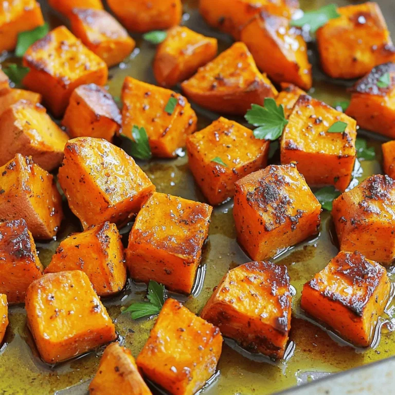 - 4 medium sweet potatoes - 3 tablespoons olive oil - 1 teaspoon smoked paprika These simple ingredients create a flavorful base. Sweet potatoes bring a natural sweetness and creaminess. Olive oil helps them roast well, adding crispness. Smoked paprika gives a warm, smoky flavor that elevates the dish. - 1 teaspoon ground cumin - 1/2 teaspoon cayenne pepper - Salt and black pepper Ground cumin adds a rich, earthy taste, while cayenne pepper brings heat. Adjust the cayenne to your spice level. Salt and black pepper enhance all the flavors. Use these spices to make your sweet potatoes exciting and better. - 2 tablespoons maple syrup - Fresh parsley, chopped Maple syrup adds a sweet glaze that caramelizes as the sweet potatoes roast. Fresh parsley adds a pop of color and a hint of freshness. You can skip these if you want, but they add extra flavor and visual appeal. For the complete details on making this dish, check out the Full Recipe. First, peel the sweet potatoes. Use a sharp peeler for ease. Once peeled, cut them into even cubes. Aim for 1-inch pieces to ensure even cooking. Next, preheat your oven to 425°F (220°C). This temperature helps caramelize the sugars in the sweet potatoes. In a large bowl, add the cubed sweet potatoes. Pour in 3 tablespoons of olive oil. Olive oil gives them a nice flavor and helps crisp them up. Now, add 1 teaspoon of smoked paprika and 1 teaspoon of ground cumin. These spices add warmth and depth. For a kick, stir in 1/2 teaspoon of cayenne pepper, along with salt and black pepper to taste. Mix everything until the sweet potatoes are well coated. For a touch of sweetness, drizzle 2 tablespoons of maple syrup over the seasoned sweet potatoes. Toss again. The syrup will caramelize during roasting, enhancing the flavor. Now, spread the sweet potatoes evenly on a lined baking sheet. Make sure to keep them in a single layer. If they are too crowded, they won’t roast well. Place them in the preheated oven and roast for about 25 to 30 minutes. Be sure to flip them halfway through cooking. This ensures they brown evenly and become tender. Once they are golden and soft, take them out of the oven. Let them cool slightly before serving. Add some chopped fresh parsley for a pop of color. Enjoy your deliciously spiced roasted sweet potatoes! For the complete recipe, check the Full Recipe. To make the best roasted sweet potatoes, set your oven to 425°F (220°C). This temperature helps the sweet potatoes cook evenly. An oven that is too hot can burn the outside before the inside cooks. Spacing is key when you arrange the sweet potatoes on the baking sheet. Place them in a single layer. If you crowd them, they will steam instead of roast. This can lead to mushy potatoes. You can easily change the flavor of your sweet potatoes. Try adding spices like garlic powder or cinnamon. These spices can add warmth and depth. You can also add a pinch more cayenne for heat or leave it out for a milder taste. If you want to control the spice level, start with less cayenne. You can always add more later. This way, you can find the right heat for your taste buds. The cooking time for sweet potatoes can vary. Factors like cube size and oven performance matter. Generally, roast them for about 25-30 minutes. You know they are ready when they are tender and golden brown. A fork should easily pierce them. If they are still firm, give them a few more minutes. Follow these tips to ensure perfect roasted sweet potatoes every time. For the full recipe, see the details above. {{image_2}} You can change the flavor of roasted sweet potatoes easily. Try different spice mixes for variety. Here are some great combinations: - Cinnamon and nutmeg: This gives a warm, sweet taste. - Curry powder: For a spicy and earthy flavor. - Garlic powder: Adds a savory touch. Instead of maple syrup, use honey for a different sweet flavor. Honey caramelizes well and gives a unique taste. Just remember, honey is sweeter, so use a little less. Roasted sweet potatoes pair well with many foods. They work great with proteins like chicken, fish, or beans. You can also add them to salads for a tasty twist. Try these ideas: - Add to a grain bowl: Mix with quinoa, greens, and a dressing. - Toss in green salads: They add color and nutrition. - Blend into a wrap: Use with hummus and fresh veggies. You can make this recipe vegan easily. Just ensure you use maple syrup or another plant-based sweetener. If you need a gluten-free option, you’re in luck! Sweet potatoes are naturally gluten-free. Just check all your spices and oils are gluten-free to keep it safe. You can enjoy this dish no matter your diet! To keep your roasted sweet potatoes fresh, use an airtight container. Glass or plastic containers work well. Make sure they are completely cool before sealing. This helps prevent steam buildup, which can make them soggy. Keep the container in the refrigerator. It can last for up to four days. If you notice any moisture, you can place a paper towel inside. This will absorb excess water. When it’s time to enjoy those leftovers, reheating is simple. The best way is to use an oven. Preheat it to 350°F (175°C). Spread the sweet potatoes on a baking sheet and heat for about 10-15 minutes. This method keeps them crispy. If you are in a hurry, the microwave works too. Place them in a microwave-safe dish and cover it. Heat for 1-2 minutes, checking often. This way, you avoid overcooking. Freezing roasted sweet potatoes is easy and great for meal prep. Start by spreading them on a baking sheet. Freeze them for about an hour, so they don’t stick together. Once frozen, transfer them to a freezer-safe bag. To thaw, place them in the refrigerator overnight. For reheating, use the oven at 350°F (175°C) for about 15-20 minutes. You can also microwave them, but the oven keeps them crispy and tasty. For the full recipe, check out the Deliciously Spiced Roasted Sweet Potatoes. Roasting sweet potatoes usually takes about 25 to 30 minutes. The size of the sweet potatoes affects the time. If they are small, check them at 20 minutes. Larger pieces may need up to 35 minutes. You want them tender and golden brown. Always flip them halfway for even cooking. Yes, you can use other potatoes like red or Yukon gold. They have different textures and flavors. However, they may not be as sweet as sweet potatoes. Adjust the spices to match the potato type. For example, white potatoes may need more seasoning. A sharp vegetable peeler works best for peeling sweet potatoes. Start at one end and move to the other. You can also cook them a bit to soften the skin. When they cool, the skin peels off easily. This method saves the most flesh. In this post, we've explored how to make simple roasted sweet potatoes. You learned the key ingredients, step-by-step cooking instructions, and some handy tips. Remember to adjust flavors for your taste, and don’t shy away from trying different spices. Storing leftovers and reheating them properly ensures you enjoy your sweet potatoes again. With these techniques, you can create delicious and healthy meals easily. Enjoy your cooking journey!