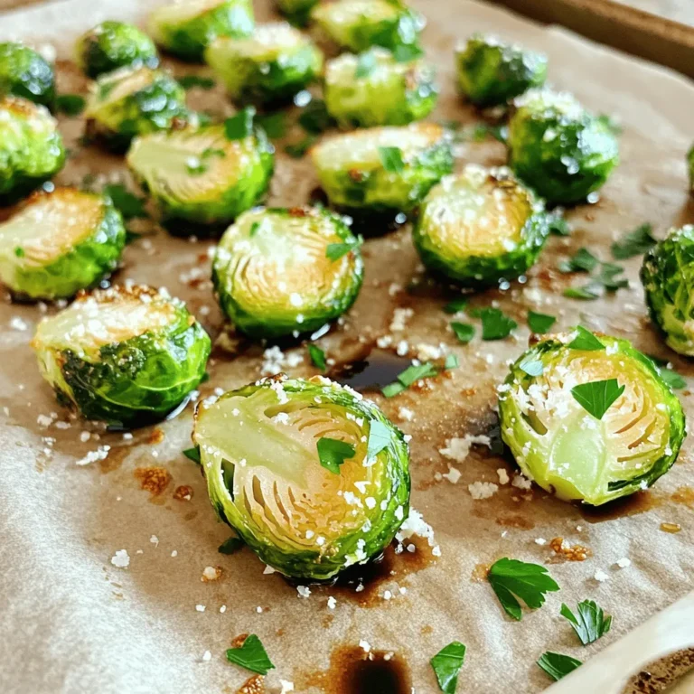 To make Roasted Brussels Sprouts with Balsamic Glaze, you need these key items: - 1 pound Brussels sprouts, trimmed and halved - 3 tablespoons olive oil - 2 tablespoons balsamic vinegar - 1 tablespoon honey - 2 cloves garlic, minced - Salt and pepper, to taste These ingredients form the base of our dish. The Brussels sprouts give a nice crunch and earthy flavor. Olive oil helps with roasting, adding richness. Balsamic vinegar and honey create a sweet and tangy glaze. Garlic adds a savory kick. Salt and pepper enhance all the tastes. For the balsamic glaze, you primarily use balsamic vinegar and honey. This mix creates a syrup-like texture when heated. Here's how to make it: - Combine 2 tablespoons balsamic vinegar - Add 1 tablespoon honey You simmer this mixture until thick. It adds a delicious finish to your Brussels sprouts. While the main ingredients are great on their own, you can add more: - ¼ cup grated Parmesan cheese (optional) - Fresh parsley, chopped for garnish Parmesan cheese adds a salty, creamy element that many love. Chopped parsley gives a fresh pop of color and flavor. Feel free to customize your dish with these extras. Check the Full Recipe for more tips on creating this delightful dish. Start by trimming the ends of each Brussels sprout. Cut them in half to help them cook evenly. Rinse them under cold water to remove any dirt. Pat them dry with a towel. This step is key for crispiness. In a bowl, mix balsamic vinegar and honey. Add minced garlic for flavor. This mix adds a sweet and tangy taste to the sprouts. You can also add salt and pepper to enhance the flavor. Stir until well combined. Preheat your oven to 425°F (220°C). Line a baking sheet with parchment paper. This helps with easy cleanup. In a large bowl, toss the Brussels sprouts with olive oil and the balsamic glaze. Spread them in a single layer on the baking sheet, cut side down. Roast for 20-25 minutes. Halfway through, give them a good toss. This ensures even cooking. The sprouts should be tender and golden brown when done. If you want, sprinkle grated Parmesan cheese on top. Return to the oven for 5 more minutes. This will melt the cheese. Once done, drizzle more balsamic vinegar if you like. Finish with chopped parsley for color. Enjoy your delicious roasted Brussels sprouts! For the complete recipe, check the Full Recipe section. To get your Brussels sprouts crispy, start with a hot oven. Preheat it to 425°F (220°C). Cut the sprouts in half and place them cut-side down on the baking sheet. This helps them brown better. Use enough olive oil. A good coating keeps them from drying out. Toss them halfway through roasting for even crispiness. Ovens can vary. If you have a fan or convection oven, reduce the temperature by 25°F. This helps the sprouts cook evenly. Always check them a few minutes early. If they look golden and smell great, they are likely ready. You want a nice balance between crisp and tender. Roasted Brussels sprouts pair well with many dishes. Serve them alongside roasted meats or as part of a veggie platter. They also shine in salads. Try adding them to a grain bowl with quinoa or rice. For a touch of sweetness, drizzle extra balsamic glaze on top. You can find the Full Recipe to explore more ideas. {{image_2}} You can make roasted Brussels sprouts even better by adding spices. Try using garlic powder for extra flavor. Smoked paprika gives a nice depth and warmth. If you like heat, sprinkle some red pepper flakes on top. You can even add a bit of lemon zest for a fresh twist that brightens the dish. You can easily make this recipe vegan. Simply skip the Parmesan cheese or use a plant-based alternative. The balsamic glaze is already vegan-friendly. This way, everyone can enjoy the dish without missing out on flavor. Roasted Brussels sprouts pair well with many foods. Try adding cooked bacon or pancetta for a savory kick. You can also mix in nuts like walnuts or pecans for crunch. If you're feeling adventurous, toss in some dried cranberries or pomegranate seeds for a sweet touch. These additions elevate the dish and make it more exciting. For the full recipe, check out the complete guide. To keep your roasted Brussels sprouts fresh, let them cool down first. Then, place them in an airtight container. You can store them in the fridge for about 3 to 5 days. Make sure to layer a paper towel in the container. This helps absorb excess moisture, keeping the sprouts crispy. When you're ready to enjoy leftovers, the best way to reheat Brussels sprouts is in the oven. Preheat your oven to 350°F (175°C). Spread the sprouts on a baking sheet and heat for about 10 to 15 minutes. This method helps restore their crispiness. You can also use a skillet over medium heat. Just add a bit of olive oil and stir until warm. If you want to store your roasted Brussels sprouts for longer, freezing is a great option. First, cool them completely. Then, spread them in a single layer on a baking sheet and freeze for a few hours. Once frozen, transfer them to a freezer bag. They can last up to 3 months. When you’re ready to eat, cook them straight from the freezer. Just add a few extra minutes to your cooking time. For the full recipe, check out the earlier section! Roasted Brussels sprouts can last about 3 to 5 days in the fridge. Store them in an airtight container for best results. Keep in mind that the longer they sit, the softer they may become. Yes, you can make balsamic glaze ahead of time. Just cook it until it thickens, then let it cool. Store it in a jar in the fridge for up to a week. It makes for an easy addition to many dishes. If you need a substitute for honey, consider maple syrup or agave nectar. Both options add sweetness and work well in the recipe. Adjust the amount to your taste, as they may vary in sweetness. Roasting Brussels sprouts is simple with the right steps. You learned the key ingredients, made a tasty balsamic glaze, and discovered tips for crispy sprouts. I shared variations to match your taste and how to store leftovers. These sprouts will be a hit at your next meal. Experiment and enjoy!