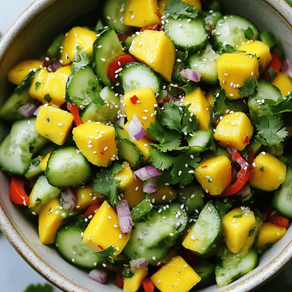 To make a spicy mango cucumber salad, gather these fresh ingredients: - 1 ripe mango, peeled and diced - 1 large cucumber, diced - 1 red bell pepper, diced - 1 small red onion, finely chopped - 1 to 2 red chilies, deseeded and finely chopped - 2 tablespoons lime juice - 1 tablespoon olive oil - Fresh cilantro leaves, chopped - Salt and pepper to taste These ingredients bring together sweet, spicy, and crunchy textures. The ripe mango adds sweetness, while the cucumber provides a refreshing crunch. The red bell pepper and onion contribute flavor and color, making the dish vibrant. If you want to change things up, consider these options: - Substitute mango with pineapple or peach for a twist. - Use zucchini or yellow squash instead of cucumber for variety. - Swap red bell pepper with green or yellow for a different taste. - Add herbs like mint or basil for extra flavor. These substitutions can keep your salad exciting and fresh. This salad is not only tasty but also healthy. Each serving has: - Approximately 120 calories - 3g of protein - 5g of fat - 18g of carbohydrates - 3g of fiber This salad is a great choice for a light lunch or a side dish. The mix of fruits and veggies gives you vitamins and minerals too. Enjoy the burst of flavors while keeping your meal nutritious! Step 1: Chopping Vegetables Start by peeling and dicing one ripe mango. Make sure you get nice, small pieces. Next, grab a large cucumber and dice it into similar-sized chunks. Then, take a red bell pepper, remove the seeds, and chop it up. Finally, finely chop one small red onion. The colors will really pop! Step 2: Making the Dressing In a small bowl, mix together one to two finely chopped red chilies, two tablespoons of lime juice, and one tablespoon of olive oil. Stir this well. This dressing adds the spicy kick and tangy flavor. Step 3: Combining Ingredients In a large mixing bowl, combine all your chopped vegetables. Pour the dressing over them and toss gently. Be careful not to bruise the ingredients. You want everything to stay fresh and crisp. How to toss ingredients without bruising To toss without bruising, use a gentle motion. Lift the ingredients from the bottom and turn them over. You want to coat everything without mashing it. Importance of letting flavors meld Let the salad sit for about 10 minutes before serving. This time helps the flavors blend nicely. You’ll be amazed at how much better it tastes! Garnishing with cilantro Right before serving, chop some fresh cilantro leaves and sprinkle them on top. This adds a burst of freshness and color. Presentation tips for serving Serve the salad in a chilled bowl for a nice touch. You can add extra slices of mango or cucumber on top for a pretty finish. A sprinkle of sesame seeds also gives a nice crunch. For the full recipe, check the detailed instructions above. Choosing ripe mangoes is key. Look for mangoes that feel soft but not mushy. The skin should have a nice color, usually a mix of green and yellow. A ripe mango will smell sweet at the stem end. For cucumbers, pick firm ones. They should be dark green and free of spots. Choose red bell peppers that are shiny and smooth. Fresh peppers add a crisp bite to the salad. You can add sweetness by mixing in a bit of honey or agave syrup. This pairs well with the spicy chilies. If you want more heat, add extra red chilies. For a fun twist, try adding sliced jalapeños. Pair this salad with grilled chicken or fish for a complete meal. It also works well as a side with tacos or burritos. To make this salad gluten-free, skip any sauces that contain gluten. This recipe is already vegan, but you can add chickpeas for extra protein. If you want to make it low-carb, use zucchini noodles instead of cucumbers. This keeps the crunch while cutting down on carbs. Check the [Full Recipe] for more ideas on how to customize your salad. {{image_2}} You can make this salad even better by adding more fruits. Pineapple brings a sweet and tangy flavor. Papaya adds a soft texture and a hint of sweetness. You can also mix in avocados for creaminess. They make the salad rich and filling. Each fruit adds its own twist. Consider adding nuts or seeds for crunch. Toasted cashews or sunflower seeds work great. They add a nice texture and flavor boost. You can also try different dressings. A honey-lime dressing gives a sweet touch. A spicy vinaigrette can add more heat. Change the dressing to match your taste. You can switch up the recipe based on the season. In summer, keep it light and fresh. Add juicy tomatoes or fresh herbs for a bright taste. In fall or winter, try roasted butternut squash or apples. These ingredients bring warmth and comfort. Adjust the salad to fit what is in season for the best flavors. If you're looking for the full recipe, check out the [Full Recipe] for all the details! To store leftover salad, place it in an airtight container. This keeps moisture in and air out. Make sure to seal it tightly. You can add a paper towel in the container to absorb excess moisture. This helps keep the ingredients crisp. To keep ingredients fresh, store any unused mango or cucumber separately. These can spoil quickly when mixed with dressing. If you plan to use them later, store them in the fridge. The salad lasts about three days in the fridge. After that, it may lose its taste and crunch. Always check for signs before eating. If the mango or cucumber looks soggy or has dark spots, it’s best to toss it. You should also look for any off smells. If it smells sour or unusual, do not eat it. Fresh ingredients are key to enjoying this dish. You can incorporate leftover salad into other meals. For example, add it to tacos or wrap it in a tortilla. It can also be a great topping on grilled chicken or fish. Transforming it into a salsa is another fun idea. Just chop the salad more finely and serve it with chips. You can also mix it into a grain bowl for extra flavor and crunch. These ideas keep meals exciting and reduce food waste. You can swap out mango for other fruits or vegetables. - Fruit alternatives: Pineapple and peach work well. They add sweetness and a juicy texture. - Vegetable options: Try using diced bell peppers or zucchini for a crunch without the fruit flavor. Yes, this salad can be spicy, depending on the chilies you use. - Adjusting heat levels: Use one chili for a mild taste or two for more heat. You can also remove the seeds for less spice. - Tips for non-spicy versions: Skip the chilies and add a touch of honey. It keeps the sweetness without the heat. The salad stays fresh for a short time. - Storage duration: It lasts up to 2 days in the fridge. After that, it can become soggy. - Best time to consume: Enjoy it within the first day for the best taste and crunch. Yes, you can prep it ahead of time. - Recommended time frames: Make it up to 4 hours before serving. This way, flavors blend well. - Storage tips prior to serving: Keep the dressing separate until just before you serve. This keeps the salad crisp. For the Full Recipe, please check the main article. This blog post guided you through making a spicy mango cucumber salad. I covered the essential ingredients and tips for choosing the best ones. You learned how to prepare and mix the salad while adjusting flavors to fit your taste. I also shared storage info and ways to use leftovers effectively. Enjoy experimenting with variations and substitutions to make this salad yours. With fresh ingredients and simple steps, your dish will shine. Happy cooking!