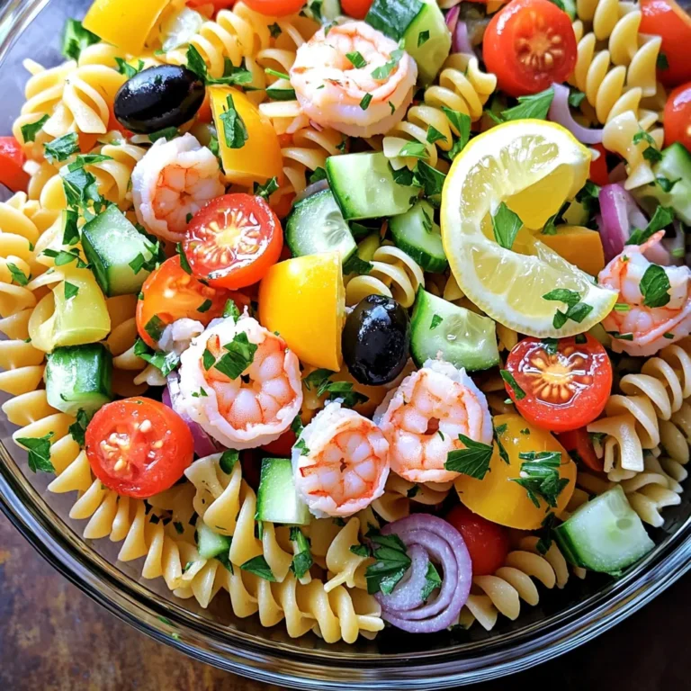For a tasty seafood pasta salad, you need a few key ingredients. Start with your seafood options. I love using: - 1 cup cooked shrimp, peeled and deveined - 1 cup cooked crab meat (or imitation crab) - You can also use tuna for a different flavor. Next, choose your pasta. I recommend: - 8 ounces of tricolor rotini for color and fun. - Other options include penne or bowtie pasta. Now, let’s add fresh vegetables. They bring crunch and flavor. Use: - 1 cup cherry tomatoes, halved - 1 small cucumber, diced - 1/2 bell pepper (red or yellow), diced - 1/4 cup red onion, finely chopped - 1/4 cup black olives, sliced For a bright and zesty dressing, you need: - 1/3 cup extra virgin olive oil - 2 tablespoons freshly squeezed lemon juice - 1 teaspoon dried oregano - Salt and freshly ground black pepper to taste These ingredients make your salad burst with flavor. Want to make your salad even better? Here are some optional add-ins: - Additional seafood like scallops or lobster - Extra vegetables such as spinach or peas - Cheese options include feta or mozzarella These add-ins can enhance your dish and suit your taste. Check out the Full Recipe for more details! Start with a large pot. Fill it with water and add salt. Bring the water to a rolling boil. Next, add the tricolor rotini pasta. Cook it according to the package instructions. Aim for an al dente texture. This means the pasta should be firm when you bite it. Once it's done, drain the pasta in a colander. Rinse it under cold water. This stops the cooking and cools it down fast. For the shrimp, rinse them under cold water. Remove the shells and tails. If they are not cooked, boil them for about 2-3 minutes until they turn pink. For the vegetables, wash them well. Cut the cucumber, bell pepper, and red onion into small pieces. Halve the cherry tomatoes. You want all the pieces to be roughly the same size. This helps them mix well in the salad. In a big mixing bowl, combine the cooled pasta, cooked shrimp, crab meat, halved tomatoes, diced cucumber, diced bell pepper, chopped onion, sliced olives, and parsley. Stir gently to mix everything. In a separate small bowl, whisk together olive oil, lemon juice, oregano, salt, and pepper. Pour this dressing over the salad and mix again. Make sure all the ingredients are well coated. Cover the bowl with plastic wrap and chill it in the fridge for at least 30 minutes. This lets the flavors blend better. Before you serve, toss it gently again. Taste it and adjust the seasoning if needed. For the full recipe, check out Ocean Breeze Seafood Pasta Salad . To make a great seafood pasta salad, keep your pasta from sticking. After boiling, rinse the pasta under cold water. This stops the cooking and cools it down. Toss in a bit of olive oil to keep it loose. Marinating your pasta salad boosts flavor. Let it chill in the fridge for at least 30 minutes. This time helps the flavors mix well. You can also add extra seasoning during this time for a more vibrant taste. Pair your seafood pasta salad with crusty bread or a light white wine. A chilled glass of Sauvignon Blanc complements the dish nicely. Serve the salad in a large, clear bowl. This shows off its colorful ingredients. For a fresh touch, garnish with lemon wedges or a sprig of parsley. This adds visual appeal and a hint of brightness. Want some heat? Add red pepper flakes to spice things up. Just a pinch can make a big difference. Mix it in gently to avoid overpowering the dish. If you prefer a hint of sweetness, sprinkle in a little sugar. This can balance the tangy flavors of lemon and olives. Start with a small amount, then taste and adjust as needed. {{image_4}} You can switch crab for tuna or salmon. Tuna brings a rich flavor, while salmon adds healthy fats. Both options work well in seafood pasta salad. If you want a vegetarian version, try plant-based seafood. Some brands offer great alternatives that mimic the taste and texture of real seafood. For a creamy twist, use yogurt or mayonnaise in your dressing. These options add richness and balance the flavors. If you prefer a lighter taste, consider citrus vinaigrettes. A mix of lemon juice and olive oil keeps it fresh and zesty. You can make this salad with gluten-free pasta if needed. Options like brown rice or chickpea pasta work great. For a low-carb version, try zucchini noodles. They add a nice crunch while keeping the dish light. For the full recipe, check out the Ocean Breeze Seafood Pasta Salad. To store leftovers properly, place them in an airtight container. This keeps your seafood pasta salad fresh. Make sure to cover it tightly to avoid any air exposure. For optimal freshness, eat the salad within three days. The flavors stay vibrant and delicious within this time frame. Can you freeze seafood pasta salad? It's best not to freeze it. Freezing can change the texture of seafood and pasta. If you must freeze it, do so without the dressing. To thaw, place it in the fridge overnight. This slow thawing helps maintain texture. When ready to serve, mix in fresh dressing. Is it safe to reheat seafood pasta? Seafood pasta salad is not meant to be reheated. If you have leftovers, enjoy them cold. If you prefer warmth, give it a quick toss in a pan over low heat. This keeps the seafood tender and the pasta intact. Always check for any signs of spoilage before eating. You can keep seafood pasta salad in the fridge for about three days. To check for spoilage, look for changes in smell or texture. If it smells off or feels slimy, it's best to toss it. Always store your pasta salad in an airtight container to keep it fresh longer. Yes, making seafood pasta salad ahead of time is a smart choice. It lets the flavors blend better. To prepare in advance, mix the pasta and seafood but add the dressing just before serving. This keeps everything fresh and prevents sogginess. The best seafood for pasta salad includes shrimp, crab, and tuna. Shrimp adds a sweet taste. Crab gives a rich flavor, while tuna is hearty and filling. You can mix and match these seafood options to find your favorite flavor profile. To make seafood pasta salad heartier, add more protein or veggies. Consider using scallops or lobster for seafood options. You can also toss in extra vegetables like spinach or peas. Adding cheese, such as feta or mozzarella, can enhance flavor and texture too. For the full recipe, check out Ocean Breeze Seafood Pasta Salad. In this post, we explored how to make a delicious seafood pasta salad. We covered essential ingredients like shrimp, tricolor rotini, and fresh veggies. The dressing, made with olive oil and lemon juice, brings it all together. Remember to use the right cooking techniques for perfect pasta and seafood. Also, feel free to mix in your favorite add-ins or swaps. This dish is easy to store and versatile for any occasion. Enjoy creating your seafood pasta salad masterpiece!