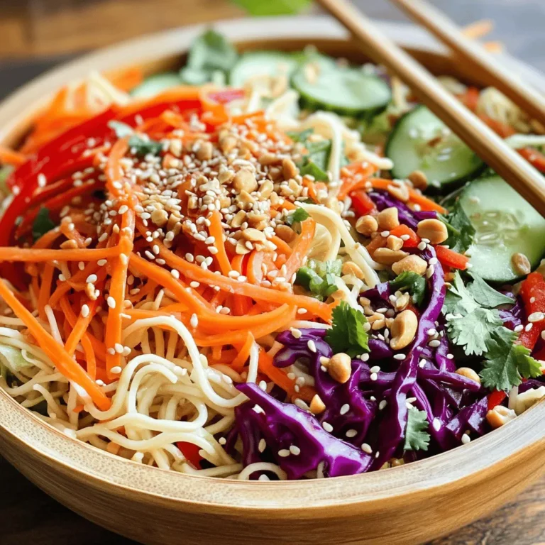 - 8 oz rice noodles - 1 cup shredded carrots - 1 cup red cabbage, thinly sliced - 1 cucumber, julienned - 1 red bell pepper, sliced - 3 green onions, chopped - 1/4 cup cilantro, chopped - 1/4 cup sesame seeds (toasted) - 1/4 cup roasted peanuts (chopped) In this salad, rice noodles shine as a soft base. They soak up flavors well. Fresh vegetables add crunch and color. Shredded carrots bring sweetness, while red cabbage offers a slight bite. The cucumber cools the dish, and red bell pepper adds brightness. Green onions and cilantro provide a fresh taste. - 3 tablespoons sesame oil - 2 tablespoons soy sauce (low sodium) - 1 tablespoon freshly grated ginger - 1 tablespoon honey or maple syrup - 1 tablespoon lime juice - Salt and pepper to taste The dressing is where the magic happens. Sesame oil gives a nutty flavor. Soy sauce adds saltiness, enhancing all the tastes. Fresh ginger brings warmth and zing. Honey or maple syrup sweetens the blend, while lime juice adds a fresh twist. Adjust salt and pepper for your preference. - Additional vegetables - Protein options Feel free to customize your salad! You can add more vegetables like bell peppers or snap peas. For protein, try grilled chicken, shrimp, or tofu. These add-ins make this salad even heartier. You can enjoy it as a meal or a side dish. For the complete recipe, check the Full Recipe section. To start, cook 8 oz of rice noodles according to the package instructions. This usually takes about 5 to 7 minutes. You want them soft but not mushy. Once cooked, drain them in a colander. Rinse the noodles under cold water. This stops the cooking and cools them down quickly. Set the noodles aside while you prepare the veggies. Next, grab your fresh vegetables. You will need 1 cup of shredded carrots, 1 cup of thinly sliced red cabbage, 1 julienned cucumber, and 1 sliced red bell pepper. Chop 3 green onions and 1/4 cup of cilantro. Use a sharp knife for clean cuts. In a large bowl, mix all the veggies together until they look colorful and vibrant. In a small bowl, whisk together 3 tablespoons of sesame oil and 2 tablespoons of low-sodium soy sauce. Add 1 tablespoon of freshly grated ginger, 1 tablespoon of honey or maple syrup, and 1 tablespoon of lime juice. Mix well until all the ingredients come together. Taste the dressing and adjust with salt and pepper if needed. Now, it’s time to combine. Add the cooled rice noodles to the bowl with the fresh vegetables. Pour the dressing over the top. Gently toss everything together. Make sure every noodle and veggie gets coated in that tasty dressing. For added crunch, sprinkle 1/4 cup of toasted sesame seeds and 1/4 cup of chopped roasted peanuts on top. Toss one last time to mix in the garnishes. Enjoy your refreshing Sesame Ginger Noodle Salad! You can find the Full Recipe for detailed steps. Using cold noodles makes the salad refreshing. Rinse the cooked rice noodles under cold water. This stops the cooking and keeps them firm. The crunch of your veggies matters too. Use fresh carrots, red cabbage, cucumber, and bell pepper. Slice them thin for a nice bite. Keep them crisp by adding them just before serving. Want to spice things up? Add some red pepper flakes or sriracha for heat. A splash of rice vinegar can brighten the flavors too. If you have leftover dressing, use it on other salads or as a dip. It’s great with fresh veggies or even grilled meats. Presentation is key to impressing guests. Serve the salad in a large bamboo bowl. Garnish with extra sesame seeds and cilantro. Use chopsticks for a fun, authentic experience. Pair it with grilled chicken or shrimp for a complete meal. This salad also goes well with crispy spring rolls or wontons. {{image_2}} You can easily make this salad fit your needs. For gluten-free options, use rice noodles. They are naturally gluten-free and work perfectly in this dish. If you want a vegan adaptation, swap honey for maple syrup. This small change keeps the flavors bright and sweet without animal products. Feel free to get creative with the veggies. Instead of red cabbage, try adding kale or spinach for a twist. You can also mix in bell peppers of different colors for a vibrant look. If you're out of rice noodles, use soba noodles or even zucchini noodles for a fun texture. This dish shines with Asian-inspired twists. Add a splash of sesame dressing or a sprinkle of seaweed for extra flavor. For fusion ideas, consider topping it with grilled chicken or shrimp. You can even toss in some avocado for a creamy finish. This versatility makes the salad a delight for any meal. To keep your sesame ginger noodle salad fresh, use airtight containers. Glass or plastic containers both work well. Store the salad in the fridge right after serving. You can enjoy it for up to three days. After that, the noodles and veggies may lose their crispness. If you have leftover noodles, reheat them gently. Use a microwave or a pan on low heat. Add a splash of water to the noodles to keep them moist. For the veggies, avoid reheating if possible. They taste best cold and crunchy. If you must, heat them briefly to keep their texture intact. Prepping this salad in advance is simple. Cook the rice noodles and chop the veggies ahead of time. Store each part separately. When you're ready to eat, just toss everything together. This makes for a quick meal during busy days. You can also make a larger batch of the dressing to save time. To make your Sesame Ginger Noodle Salad vegan, swap honey for maple syrup. This adds sweetness without animal products. You can also use soy yogurt instead of any dairy. This keeps the salad creamy and delicious while staying plant-based. Yes, you can! Here are some options: - Soba noodles: These are made from buckwheat and add a nutty flavor. - Udon noodles: Thick and chewy, they bring great texture. - Zucchini noodles: A low-carb option that adds freshness. Just make sure to cook them according to their package directions for the best results. You can add many tasty toppings and proteins: - Grilled chicken or shrimp: These add a nice protein boost. - Tofu: This is a great plant-based protein option. - Avocado: It gives creaminess and healthy fats. - Chili flakes: For a spicy kick, sprinkle these on top. Feel free to mix and match to suit your taste! For the full recipe, check the section above. In this blog, we explored making a tasty Sesame Ginger Noodle Salad. We covered the main ingredients like rice noodles, fresh veggies, and herbs. We walked through step-by-step instructions for cooking, prepping, and dressing. I shared tips to perfect the texture and flavor. We also looked at variations for different diets and storage tips. Enjoy making your salad and try new ingredient swaps. Each bite can be a fresh surprise.