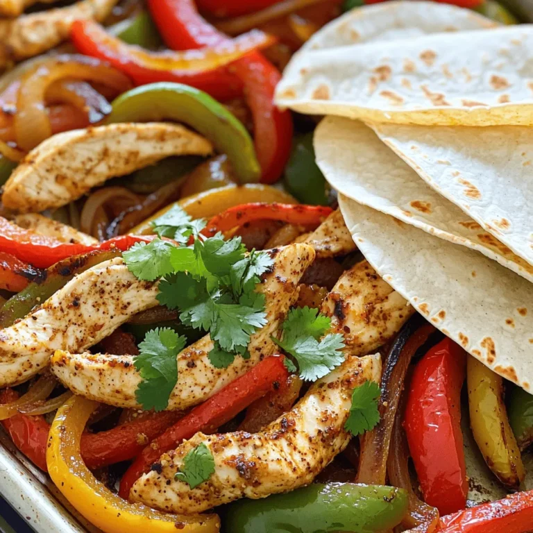 - 1 lb boneless, skinless chicken breasts, sliced into strips - 1 red bell pepper, sliced - 1 green bell pepper, sliced - 1 yellow onion, sliced - 3 tablespoons olive oil - 2 teaspoons chili powder - 1 teaspoon cumin - 1 teaspoon smoked paprika - ½ teaspoon garlic powder - ½ teaspoon onion powder - Salt and pepper to taste The main ingredients for Sheet Pan Chicken Fajitas are simple but full of flavor. The chicken gives a hearty base, while the peppers and onion add a sweet crunch. Olive oil helps the spices stick and keeps everything moist. - Juice of 1 lime - Fresh cilantro, chopped (for garnish) - Tortillas (for serving) To enhance the taste, add lime juice for a zesty kick. Fresh cilantro brightens the dish and adds color. Don’t forget to serve it with warm tortillas for a complete meal. These extra touches make your fajitas pop with flavor. You can find the full recipe above. 1. Preheat the oven: First, set your oven to 400°F (200°C). This step ensures your fajitas cook evenly and quickly. 2. Prepare the chicken and veggies: Take 1 lb of boneless, skinless chicken breasts and slice them into strips. Next, slice one red bell pepper, one green bell pepper, and one yellow onion. It’s fun to add colors to your dish! 3. Season the mixture: In a large mixing bowl, combine the chicken and veggies. Drizzle 3 tablespoons of olive oil over them. Then, sprinkle in 2 teaspoons of chili powder, 1 teaspoon of cumin, 1 teaspoon of smoked paprika, ½ teaspoon of garlic powder, and ½ teaspoon of onion powder. Add salt and pepper to taste. Squeeze in the juice of 1 lime and toss everything together. Make sure the chicken and veggies are well coated! 1. Arrange on a sheet pan: Spread the seasoned chicken and veggies evenly on a large sheet pan. Keep them in a single layer for even cooking. This helps everything cook perfectly and brown nicely. 2. Bake in the oven: Place the sheet pan in the preheated oven. Bake for 20-25 minutes. Check that the chicken is cooked through and the veggies are tender and slightly caramelized. 3. Garnish and serve: After baking, take the pan out of the oven. Sprinkle chopped fresh cilantro on top for added flavor and color. Serve the fajitas with warm tortillas, letting everyone fill their own wraps with the tasty chicken and veggies. For the full details, check the Full Recipe. To make great fajitas, ensure everything cooks evenly. Spread the chicken and veggies in a single layer on your sheet pan. This helps them cook well, without steaming. If they crowd each other, they can become soggy. Keep an eye on the cooking time. Bake the fajitas at 400°F (200°C) for 20-25 minutes. Check the chicken for doneness. It should reach an internal temperature of 165°F (74°C). The veggies should be tender and a bit caramelized for the best flavor. Presentation can make your meal more fun! Serve your fajitas with colorful plates. Add salsa, guacamole, and sour cream on the side. These add extra taste and make your meal look great. For side dishes, consider serving rice or beans. They pair well with the fajitas and make a filling meal. You could also add a fresh salad for a refreshing crunch. Explore the [Full Recipe](#) for all the details! {{image_2}} You can easily change the protein in your fajitas. Try using steak or shrimp instead of chicken. Both options add great flavor and texture. For steak, slice it thinly to cook evenly. Shrimp cooks fast, so watch it closely. You can also mix up the veggies. Instead of just bell peppers and onion, consider adding zucchini, mushrooms, or corn. Each veggie brings its own taste. This way, you can create your own flavor profile. If you need a gluten-free option, skip the tortillas and serve the fajitas on a bed of lettuce. This keeps the meal light and crunchy. For a vegetarian version, swap the chicken for black beans or tofu. Season them the same way as chicken. This adds protein and keeps it filling. You can also add extra veggies to enhance the dish. These swaps and modifications make it easy to customize your sheet pan chicken fajitas. Enjoy making them your own! You can find the full recipe above. After cooking, let your fajitas cool down. This helps keep the taste fresh. Store leftovers in the fridge. Use airtight containers to keep them safe. Make sure the lid seals tight to prevent air from getting in. You can keep them in the fridge for up to three days. If you want to save them longer, try freezing them. They will last about three months in the freezer. You can reheat your fajitas in two main ways: the microwave or the oven. - Microwave: Place the fajitas on a microwave-safe plate. Cover them with a damp paper towel to keep moisture. Heat for about one minute. Check if they are warm enough. If not, heat in 30-second bursts until hot. - Oven: Preheat your oven to 350°F (175°C). Place the fajitas on a baking sheet. Cover with foil to keep them moist. Heat for about 10-15 minutes. This method keeps the texture nice and crispy. To keep flavor and texture, avoid overheating. This way, your fajitas taste just as good as when you first made them. Enjoy your meal again with the same great taste! For the full recipe, check the recipe section. How long to bake chicken fajitas? Bake chicken fajitas for 20-25 minutes at 400°F (200°C). Check that the chicken is fully cooked. The veggies should be tender and slightly caramelized. This timing helps the flavors blend well. Can I use frozen chicken for this recipe? Yes, you can use frozen chicken. However, thaw it first to ensure even cooking. If you cook it from frozen, increase the baking time by 10-15 minutes. Always check the chicken’s internal temperature for safety. What toppings go well with fajitas? Toppings can make your fajitas special. Here are some great ideas: - Fresh cilantro - Sour cream - Guacamole - Salsa - Shredded cheese How to make homemade tortillas? Making homemade tortillas is easy and fun. You need flour, water, salt, and oil. Mix the ingredients, knead the dough, and let it rest. Then, roll out small balls and cook them on a hot skillet. This adds a fresh touch to your fajitas. What sauces pair best with chicken fajitas? Many sauces can enhance your chicken fajitas. A few popular choices are: - Salsa verde - Chipotle sauce - Creamy ranch dressing - Spicy barbecue sauce These sauces add extra flavor and make each bite even better. This blog post covered how to make delicious sheet pan chicken fajitas. We discussed the key ingredients, preparation steps, and cooking instructions. I shared tips for perfecting your dish and suggested ways to serve it. We also explored ingredient swaps and dietary options to suit your needs. Lastly, I provided storage and reheating advice to enjoy leftovers. With these insights, you can create flavorful fajitas that impress your family and friends. Enjoy your cooking adventure!