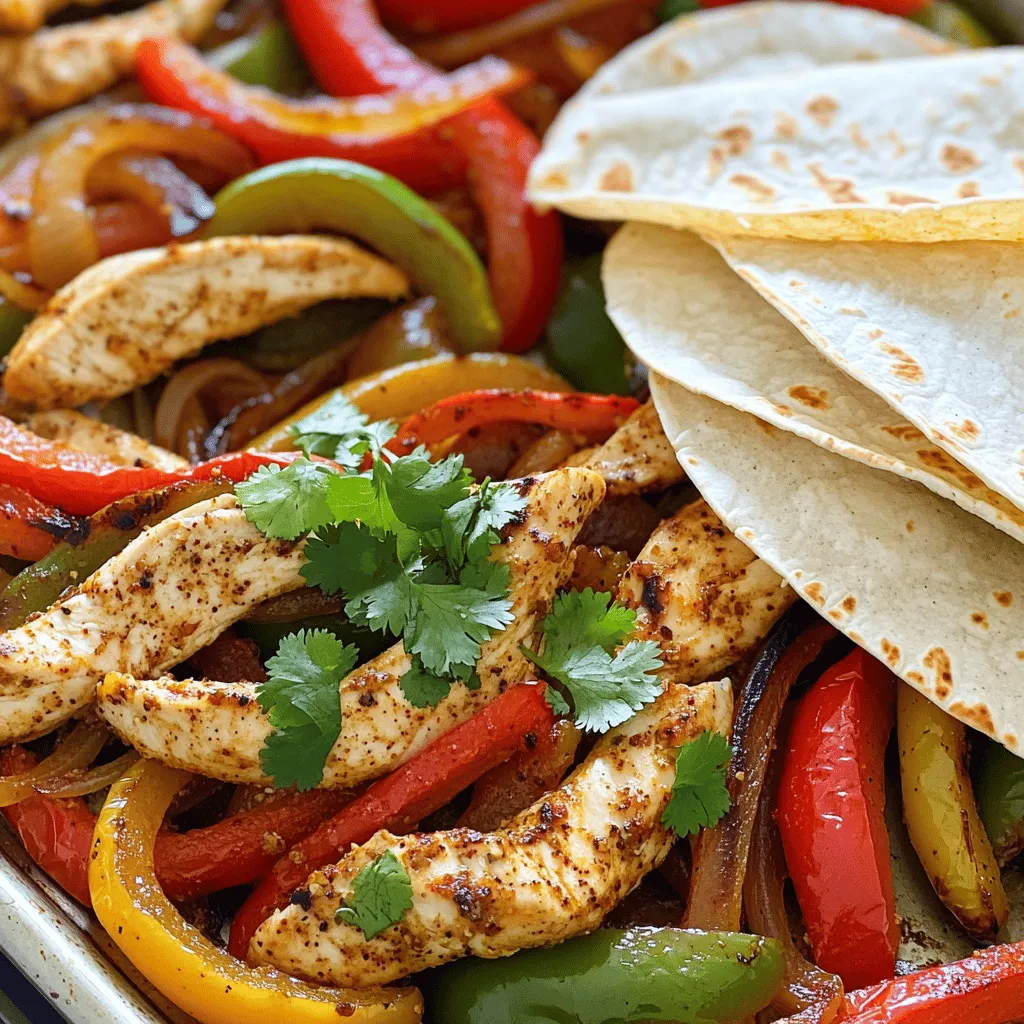- 1 lb boneless, skinless chicken breasts, sliced into strips - 1 red bell pepper, sliced - 1 green bell pepper, sliced - 1 yellow onion, sliced - 3 tablespoons olive oil - 2 teaspoons chili powder - 1 teaspoon cumin - 1 teaspoon smoked paprika - ½ teaspoon garlic powder - ½ teaspoon onion powder - Salt and pepper to taste The main ingredients for Sheet Pan Chicken Fajitas are simple but full of flavor. The chicken gives a hearty base, while the peppers and onion add a sweet crunch. Olive oil helps the spices stick and keeps everything moist. - Juice of 1 lime - Fresh cilantro, chopped (for garnish) - Tortillas (for serving) To enhance the taste, add lime juice for a zesty kick. Fresh cilantro brightens the dish and adds color. Don’t forget to serve it with warm tortillas for a complete meal. These extra touches make your fajitas pop with flavor. You can find the full recipe above. 1. Preheat the oven: First, set your oven to 400°F (200°C). This step ensures your fajitas cook evenly and quickly. 2. Prepare the chicken and veggies: Take 1 lb of boneless, skinless chicken breasts and slice them into strips. Next, slice one red bell pepper, one green bell pepper, and one yellow onion. It’s fun to add colors to your dish! 3. Season the mixture: In a large mixing bowl, combine the chicken and veggies. Drizzle 3 tablespoons of olive oil over them. Then, sprinkle in 2 teaspoons of chili powder, 1 teaspoon of cumin, 1 teaspoon of smoked paprika, ½ teaspoon of garlic powder, and ½ teaspoon of onion powder. Add salt and pepper to taste. Squeeze in the juice of 1 lime and toss everything together. Make sure the chicken and veggies are well coated! 1. Arrange on a sheet pan: Spread the seasoned chicken and veggies evenly on a large sheet pan. Keep them in a single layer for even cooking. This helps everything cook perfectly and brown nicely. 2. Bake in the oven: Place the sheet pan in the preheated oven. Bake for 20-25 minutes. Check that the chicken is cooked through and the veggies are tender and slightly caramelized. 3. Garnish and serve: After baking, take the pan out of the oven. Sprinkle chopped fresh cilantro on top for added flavor and color. Serve the fajitas with warm tortillas, letting everyone fill their own wraps with the tasty chicken and veggies. For the full details, check the Full Recipe. To make great fajitas, ensure everything cooks evenly. Spread the chicken and veggies in a single layer on your sheet pan. This helps them cook well, without steaming. If they crowd each other, they can become soggy. Keep an eye on the cooking time. Bake the fajitas at 400°F (200°C) for 20-25 minutes. Check the chicken for doneness. It should reach an internal temperature of 165°F (74°C). The veggies should be tender and a bit caramelized for the best flavor. Presentation can make your meal more fun! Serve your fajitas with colorful plates. Add salsa, guacamole, and sour cream on the side. These add extra taste and make your meal look great. For side dishes, consider serving rice or beans. They pair well with the fajitas and make a filling meal. You could also add a fresh salad for a refreshing crunch. Explore the [Full Recipe](#) for all the details! {{image_2}} You can easily change the protein in your fajitas. Try using steak or shrimp instead of chicken. Both options add great flavor and texture. For steak, slice it thinly to cook evenly. Shrimp cooks fast, so watch it closely. You can also mix up the veggies. Instead of just bell peppers and onion, consider adding zucchini, mushrooms, or corn. Each veggie brings its own taste. This way, you can create your own flavor profile. If you need a gluten-free option, skip the tortillas and serve the fajitas on a bed of lettuce. This keeps the meal light and crunchy. For a vegetarian version, swap the chicken for black beans or tofu. Season them the same way as chicken. This adds protein and keeps it filling. You can also add extra veggies to enhance the dish. These swaps and modifications make it easy to customize your sheet pan chicken fajitas. Enjoy making them your own! You can find the full recipe above. After cooking, let your fajitas cool down. This helps keep the taste fresh. Store leftovers in the fridge. Use airtight containers to keep them safe. Make sure the lid seals tight to prevent air from getting in. You can keep them in the fridge for up to three days. If you want to save them longer, try freezing them. They will last about three months in the freezer. You can reheat your fajitas in two main ways: the microwave or the oven. - Microwave: Place the fajitas on a microwave-safe plate. Cover them with a damp paper towel to keep moisture. Heat for about one minute. Check if they are warm enough. If not, heat in 30-second bursts until hot. - Oven: Preheat your oven to 350°F (175°C). Place the fajitas on a baking sheet. Cover with foil to keep them moist. Heat for about 10-15 minutes. This method keeps the texture nice and crispy. To keep flavor and texture, avoid overheating. This way, your fajitas taste just as good as when you first made them. Enjoy your meal again with the same great taste! For the full recipe, check the recipe section. How long to bake chicken fajitas? Bake chicken fajitas for 20-25 minutes at 400°F (200°C). Check that the chicken is fully cooked. The veggies should be tender and slightly caramelized. This timing helps the flavors blend well. Can I use frozen chicken for this recipe? Yes, you can use frozen chicken. However, thaw it first to ensure even cooking. If you cook it from frozen, increase the baking time by 10-15 minutes. Always check the chicken’s internal temperature for safety. What toppings go well with fajitas? Toppings can make your fajitas special. Here are some great ideas: - Fresh cilantro - Sour cream - Guacamole - Salsa - Shredded cheese How to make homemade tortillas? Making homemade tortillas is easy and fun. You need flour, water, salt, and oil. Mix the ingredients, knead the dough, and let it rest. Then, roll out small balls and cook them on a hot skillet. This adds a fresh touch to your fajitas. What sauces pair best with chicken fajitas? Many sauces can enhance your chicken fajitas. A few popular choices are: - Salsa verde - Chipotle sauce - Creamy ranch dressing - Spicy barbecue sauce These sauces add extra flavor and make each bite even better. This blog post covered how to make delicious sheet pan chicken fajitas. We discussed the key ingredients, preparation steps, and cooking instructions. I shared tips for perfecting your dish and suggested ways to serve it. We also explored ingredient swaps and dietary options to suit your needs. Lastly, I provided storage and reheating advice to enjoy leftovers. With these insights, you can create flavorful fajitas that impress your family and friends. Enjoy your cooking adventure!