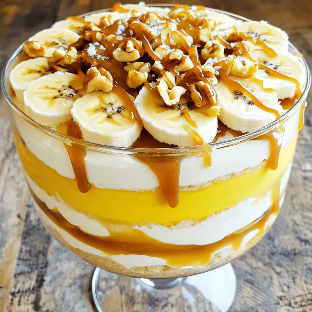 - 3 ripe bananas, thinly sliced - 1 cup heavy cream - ½ cup caramel sauce (can be store-bought or homemade) - 1 cup vanilla pudding (prepared and chilled) - 1 cup ladyfinger cookies or crumbled sponge cake - 1 teaspoon pure vanilla extract - ¼ cup toasted walnuts or pecans, coarsely chopped - A pinch of sea salt Accurate measurements make a big difference. Use a kitchen scale for exact amounts. If you don’t have ladyfingers, crumbled sponge cake works well. You can also swap the nuts for your favorite type. Fresh bananas and high-quality cream are key. They enhance the flavor of the trifle. For caramel sauce, homemade gives the best taste. But if you’re short on time, store-bought works just fine. Always choose the best ingredients to make your trifle shine. To make the whipped cream, start with a large mixing bowl. Pour in 1 cup of heavy cream. Use an electric mixer on medium speed. Beat the cream until soft peaks form. Then, add 1 teaspoon of pure vanilla extract. Increase the speed and keep whipping. Stop when stiff peaks form. This means the cream holds its shape well. Now, let’s create the base layer. Take either a big trifle dish or small cups. Begin with crumbled ladyfinger cookies or sponge cake. Spread these evenly at the bottom. This forms a solid base for the trifle. Next, spoon a thick layer of vanilla pudding over the cookies. Smooth it out with a spatula, covering the cookies completely. Now, it’s time for the banana layer. Arrange the thinly sliced bananas on top of the pudding. Then, drizzle some caramel sauce over the bananas. This adds a sweet touch. Follow with a layer of the whipped cream. Spread it carefully over the bananas, making a fluffy cap. Repeat the layers. Start again with the cookies, then pudding, bananas, and whipped cream. Keep going until the dish is full. Make sure the last layer is whipped cream. For a finishing touch, drizzle extra caramel sauce over the top. Sprinkle chopped toasted walnuts or pecans on the whipped cream. Add a pinch of sea salt to balance the sweetness. Now, cover the trifle with plastic wrap or a lid. Chill it in the fridge for at least 2 hours. This waiting time helps the flavors mix well. For serving, use clear glass bowls or cups. This way, you can show off the nice layers. Top each with a small sprig of fresh mint for color. Enjoy this tasty dessert! You can find the full recipe in the earlier section. To get the right whipped cream, start with cold heavy cream. Use a large bowl and beat the cream on medium speed. Stop when soft peaks form. Then, add pure vanilla extract. Increase the speed until you see stiff peaks. This keeps the cream fluffy and light. To avoid soggy layers, layer the ingredients in the right order. Start with cookies at the bottom. Add pudding next, then bananas. Finish with whipped cream. Repeat this until the dish is full. Each layer should be even. This keeps the trifle from collapsing. For extra flavor, try adding a sprinkle of cinnamon or nutmeg. These spices add warmth and depth to the dessert. You can also experiment with toppings. Consider adding chocolate shavings or fresh berries. These can brighten the dessert and add different flavors. One common mistake is overwhipping the cream. If you whip too long, it can turn grainy. Stop whipping as soon as you see stiff peaks. This keeps the cream smooth and creamy. Another mistake is incorrect layering. If you do not layer properly, the trifle can look messy. Be sure to spread each layer evenly. This makes the trifle look beautiful and keeps it together. For the full recipe, check out the Caramel Banana Cream Trifle . Enjoy making this delightful dessert! {{image_4}} You can switch things up with different fruits, like strawberries or apples. These fruits add a fresh twist and new flavors. If you want a gluten-free version, try using gluten-free cookies. They work just as well and keep the treat delicious. Love chocolate? You can mix in chocolate or mocha flavors. Just add cocoa powder to the pudding or use chocolate pudding. You can also try flavored puddings, like banana or butterscotch, for an extra fun taste. You can serve this trifle in cups or a big trifle dish. Individual cups make it easy for guests to enjoy without sharing. A large dish looks great for family-style serving. Either way, it’s sure to impress! If you want to see the full recipe, check it out here. To keep your trifle fresh, cover it tightly with plastic wrap or a lid. Store it in the fridge. This helps keep it cool and tasty. Use a glass or ceramic dish for best results. Avoid using metal containers, as they can change the flavor. To prevent soggy layers, try not to mix the layers too much when you serve. Can you freeze a trifle? Yes, but there are pros and cons. Freezing can change the texture of the whipped cream and bananas. If you want to freeze your trifle, layer it in a freezer-safe container. Leave some space at the top, as it may expand. Thaw it in the fridge overnight before serving. Remember, it may not taste as fresh as when made. How long does the trifle last in the fridge? Typically, it lasts about three days. After that, the layers may start to break down. Look for signs of spoilage, like a sour smell or watery layers. If you see any mold or strange colors, it’s best to discard it. Enjoy your trifle while it’s at its best! For the full recipe, check out the complete guide to make your own Caramel Banana Cream Trifle. A trifle is a layered dessert. It often includes cake, cream, and fruit. In this recipe, I use ladyfinger cookies, vanilla pudding, bananas, and whipped cream. Each layer adds flavor and texture. The dessert looks beautiful in a clear dish. It invites you to dig in and enjoy. Yes, you can make this trifle ahead of time. It actually tastes better when it sits. I recommend preparing it a few hours before serving. Cover it well and chill it in the fridge. This allows the flavors to blend. Just remember to add the nuts on top just before serving. This keeps them crunchy. This recipe can be made gluten-free. Use gluten-free ladyfinger cookies or sponge cake. For nut-free needs, skip the walnuts or pecans. The trifle will still taste great without them. Always check labels to ensure safety. You can enjoy this dessert in many ways! For the full recipe, refer to the earlier section. In this blog post, we explored how to make a delicious trifle. We discussed key ingredients like bananas, heavy cream, and caramel sauce. You learned measurement tips and the value of quality ingredients. We provided step-by-step instructions for whipping cream and layering your dessert. I shared helpful tips to perfect texture and avoid common mistakes. Plus, I offered variations and storage advice. Now, it’s time to get creative and enjoy your trifle! Experiment with flavors and toppings, and make it your own. Enjoy your sweet creations!