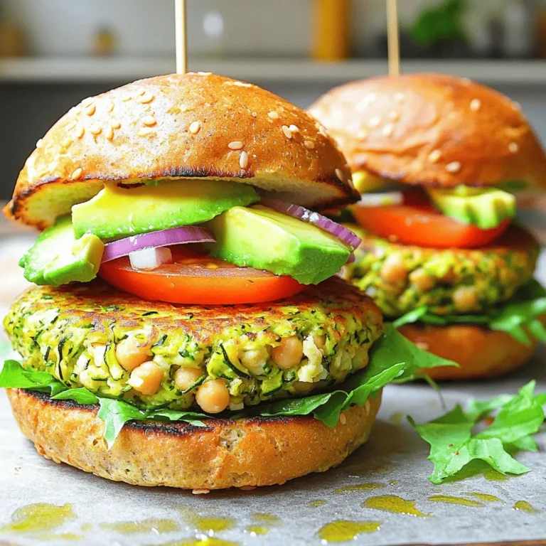 To make Zucchini Chickpea Burgers, gather these simple ingredients: - 2 medium zucchinis, grated - 1 can (15 oz) chickpeas, drained and rinsed - 1/2 cup breadcrumbs (use gluten-free if needed) - 1/4 cup grated Parmesan cheese (or nutritional yeast for a vegan option) - 1/4 cup finely chopped red onion - 2 cloves garlic, minced - 1 teaspoon ground cumin - 1 teaspoon smoked paprika - 1/2 teaspoon salt - 1/4 teaspoon black pepper - 1 tablespoon fresh parsley, chopped - 1 tablespoon olive oil (for frying) - Burger buns (whole grain or gluten-free) - Lettuce, tomato, and avocado for toppings When measuring, be precise. If you need a substitute: - Use oats instead of breadcrumbs for a gluten-free option. - Swap Parmesan cheese with nutritional yeast for a vegan dish. - Red onion can be replaced with green onions or shallots. - If you want less spice, reduce the cumin and smoked paprika. These burgers are not just tasty; they are full of good stuff: - Zucchini is low in calories and high in water. It helps keep you full. - Chickpeas are rich in protein and fiber, making them great for muscle health. - Garlic boosts your immune system and adds flavor. - Parsley is packed with vitamins and adds freshness to the dish. - Olive oil provides healthy fats that are heart-friendly. This mix of ingredients makes Zucchini Chickpea Burgers a healthy choice for any meal. For the full recipe, check out the instructions above. Start with the zucchinis. Grate them using a box grater. Then, take a clean kitchen towel and place the grated zucchini inside. Squeeze the towel tightly to remove excess moisture. This step is key to making sure the burgers do not turn out soggy. Next, open the can of chickpeas. Drain and rinse them well. This helps to remove extra salt and preservatives. In a large mixing bowl, mash the drained chickpeas with a fork or potato masher. Leave some chunks for texture. Now, add the squeezed zucchini to the bowl. Next, add breadcrumbs, Parmesan cheese (or nutritional yeast for vegan), chopped red onion, minced garlic, cumin, smoked paprika, salt, pepper, and parsley. Mix everything together until it is well combined. Once it’s mixed, form the mixture into patties. You should get about 6-8 burger-sized rounds, depending on how thick you want them. Heat a skillet over medium heat and add olive oil. Once the oil is hot, place the patties in the skillet. Cook each side for about 4-5 minutes until they turn golden brown and crispy. Keep an eye on them to avoid burning. Once done, place the burgers on whole grain or gluten-free buns. Top them off with your favorite toppings like lettuce, tomato, and avocado. Enjoy your flavorful and healthy meal! For the complete details, check the Full Recipe. To keep your zucchini chickpea burgers from being soggy, moisture control is key. Start by grating the zucchinis. Then, place them in a clean kitchen towel. Squeeze out as much water as you can. This step makes a big difference. Another tip is to use breadcrumbs. They soak up extra moisture and help bind the mix. If you want a firmer burger, add more breadcrumbs. Just remember, too many can make them dry. For cooking, use a skillet over medium heat. This way, you get a nice golden crust. A non-stick skillet works great. If you don’t have one, a bit more oil will help prevent sticking. Cook the patties for about 4-5 minutes on each side. You want them crispy and brown. If you prefer grilling, ensure your grill is hot. This will help keep the burgers intact. When it’s time to serve, go for whole grain or gluten-free buns. Top your burgers with fresh lettuce, tomato, and sliced avocado. You can also add a dollop of yogurt or a spicy sauce for extra flavor. Feel free to pair these burgers with a side salad or sweet potato fries. They make a great meal for lunch or dinner. Want to make it even easier? Check out the Full Recipe for more tips! {{image_2}} You can add more flavor to your Zucchini Chickpea Burgers. Try adding spices like cayenne pepper for heat or oregano for a fresh taste. Fresh herbs, like basil or cilantro, make the burgers bright and fragrant. You can also mix in some cheese for creaminess or a touch of mustard for tang. Experiment with these options to find your favorite flavor twist! If you need to make changes for dietary needs, it’s easy! For a gluten-free option, use gluten-free breadcrumbs. To make it vegan, swap the Parmesan cheese for nutritional yeast. You can also replace the egg with a flaxseed egg (1 tablespoon ground flaxseed mixed with 2.5 tablespoons water). This keeps the burger together while making it plant-based. These burgers are great for many occasions. For a casual meal, serve them on whole grain or gluten-free buns with lettuce, tomato, and avocado. For a picnic, pair them with a fresh salad or sweet potato fries. If you want to add a gourmet touch, try serving them on a bed of arugula with a drizzle of balsamic glaze. Each option makes your meal fun and special! For the full recipe, visit the link provided. To keep your Zucchini Chickpea Burgers fresh, store them in an airtight container. Let the burgers cool completely before sealing them. This helps prevent moisture buildup, which can make the burgers soggy. Place a piece of parchment paper between layers if you stack them. This simple step keeps them from sticking together. When you are ready to enjoy leftovers, reheating them well is key. Use a skillet over medium heat for the best results. Add a little olive oil to the pan. This helps the burgers regain their crispness. Cook for about 3-4 minutes on each side. You can also reheat them in an oven at 350°F (175°C) for 10-15 minutes. This method also keeps them crispy. Freezing is a great way to prepare meals ahead of time. To freeze the burgers, shape them into patties and place them on a baking sheet. Freeze them for about 1-2 hours until firm. Once solid, transfer the patties to a freezer bag. Remove as much air as possible. They can last up to three months in the freezer. When ready to cook, you can thaw them overnight in the fridge or cook them straight from frozen. Just add a few extra minutes to the cooking time. Enjoy the convenience of having healthy meals ready to go! To make Zucchini Chickpea Burgers vegan, simply replace the Parmesan cheese with nutritional yeast. This swap keeps the flavor while removing all animal products. You can also use gluten-free breadcrumbs if needed. The recipe stays just as tasty and satisfying! Yes, you can grill these burgers! Grilling adds a nice smoky flavor. Preheat your grill to medium heat. Oil the grill grates to prevent sticking. Cook the patties for about 4-5 minutes on each side. Watch them closely to avoid burning. Zucchini Chickpea Burgers pair well with many sides. Consider serving them with a fresh salad, sweet potato fries, or coleslaw. You can also add toppings like lettuce, tomato, and avocado for extra flavor. These choices balance the meal and add color. You can tell when the burgers are done by looking for a golden-brown crust. The inside should feel firm, not soft. If you use a thermometer, aim for an internal temperature of 165°F. This ensures they are safe to eat and fully cooked. For more details, check the Full Recipe. In this blog post, we explored how to make zucchini chickpea burgers. We covered the ingredients, steps for preparation, and cooking methods. You learned tips to avoid soggy burgers and variations to suit your tastes. Additionally, we shared best practices for storage and reheating. These burgers are healthy and versatile. They can fit any meal or occasion. Now, with the right knowledge and some creativity, you can enjoy making these tasty burgers at home. Enjoy your cooking journey!