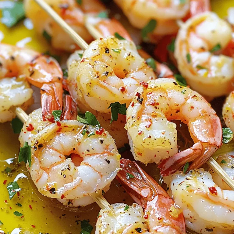 Lemon garlic shrimp skewers bring a burst of flavor to any meal. This dish is quick to prepare and perfect for grilling. The fresh lemon and garlic work together to create a bright, zesty taste. You can enjoy these skewers at a picnic, BBQ, or family dinner. The full recipe includes easy steps to follow. - 1 pound large shrimp, peeled and deveined - 3 tablespoons olive oil - 3 cloves garlic, minced - Zest of 1 lemon - Juice of 2 lemons - 1 teaspoon smoked paprika - ½ teaspoon red pepper flakes (adjust for spice) - Salt and pepper to taste - Fresh parsley, chopped (for garnish) - Skewers (wooden or metal) You can customize your skewers with different spices. Try adding a touch of cayenne for heat. Fresh herbs, like cilantro or basil, add a nice twist. If you want a smoky flavor, use chipotle powder instead of smoked paprika. For a sweeter taste, add a drizzle of honey to the marinade. These options keep your dish exciting and unique. First, gather all your tools and ingredients. You need a grill or grill pan, skewers, and a medium bowl. If you use wooden skewers, soak them in water for at least 30 minutes. This step keeps them from burning on the grill. Next, in the bowl, mix together the olive oil, minced garlic, lemon zest, and lemon juice. Add the smoked paprika, red pepper flakes, salt, and pepper. Stir until everything blends well. Now, add the shrimp to the bowl. Toss them gently to coat each shrimp in the marinade. Let the shrimp marinate for at least 15 minutes. For a stronger flavor, you can refrigerate them for up to an hour. Preheat your grill or grill pan over medium-high heat. Take the marinated shrimp and thread them onto the skewers. Aim for 4-5 shrimp per skewer. Place the skewers on the grill and cook for 2-3 minutes on each side. The shrimp should turn pink and opaque. Avoid overcooking, as they can become tough. After grilling, let the skewers rest for a minute. Serve them with chopped parsley and an extra squeeze of lemon for a fresh touch. For the full recipe, check out the details above. To make the best marinade, use fresh ingredients. Fresh garlic and lemon zest bring bright flavors. Mix the olive oil, garlic, lemon juice, and spices in a bowl. Let the shrimp soak in this mix. I find that marinating for at least 15 minutes gives great flavor. If you can wait, let it marinate for one hour. This step is key for juicy shrimp. Grilling shrimp skewers is all about heat. Preheat your grill to medium-high. This helps the shrimp cook evenly. If you use wooden skewers, soak them in water for 30 minutes. This keeps them from burning on the grill. Place the skewers on the grill and cook for 2-3 minutes per side. Look for that lovely pink color. Don't overcook the shrimp; they can turn rubbery fast. Once your skewers are off the grill, let them rest for a minute. This helps keep them juicy. I like to serve the shrimp with a squeeze of fresh lemon. You can also add a sprinkle of chopped parsley for color. Pair the skewers with a light salad or grilled vegetables. It makes a perfect summer meal. For the full recipe, check out the earlier section in this article. {{image_2}} You can make shrimp skewers in many ways. First, consider the type of shrimp. You can use large shrimp or jumbo shrimp. The larger shrimp add a nice bite and hold the flavors well. You can also mix in different seafood like scallops or fish for variety. Besides lemon and garlic, many flavors can enhance your skewers. Try adding fresh herbs like basil or cilantro for a fresh taste. You can also use different spices. For a Caribbean twist, add coconut milk or mango. For a spicy kick, try adding chili sauce or fresh jalapeños to the marinade. When serving, think about what goes well with the shrimp. Light salads with lemon vinaigrette pair nicely. Grilled vegetables, like zucchini or bell peppers, add color and flavor. You can even serve it over rice or quinoa for a hearty meal. For an easy option, serve with crusty bread to soak up the juices. For more ideas, check the Full Recipe. After cooking, let your lemon garlic shrimp skewers cool. Store them in an airtight container. They last up to three days in the fridge. If you want to keep them fresh, place a paper towel inside the container. This helps absorb extra moisture. To freeze, first, cool the skewers completely. Wrap each skewer in plastic wrap. Then place them in a freezer-safe bag. They can stay good for up to three months. When you're ready to eat, thaw them in the fridge overnight. Reheat your skewers in a skillet over medium heat. This method ensures the shrimp stays juicy. You can also use a microwave. Heat them for 30 seconds, then check if they're warm. If not, heat in 15-second bursts. Enjoy your flavorful grilled delight again! For the full recipe, check the section above. I recommend marinating the shrimp for at least 15 minutes. This short time allows the flavors to soak in well. If you have more time, let them sit for up to 1 hour in the fridge. The longer they marinate, the more flavorful they become. Just don’t go over an hour, as the acid in the lemon juice can make the shrimp tough. Yes, you can use frozen shrimp. Just make sure to thaw them first. Place the shrimp in the fridge overnight or run them under cold water for a quick thaw. After thawing, make sure to peel and devein them if they aren’t prepped already. This will help the marinade stick better and give you a great taste. To avoid sticking, use a clean grill and preheat it properly. Oil the grill grates lightly before placing the skewers on them. You can also brush the shrimp with olive oil before grilling. This adds flavor and helps them release easily. If you use wooden skewers, remember to soak them in water for at least 30 minutes to prevent burning while cooking. This blog post covered how to make excellent shrimp skewers. We looked at the ingredients and gave a full recipe overview. You learned how to prepare, marinate, and grill the shrimp. I shared tips for the perfect marinade and grilling techniques. We also explored variations and how to store leftovers. Remember, great shrimp skewers start with fresh ingredients and the right techniques. Enjoy your time cooking and impress your friends and family!