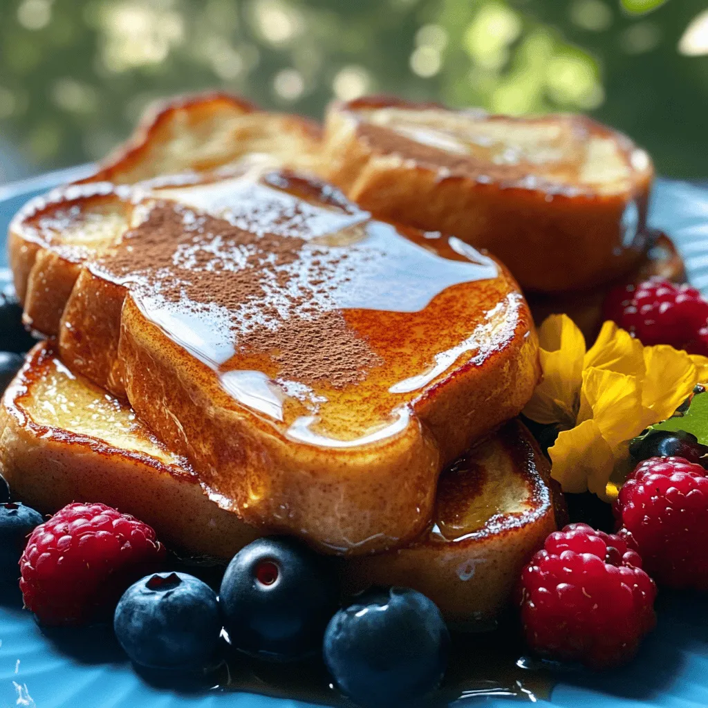 To make classic French toast, you'll need a few key items: - 4 slices of thick bread (Challah or Brioche recommended) - 2 large eggs - 1 cup milk (or almond milk for a twist) - 1 teaspoon vanilla extract - 1 teaspoon ground cinnamon - 1 tablespoon sugar (optional, based on sweetness preference) - 1 tablespoon butter (for cooking) - Maple syrup (for serving) - Fresh berries (for garnish) When it comes to bread, choose thick slices for the best texture. I love using: - Challah: This bread is soft and slightly sweet. - Brioche: This bread adds richness and flavor. - Whole wheat: A healthier option that still tastes great. Using thick bread helps soak up the egg mixture without falling apart. You can get creative with flavors! Here are some optional ingredients to try: - Nutmeg: Add a pinch for warmth. - Orange zest: For a citrusy twist. - Vanilla bean: Use it instead of extract for a richer taste. - Chocolate chips: For a sweet surprise in each bite. These extras can make your French toast unique and fun! For the full recipe, check out Heavenly Cinnamon Vanilla French Toast. Start by gathering your ingredients. In a mixing bowl, combine the following: - 2 large eggs - 1 cup milk (or almond milk) - 1 teaspoon vanilla extract - 1 teaspoon ground cinnamon - 1 tablespoon sugar (optional) Whisk these ingredients together until they blend well. This mixture gives the toast its rich flavor. Make sure there are no lumps. Now, heat a non-stick skillet or griddle over medium heat. Add 1 tablespoon of butter and let it melt. While the butter melts, dip each slice of bread into your egg mixture. Make sure to coat both sides, but don’t soak them. Place the coated bread on the skillet. Cook each side for about 3-4 minutes. Look for a golden brown color and a slightly crispy edge. Once they look perfect, transfer the French toast to a serving plate. Serve your French toast hot. Drizzle it with maple syrup for sweetness. Add fresh berries on top for color and flavor. You can also sprinkle a little extra cinnamon for a nice touch. This delightful dish is great for breakfast or brunch. Enjoy your meal! For the full recipe, refer to the section above. To make great French toast, keep your heat steady. Too high can burn the bread. Use medium heat for a nice, even cook. A non-stick skillet works best. Coat the bread well in the egg mix, but don’t soak it too long. This keeps it from getting soggy. Cook each side for about 3-4 minutes. Look for a golden brown color. That’s how you know it’s just right. One big mistake is using thin bread. Thin bread falls apart easily. Stick to thick slices like challah or brioche. Another mistake is using cold eggs or milk. Make sure they are at room temperature. This helps the mix blend better. Don’t forget to grease your pan. Butter adds flavor and prevents sticking. Lastly, don’t rush the cooking process. Let it brown slowly for the best taste. You can make French toast your own! Add flavors to the egg mix like nutmeg or orange zest. For a fun twist, try almond milk instead of regular milk. You can also top it with different things. Fresh berries are always a great choice. Whipped cream makes it special too. For a savory option, add cheese or herbs. The Full Recipe has more ideas if you want to explore! {{image_2}} You can make your French toast even more fun with sweet toppings. Try adding fresh fruits like strawberries, blueberries, or bananas on top. Nuts like chopped pecans or walnuts add a nice crunch. You can also drizzle honey or chocolate sauce for extra sweetness. Each topping brings its own flavor, making your dish unique. If you want to try something different, go savory! You can add cheese like cheddar or feta into the egg mix. Cooking the toast in olive oil instead of butter can also add a nice touch. For a heartier option, top it with avocado slices or sautéed spinach. This makes French toast a great meal for any time of day. You can enjoy French toast even if you have dietary needs. For a vegan version, use flaxseed meal mixed with water instead of eggs. Almond or oat milk works well for this too. For a gluten-free option, choose gluten-free bread. These swaps keep the dish tasty while meeting your needs. These variations allow everyone to enjoy French toast, no matter their taste or diet. You can explore these ideas to create a dish that's all your own. For the full recipe, check out the Heavenly Cinnamon Vanilla French Toast. Store leftover French toast in an airtight container. This keeps it fresh and tasty. Let it cool before you store it. If you have syrup or toppings, keep them separate. This way, the bread does not get soggy. To reheat, use a skillet or toaster. Heat the skillet on low and add a bit of butter. Place the French toast in the skillet and warm it for about 2 minutes on each side. This keeps it crisp. If using a toaster, just pop it in until warm. Avoid using the microwave, as it can make the toast mushy. You can freeze French toast for a quick meal later. First, let it cool completely. Then, wrap each slice in plastic wrap and place them in a freezer bag. Label the bag with the date. When you're ready to eat, thaw it in the fridge overnight. Reheat it using your favorite method. This makes breakfast easy and fast. Enjoy your French toast anytime! For the full recipe, check out the Heavenly Cinnamon Vanilla French Toast. The best bread for French toast is thick bread. I love using Challah or Brioche. These breads soak up the egg mixture well. They also give a soft and fluffy texture. Yes, you can make the French toast batter ahead of time. Mix the eggs, milk, vanilla, and cinnamon in a bowl. Cover it and keep it in the fridge. Use it within 24 hours for the best taste. Many toppings pair well with French toast. Here are my favorites: - Maple syrup - Fresh berries (like strawberries or blueberries) - Whipped cream - Sliced bananas - Nuts (like walnuts or pecans) - Powdered sugar Feel free to mix and match your favorite toppings. It makes each serving special. For the full recipe, check out the heavenly cinnamon vanilla French toast! In this post, we covered key ingredients for great French toast, including essential and optional items. I shared step-by-step instructions for preparing, cooking, and serving. We looked at tips to ensure perfect results and avoided common mistakes. I also explored various delicious variations and offered storage tips for leftovers. French toast is a versatile treat. With the right ingredients and methods, you can enjoy it any time. Try different flavors and toppings to make it your own!
