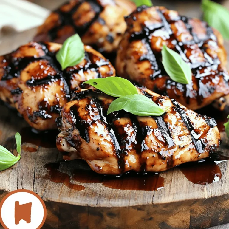 - 4 boneless, skinless chicken breasts - 1/2 cup balsamic vinegar - 1/4 cup honey - 2 tablespoons olive oil - 3 cloves garlic, minced - 1 teaspoon dried thyme - Salt and pepper to taste - Fresh basil leaves for garnish When measuring liquids, use a clear measuring cup. This gives a precise view. For dry ingredients, use a set of measuring spoons. Always level off the top for accuracy. If you don't have a scale, a cup can help with volume. Weighing is best for consistent results. You can add a pinch of red pepper flakes for heat. Lemon juice can brighten the dish. Substitute maple syrup for honey if you prefer. Chopped fresh herbs like rosemary or parsley add freshness too. Don't forget to taste as you go! This helps you find your perfect flavor balance. To make the balsamic glaze, start by mixing balsamic vinegar and honey. Use a small saucepan over medium heat. Stir the mixture often until it simmers. Then, reduce the heat. Let it cook for about 5 to 7 minutes. You want it to thicken slightly. Remove it from the heat and set it aside. This glaze adds a sweet and tangy flavor to the chicken. Now, it’s time to grill the chicken. Preheat your grill or grill pan to medium-high heat. In a bowl, mix olive oil, minced garlic, dried thyme, salt, and pepper. Coat each chicken breast with this mixture. Make sure each one is evenly covered. Grill the chicken breasts for about 6 to 7 minutes on each side. Use a meat thermometer to check if they reach 165°F (75°C). This ensures they are cooked through. As the chicken nears the end of grilling, brush the balsamic glaze over it. This step caramelizes the glaze and enhances the flavor. Once cooked, remove the chicken and let it rest for a couple of minutes. Drizzle any extra balsamic glaze over the chicken. For a fresh touch, garnish with basil leaves. This adds color and flavor to your dish. You can serve this chicken with rice or a fresh salad for a complete meal. For the full recipe, check the ingredients and instructions above. To grill chicken breasts well, start with even thickness. This helps them cook evenly. Use a meat mallet to pound the breasts if needed. Preheat your grill to medium-high heat for the best results. Always oil the grill grates to prevent sticking. Grill each side for about 6-7 minutes. Use a meat thermometer to check that the chicken hits 165°F (75°C). This ensures it’s safe to eat and juicy. Marinating chicken boosts its flavor. For this recipe, mix olive oil, garlic, thyme, salt, and pepper. Coat each chicken breast well. Let them soak in the fridge for at least 30 minutes. If you have time, overnight is even better! This helps the flavors seep deeply into the meat. Glazing the chicken with balsamic sauce during the last few minutes adds a sweet and tangy touch. One big mistake is not seasoning the chicken enough. Always season generously with salt and pepper. Another mistake is cooking at too high a heat, which can dry out the chicken. Do not skip the resting time after grilling; this helps keep the juices inside. Finally, avoid cutting into the chicken right away. Let it rest for a couple of minutes before slicing. This keeps it juicy and delicious, making your balsamic glazed chicken a winner! For more details, check out the Full Recipe. {{image_2}} You can easily add vegetables to your balsamic glazed chicken. Grilling zucchini, bell peppers, or asparagus works great. Just slice them into even pieces. Toss them in olive oil, salt, and pepper. Place them on the grill with your chicken. They will soak up the glaze and add color to your plate. This makes your meal look great and taste even better. If you want to switch things up, try different marinades. A mix of soy sauce and ginger gives a nice twist. You can also use maple syrup instead of honey for a sweeter flavor. Adding mustard to the balsamic glaze can give it a tangy kick. Feel free to mix and match flavors to create your own unique twist. Pair your balsamic glazed chicken with simple side dishes. A fresh salad with greens and cherry tomatoes works well. Roasted potatoes or rice are also great choices. If you want something lighter, steamed broccoli or green beans fit perfectly. These sides balance the rich flavor of the chicken and make your meal complete. For more ideas, check out the Full Recipe for inspiration. Store leftover chicken in an airtight container. Make sure it cools first. Place it in the fridge. It can last up to four days. Keeping it covered helps maintain moisture. This way, your chicken stays juicy and tasty. To freeze, wrap the chicken tightly in plastic wrap. Then, place it in a freezer bag. Label the bag with the date. This helps you remember when you stored it. The chicken can stay fresh for up to three months. When ready to use, thaw it in the fridge overnight. When reheating, avoid the microwave if possible. It can dry out the chicken. Instead, use an oven or stovetop. Preheat your oven to 350°F (175°C). Heat the chicken for about 15 minutes. If using a skillet, add a splash of water or broth. Cover it and heat on low. This keeps the chicken moist and flavorful. For the best taste, drizzle more balsamic glaze on top before serving. You can find the full recipe for balsamic glazed chicken breasts to make it again. Yes, you can try other vinegars. Apple cider vinegar adds a sweet note. Red wine vinegar gives a deeper flavor. Each type will change the taste a bit, but they all work well. To check if the chicken is done, use a meat thermometer. Insert it into the thickest part. The chicken should reach 165°F (75°C). If you don’t have a thermometer, cut into the chicken. The meat should be white with no pink inside. If you need a honey substitute, use maple syrup or agave nectar. Both add sweetness and work well in this glaze. You could also use brown sugar mixed with a bit of water. Yes, skin-on chicken breasts can be used. The skin helps keep the meat juicy. It will also add a nice crispy texture. Just be sure to adjust the cooking time if needed. In this post, we covered how to make balsamic glazed chicken breasts. You learned about the right ingredients, cooking steps, and ways to boost flavor. I shared tips for grilling and avoiding common mistakes. We also explored tasty variations and storage advice for leftovers. Balsamic glazed chicken is easy and fun to make. You can impress family and friends with this dish. Try it out and enjoy the delicious results!