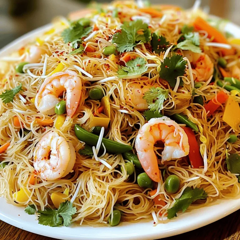 - 200g mei fun (rice vermicelli noodles) - 200g shrimp, peeled and deveined - 100g bean sprouts - 1 cup mixed vegetables (carrots, bell peppers, snap peas) - 3 cloves of garlic, finely minced - 2 tablespoons curry powder - 3 tablespoons low-sodium soy sauce - 1 tablespoon sesame oil - Salt and freshly ground black pepper, to taste When making Singapore Chow Mei Fun, every ingredient plays a key role. The mei fun noodles offer a soft and glossy base. The shrimp adds a sweet and savory bite. Bean sprouts bring crunch and freshness. For the vegetables, I like to mix carrots, bell peppers, and snap peas. They add color and flavor. Garlic is my go-to for a rich aroma. Curry powder gives a warm, spicy kick. For seasoning, I use low-sodium soy sauce and sesame oil. They enhance the dish without overpowering it. Don’t forget salt and pepper! They help balance the flavors. These ingredients create a wonderful balance of taste and texture. I love how they come together in a quick stir-fry. For the full recipe, you can check out the Spicy Singapore Chow Mei Fun Noodles. It’s a dish that will surely impress! Start by soaking the mei fun noodles in a bowl of hot water for about 10 minutes. This softens them, making them easy to stir-fry later. Once they are soft, drain the noodles and set them aside. In a large wok or skillet, heat 1 tablespoon of vegetable oil over medium-high heat. Add the shrimp, cooking until they turn a vibrant pink. This should take around 2-3 minutes. Once done, remove the shrimp from the pan and set them aside. In the same wok, add another tablespoon of vegetable oil. Toss in the minced garlic and sauté for about 30 seconds. Stir constantly until the garlic becomes fragrant and golden, but be careful not to burn it. Next, add your mixed vegetables and bean sprouts. Stir-fry these for 2-3 minutes until they are tender yet still crisp. Now, gently mix the softened mei fun noodles back into the wok with the shrimp. Sprinkle in the curry powder, low-sodium soy sauce, sesame oil, and sugar. Toss everything together to coat the noodles and shrimp well with the flavors, ensuring they do not stick. Take a moment to taste your dish. Adjust the seasoning by adding salt, pepper, and chili flakes if you want more heat. Continue to cook for another minute until everything is heated through and the flavors meld together nicely. Remove the chow mei fun from heat and stir in the chopped green onions. Serve the dish hot on plates or in bowls, garnished with fresh cilantro. This adds a lovely pop of color and freshness to your meal. Enjoy your delicious creation! - Use low-sodium soy sauce for balance. This helps keep the dish flavorful but not too salty. - Experiment with homemade curry powder. This can bring a unique twist to your noodles. - Stir-fry over high heat for better texture. High heat helps to keep ingredients crisp. - Avoid overcooking shrimp for juiciness. Cook them just until they turn pink for the best taste. - Serve in a nest shape for visual appeal. This makes your dish look fancy and inviting. - Garnish with fresh cilantro and chili flakes. These add a nice touch and a bit of heat. These tips and tricks can elevate your Singapore Chow Mei Fun Noodles. Enjoy the fun of cooking! For exact measurements and steps, check out the Full Recipe. {{image_4}} If you want a vegetarian twist, swap shrimp for tofu or add more veggies. Tofu soaks up flavor well and gives a nice texture. You can use firm tofu, cutting it into cubes. Mix in vegetables like broccoli, bell peppers, or snap peas. This adds color and nutrition to your dish. For a spicier kick, add more chili flakes or fresh chilies. You could use bird's eye chilies for heat. Toss them in with the garlic to release their flavor. Adjust the spice level to your taste. This version will excite your taste buds and warm you up. Incorporate local vegetables or spices from your area for a unique touch. If you have access to seasonal produce, use that to inspire your recipe. For example, add zucchini or seasonal greens. This not only enhances flavor but also makes the dish your own. Store your leftovers in an airtight container. This keeps the noodles fresh and tasty. Try to eat them within three days for the best flavor. Reheat on the stovetop for the best texture. Add a splash of water or oil to prevent sticking. This helps keep the noodles moist and flavorful. Freeze noodles separately from the sauce. This maintains quality and texture. When ready to eat, thaw and reheat them together in a pan. This way, you enjoy the full taste of Singapore Chow Mei Fun. Soaking in hot water is recommended before stir-frying. This softens the noodles, making them easier to mix with other ingredients. When they are pliable, they absorb flavors better. Yes, alternatives like rice noodles or egg noodles work well. Each type brings its own taste and texture. Experiment to find your favorite! Add more chili flakes or fresh chilies during cooking. Spice can really enhance the dish. Start with a little, then increase it to your taste. Make sure to stir-fry quickly and add enough oil. This helps the noodles stay separate. A hot wok is key to achieving this. Yes, you can prepare the ingredients in advance and stir-fry just before serving. This makes it easy to enjoy a quick meal later. Just keep everything in the fridge until you need it. Check out the "Spicy Singapore Chow Mei Fun Noodles" for a detailed recipe and preparation steps. Check out the "Spicy Singapore Chow Mei Fun Noodles" for a detailed recipe and preparation steps. This dish is vibrant and full of flavor. It combines soft noodles with shrimp and fresh veggies. You start by soaking the mei fun noodles. This makes them soft and ready for stir-frying. I recommend soaking them in hot water for about 10 minutes. After soaking, drain them well. Next, we need to cook the shrimp. Use a large wok or skillet. Heat some oil over medium-high heat. Add the shrimp and cook until they turn vibrant pink, about 2-3 minutes. This gives the shrimp a nice flavor. After removing the shrimp, it's time for the aromatics. In the same wok, add more oil and minced garlic. Sauté the garlic until it smells good, for about 30 seconds. Be careful not to burn it. Now, add your mixed vegetables and bean sprouts. Stir-fry them for 2-3 minutes. You want them tender but still crisp. This keeps the dish colorful and crunchy. Once the veggies are ready, it’s time to mix everything. Add the soaked mei fun noodles back to the wok, along with the cooked shrimp. Sprinkle in curry powder, soy sauce, sesame oil, and sugar. Toss everything well to coat the noodles. Taste your dish. You might want to add salt, pepper, or even chili flakes if you like it spicy. Cook for another 1-2 minutes to blend the flavors. Finally, stir in chopped green onions before serving. Garnish with fresh cilantro for a pop of color. This dish is not only tasty but also a feast for the eyes. This blog post has shown you how to make Spicy Singapore Chow Mei Fun. We discussed the main ingredients, cooking steps, and helpful tips. You can easily adjust the recipe to suit your taste. Whether you prefer shrimp, tofu, or more veggies, the choice is yours. Remember to store leftovers well and reheat for the best taste. Enjoy crafting this flavorful dish that's sure to impress. Happy cooking!