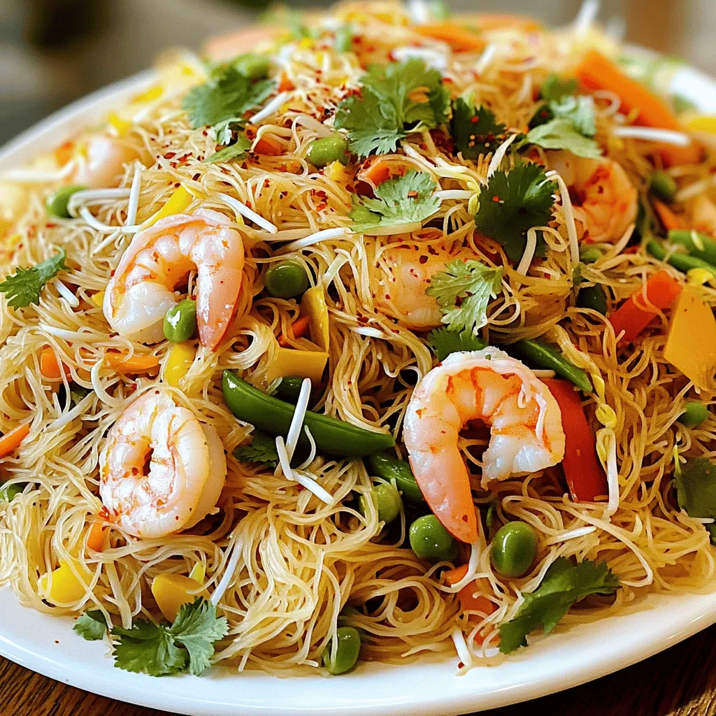 - 200g mei fun (rice vermicelli noodles) - 200g shrimp, peeled and deveined - 100g bean sprouts - 1 cup mixed vegetables (carrots, bell peppers, snap peas) - 3 cloves of garlic, finely minced - 2 tablespoons curry powder - 3 tablespoons low-sodium soy sauce - 1 tablespoon sesame oil - Salt and freshly ground black pepper, to taste When making Singapore Chow Mei Fun, every ingredient plays a key role. The mei fun noodles offer a soft and glossy base. The shrimp adds a sweet and savory bite. Bean sprouts bring crunch and freshness. For the vegetables, I like to mix carrots, bell peppers, and snap peas. They add color and flavor. Garlic is my go-to for a rich aroma. Curry powder gives a warm, spicy kick. For seasoning, I use low-sodium soy sauce and sesame oil. They enhance the dish without overpowering it. Don’t forget salt and pepper! They help balance the flavors. These ingredients create a wonderful balance of taste and texture. I love how they come together in a quick stir-fry. For the full recipe, you can check out the Spicy Singapore Chow Mei Fun Noodles. It’s a dish that will surely impress! Start by soaking the mei fun noodles in a bowl of hot water for about 10 minutes. This softens them, making them easy to stir-fry later. Once they are soft, drain the noodles and set them aside. In a large wok or skillet, heat 1 tablespoon of vegetable oil over medium-high heat. Add the shrimp, cooking until they turn a vibrant pink. This should take around 2-3 minutes. Once done, remove the shrimp from the pan and set them aside. In the same wok, add another tablespoon of vegetable oil. Toss in the minced garlic and sauté for about 30 seconds. Stir constantly until the garlic becomes fragrant and golden, but be careful not to burn it. Next, add your mixed vegetables and bean sprouts. Stir-fry these for 2-3 minutes until they are tender yet still crisp. Now, gently mix the softened mei fun noodles back into the wok with the shrimp. Sprinkle in the curry powder, low-sodium soy sauce, sesame oil, and sugar. Toss everything together to coat the noodles and shrimp well with the flavors, ensuring they do not stick. Take a moment to taste your dish. Adjust the seasoning by adding salt, pepper, and chili flakes if you want more heat. Continue to cook for another minute until everything is heated through and the flavors meld together nicely. Remove the chow mei fun from heat and stir in the chopped green onions. Serve the dish hot on plates or in bowls, garnished with fresh cilantro. This adds a lovely pop of color and freshness to your meal. Enjoy your delicious creation! - Use low-sodium soy sauce for balance. This helps keep the dish flavorful but not too salty. - Experiment with homemade curry powder. This can bring a unique twist to your noodles. - Stir-fry over high heat for better texture. High heat helps to keep ingredients crisp. - Avoid overcooking shrimp for juiciness. Cook them just until they turn pink for the best taste. - Serve in a nest shape for visual appeal. This makes your dish look fancy and inviting. - Garnish with fresh cilantro and chili flakes. These add a nice touch and a bit of heat. These tips and tricks can elevate your Singapore Chow Mei Fun Noodles. Enjoy the fun of cooking! For exact measurements and steps, check out the Full Recipe. {{image_4}} If you want a vegetarian twist, swap shrimp for tofu or add more veggies. Tofu soaks up flavor well and gives a nice texture. You can use firm tofu, cutting it into cubes. Mix in vegetables like broccoli, bell peppers, or snap peas. This adds color and nutrition to your dish. For a spicier kick, add more chili flakes or fresh chilies. You could use bird's eye chilies for heat. Toss them in with the garlic to release their flavor. Adjust the spice level to your taste. This version will excite your taste buds and warm you up. Incorporate local vegetables or spices from your area for a unique touch. If you have access to seasonal produce, use that to inspire your recipe. For example, add zucchini or seasonal greens. This not only enhances flavor but also makes the dish your own. Store your leftovers in an airtight container. This keeps the noodles fresh and tasty. Try to eat them within three days for the best flavor. Reheat on the stovetop for the best texture. Add a splash of water or oil to prevent sticking. This helps keep the noodles moist and flavorful. Freeze noodles separately from the sauce. This maintains quality and texture. When ready to eat, thaw and reheat them together in a pan. This way, you enjoy the full taste of Singapore Chow Mei Fun. Soaking in hot water is recommended before stir-frying. This softens the noodles, making them easier to mix with other ingredients. When they are pliable, they absorb flavors better. Yes, alternatives like rice noodles or egg noodles work well. Each type brings its own taste and texture. Experiment to find your favorite! Add more chili flakes or fresh chilies during cooking. Spice can really enhance the dish. Start with a little, then increase it to your taste. Make sure to stir-fry quickly and add enough oil. This helps the noodles stay separate. A hot wok is key to achieving this. Yes, you can prepare the ingredients in advance and stir-fry just before serving. This makes it easy to enjoy a quick meal later. Just keep everything in the fridge until you need it. Check out the "Spicy Singapore Chow Mei Fun Noodles" for a detailed recipe and preparation steps. Check out the "Spicy Singapore Chow Mei Fun Noodles" for a detailed recipe and preparation steps. This dish is vibrant and full of flavor. It combines soft noodles with shrimp and fresh veggies. You start by soaking the mei fun noodles. This makes them soft and ready for stir-frying. I recommend soaking them in hot water for about 10 minutes. After soaking, drain them well. Next, we need to cook the shrimp. Use a large wok or skillet. Heat some oil over medium-high heat. Add the shrimp and cook until they turn vibrant pink, about 2-3 minutes. This gives the shrimp a nice flavor. After removing the shrimp, it's time for the aromatics. In the same wok, add more oil and minced garlic. Sauté the garlic until it smells good, for about 30 seconds. Be careful not to burn it. Now, add your mixed vegetables and bean sprouts. Stir-fry them for 2-3 minutes. You want them tender but still crisp. This keeps the dish colorful and crunchy. Once the veggies are ready, it’s time to mix everything. Add the soaked mei fun noodles back to the wok, along with the cooked shrimp. Sprinkle in curry powder, soy sauce, sesame oil, and sugar. Toss everything well to coat the noodles. Taste your dish. You might want to add salt, pepper, or even chili flakes if you like it spicy. Cook for another 1-2 minutes to blend the flavors. Finally, stir in chopped green onions before serving. Garnish with fresh cilantro for a pop of color. This dish is not only tasty but also a feast for the eyes. This blog post has shown you how to make Spicy Singapore Chow Mei Fun. We discussed the main ingredients, cooking steps, and helpful tips. You can easily adjust the recipe to suit your taste. Whether you prefer shrimp, tofu, or more veggies, the choice is yours. Remember to store leftovers well and reheat for the best taste. Enjoy crafting this flavorful dish that's sure to impress. Happy cooking!