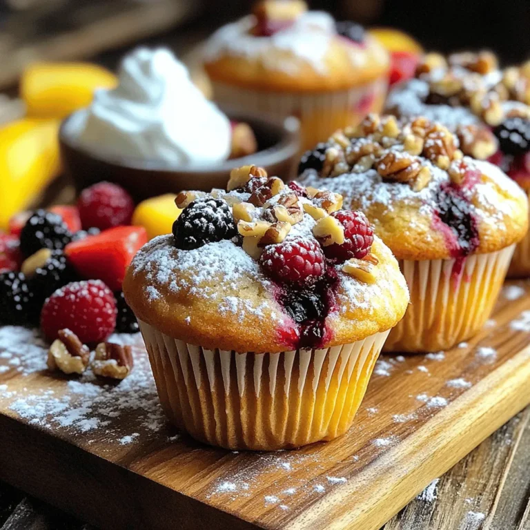 - 1 cup whole wheat flour - 1/2 cup rolled oats - 1 cup mixed berries (blueberries, strawberries, raspberries) Whole wheat flour gives muffins a hearty base. It adds fiber and nutrients. Rolled oats enhance texture and add more fiber. They make the muffins filling and nutritious. Mixed berries offer a sweet burst of flavor. They also provide vitamins and antioxidants. - 1/4 cup chopped nuts (e.g., walnuts or almonds) - 1 tablespoon chia seeds for added nutrition - 1/4 cup honey or maple syrup for sweetness Chopped nuts add crunch and healthy fats. They create a delightful contrast in texture. Chia seeds pack a nutritional punch. They are rich in omega-3s and fiber. You can use honey or maple syrup to sweeten the muffins. Choose what you prefer for the best taste. - Caloric Breakdown: Each muffin has about 120 calories. This makes them a light option for breakfast. - Macros Overview: Each muffin has around 4 grams of protein, 3 grams of fat, and 20 grams of carbs. - Health Benefits of Ingredients: Whole wheat flour and oats support heart health. Berries boost your immune system. Nuts and chia seeds provide healthy fats and protein. Enjoying these muffins means treating your body well. For the complete recipe, check the Full Recipe section. 1. Preheat and Prepare Muffin Tin Start by preheating your oven to 350°F (175°C). Line your muffin tin with paper liners or lightly grease each cup. This step helps the muffins release easily after baking. 2. Mixing Dry Ingredients In a large mixing bowl, combine the following dry ingredients: - 1 cup whole wheat flour - 1/2 cup rolled oats - 1 teaspoon baking powder - 1/2 teaspoon baking soda - 1/2 teaspoon cinnamon - 1/4 teaspoon salt Stir the mixture well until all the ingredients blend together. 3. Combining Wet Ingredients In a separate bowl, whisk together these wet ingredients: - 1/2 cup almond milk (or any plant-based milk) - 1/4 cup honey or maple syrup - 1/4 cup unsweetened applesauce Mix until smooth and well combined. 4. Folding in Berries and Nuts Gently fold in 1 cup of mixed berries and 1/4 cup of chopped nuts. This adds flavor and texture. Be careful not to overmix the batter. 5. Even Distribution in Muffin Cups Divide the batter evenly among the muffin cups. Fill each cup about 2/3 full. This allows space for the muffins to rise while baking. 6. Baking Time and Temperature Place the muffin tin in the oven and bake for 18-22 minutes. Check doneness with a toothpick. If it comes out clean, your muffins are ready! 7. Cooling Period in the Muffin Tin Allow the muffins to cool in the tin for about 5 minutes. This helps them set and makes them easier to handle. 8. Transferring to Wire Rack Carefully transfer the muffins to a wire rack to cool completely. This step prevents them from getting soggy on the bottom. Avoiding Overmixing To make soft muffins, mix the batter gently. Overmixing makes muffins tough. When you combine wet and dry ingredients, stir until just mixed. You might see lumps, and that’s okay! Lumps mean tender muffins. Achieving Even Baking For even baking, fill muffin cups about two-thirds full. This allows room for rising. Rotate your muffin tin halfway through baking. This step helps all muffins bake evenly. How to Store Muffins After the muffins cool, store them in an airtight container. They stay fresh for about three days at room temperature. For longer storage, freeze them. Wrap each muffin well before freezing. They keep for about three months in the freezer. Best Methods to Reheat To reheat, put a muffin in the microwave for about 15 seconds. This warms it up nicely. You can also use an oven at 350°F. Heat for about 5-7 minutes. This keeps the outside nice and crisp. Serving Suggestions Serve muffins warm for the best taste. You can add a light dusting of powdered sugar on top. Pair them with Greek yogurt for creaminess and protein. Fresh fruit on the side makes a colorful plate. Garnishing Tips for Visual Appeal Add a few whole berries on top for a pop of color. A sprinkle of nuts on top can add texture. These small touches make your muffins look gourmet, and they taste great too! For the full recipe, check out Berry Burst Breakfast Muffins. {{image_2}} You can make these muffins even better with fun flavors. Try mixing in chocolate chips with your berries. The sweet chocolate pairs well with the tartness of the fruit. It gives a rich taste that everyone loves. Another great option is adding lemon zest. The fresh lemon flavor brightens each bite. It also adds a nice twist to the berry taste. If you need a gluten-free version, use gluten-free flour instead of whole wheat flour. Almond flour works great here. This keeps your muffins soft and moist. For a vegan option, swap the honey for maple syrup. Use plant-based milk like almond or oat milk. You can also skip the eggs by adding more applesauce. These changes still give you yummy muffins without animal products. You can easily change some ingredients to fit your taste. Instead of honey, you can use agave nectar or stevia. Both are great alternatives that add sweetness. If you want to try a different type of flour, go for oat flour or coconut flour. Each type gives a unique flavor and texture. Just remember to adjust the amount of liquid since some flours absorb more moisture. For the full recipe, check out the Berry Burst Breakfast Muffins. Can I use frozen berries for this recipe? Yes, you can use frozen berries. Just make sure to thaw them first and drain any excess liquid. This keeps your muffins from getting too soggy. How long do these muffins last? These muffins stay fresh for about 3 to 5 days if stored in an airtight container. You can also freeze them for up to 3 months. Can I make these muffins ahead of time? Absolutely! You can prepare the batter the night before and bake in the morning. This saves time and gives you a warm breakfast. How can I make my muffins fluffier? To make your muffins fluffier, try using room temperature ingredients. Also, don’t overmix the batter. Mix just until combined for the best rise. What can I substitute for applesauce? You can use mashed bananas or yogurt as a substitute for applesauce. Both options add moisture and sweetness. Are these muffins suitable for weight loss? Yes, these muffins are a great choice for weight loss. They are low in sugar and high in fiber, which helps you feel full. What is the best way to enhance nutritional value? To boost nutrition, add chia seeds or flaxseeds to the batter. These seeds add healthy fats and more fiber to your muffins. Experience the full recipe for more delicious ideas! Ingredients List - 1 cup whole wheat flour - 1/2 cup rolled oats - 1/2 cup almond milk (or any plant-based milk) - 1/4 cup honey or maple syrup - 1/4 cup unsweetened applesauce - 1 teaspoon baking powder - 1/2 teaspoon baking soda - 1/2 teaspoon cinnamon - 1/4 teaspoon salt - 1 cup mixed berries (blueberries, strawberries, raspberries) - 1/4 cup chopped nuts (e.g., walnuts or almonds) - Optional: 1 tablespoon chia seeds for added nutrition Summary of Cooking Steps I start by preheating my oven to 350°F (175°C). I line a muffin tin with paper liners or grease it lightly. In a large bowl, I mix whole wheat flour, rolled oats, baking powder, baking soda, cinnamon, chia seeds, and salt. I whisk almond milk, honey (or maple syrup), and applesauce in another bowl. I pour the wet mix into the dry mix and stir gently. Next, I fold in the mixed berries and nuts. I fill each muffin cup about two-thirds full with the batter. I bake the muffins for 18 to 22 minutes. A toothpick should come out clean when inserted in the center. After baking, I let them cool for five minutes in the tin. Then, I transfer them to a wire rack to cool completely. Best Pairings for Breakfast These muffins are perfect with a cup of tea or coffee. They make a great start to the day, filling you with energy. You can also enjoy them alongside a smoothie for extra nutrition. Serving with Yogurt or Fruit I love serving these muffins warm with a dollop of Greek yogurt. The yogurt adds creaminess and protein. You can also pair them with fresh fruit, like sliced bananas or strawberries, for a colorful plate. Link to Video Tutorial For a visual guide, check out the video tutorial on how to make these muffins. It walks you through each step with ease. Related Recipes for Healthy Breakfast Options If you want more healthy breakfast ideas, explore my other recipes. You can find options like oatmeal pancakes or smoothie bowls. These are fun and simple to make. You learned how to make healthy muffins with simple ingredients like whole wheat flour and mixed berries. I shared tips for perfecting your muffins and storing them well. You can also try fun variations like chocolate chip or gluten-free versions. Remember, the right mix of ingredients can boost flavor and nutrition. Enjoy baking and exploring different flavors! Your healthy muffins can be a tasty treat or breakfast for any day.