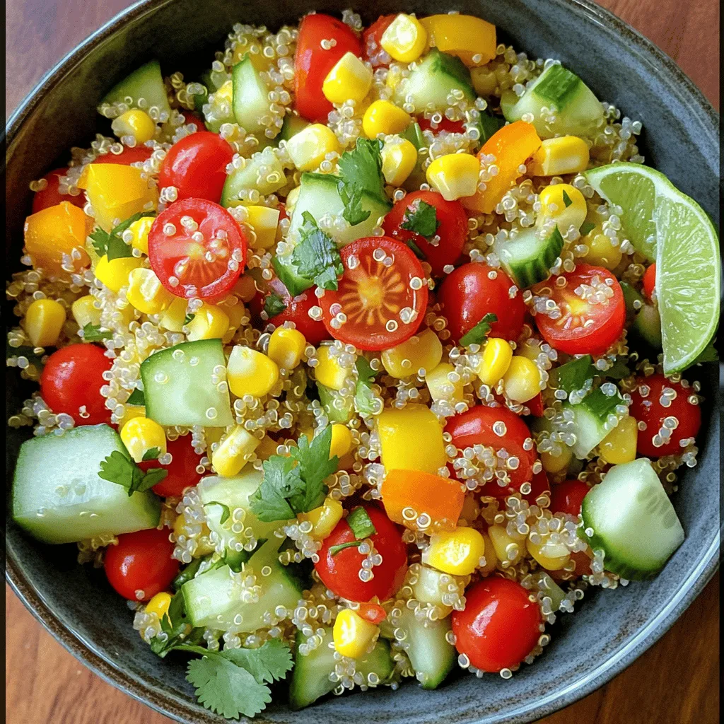 To create a savory quinoa salad that bursts with flavor, you need just a few fresh ingredients. Here’s what you will need: - 1 cup quinoa, rinsed - 2 cups vegetable broth - 1 cup cherry tomatoes, halved - 1 medium cucumber, diced - 1 red bell pepper, diced - 1 yellow bell pepper, diced - 1 cup corn (fresh or frozen) - 1/4 red onion, finely chopped - 1/4 cup fresh cilantro, chopped - Juice of 1 lime - 3 tablespoons olive oil - 1 teaspoon cumin - Salt and pepper to taste These ingredients make a colorful and tasty salad that is easy to prepare. I love how quinoa is both filling and healthy. It is packed with protein and fiber. The veggies add a nice crunch and a burst of color. The lime juice and cumin give the salad a bright flavor. Remember to check out the Full Recipe for detailed instructions. First, rinse the quinoa under cold water. This removes any bitter taste. Use a fine mesh strainer to make this easy. Next, cook the rinsed quinoa in vegetable broth. In a medium saucepan, combine one cup of quinoa and two cups of broth. Bring it to a boil over medium heat. Once boiling, lower the heat and cover the pot. Let it simmer for about 15 minutes. Your quinoa should be fluffy and all the broth will be absorbed. Remove it from the heat and let it cool slightly. Now, let’s chop the vegetables. Cut them into even sizes for a nice look and texture. I like to use a sharp knife for clean cuts. In a large mixing bowl, combine the chopped cherry tomatoes, diced cucumber, red and yellow bell peppers, corn, red onion, and fresh cilantro. Mixing them in a bowl helps to blend the flavors nicely. For the dressing, gather your ingredients. You will need lime juice, olive oil, cumin, salt, and pepper. In a small bowl, whisk together the lime juice and olive oil. Add the cumin, salt, and pepper. Whisk until everything is well mixed. This creates a smooth dressing that will coat the salad beautifully. Now it's time to bring everything together. Add your cooked quinoa to the bowl with the vegetables. Pour the dressing over the top. Gently toss everything together. Make sure the quinoa and veggies are well mixed. This step is vital for ensuring every bite is flavorful. Chilling the salad is key for flavor enhancement. Cover it and place it in the refrigerator for at least 30 minutes. This allows the flavors to meld and taste even better. When ready to serve, choose a beautiful bowl. Garnish your salad with extra cilantro and lime wedges. This adds a fresh touch to the presentation. Enjoy your Savory Quinoa Salad with Veggies! For the complete recipe, check out the Full Recipe. To cook quinoa perfectly, start by rinsing it. Rinsing helps remove a bitter coating called saponin. This step makes your quinoa taste better. Use a fine mesh strainer to rinse it under cold water. To avoid mushy quinoa, use the right liquid-to-quinoa ratio. A good rule is two cups of liquid for one cup of quinoa. I recommend using vegetable broth for more flavor. Bring the broth to a boil, then lower the heat. Cover the pot and let it simmer for about 15 minutes. When it’s done, the quinoa should be fluffy and all the liquid should be absorbed. You can easily enhance the flavor of your quinoa salad. Try adding fresh herbs like basil or parsley. They add a bright taste that wakes up the dish. You can also use spices like paprika or chili powder for more kick. For a protein boost, consider adding beans or chickpeas. These options not only add protein but also make the salad more filling. You can also toss in some cooked chicken or tofu for extra heartiness. To add crunch to your salad, sprinkle in some nuts or seeds. Almonds, walnuts, or sunflower seeds work well. They give a nice texture contrast to the soft quinoa. Cheese can also elevate your salad. Feta or goat cheese adds a creamy flavor that pairs well with the veggies. If you like dairy-free options, try crumbled tofu or nutritional yeast for a cheesy taste. For the full recipe, check out the complete instructions! {{image_2}} You can easily make this salad vegan and gluten-free. Quinoa is naturally gluten-free, which is great. To keep it vegan, just skip any cheese or yogurt toppings. You can swap vegetables based on your taste. Try adding spinach, kale, or zucchini for more greens. You can also use beans like chickpeas or black beans for protein. They add flavor and texture too. Think about what’s in season when you make this dish. In summer, add fresh corn, zucchini, or radishes. They give a crisp taste and bright color. In winter, use roasted root veggies like carrots or sweet potatoes. They add warmth and heartiness. Adapting your ingredients keeps the salad fresh and fun throughout the year. The dressing is key for flavor. You can try different types to mix things up. A balsamic vinaigrette adds a sweet touch. A tahini dressing gives a creamy texture. For a spicy kick, add sriracha or chili flakes to your favorite dressing. Play with herbs like basil or dill for new flavors. Experimenting with dressings makes each salad unique and exciting. For the full recipe, check out the details above! To keep your Savory Quinoa Salad fresh, use airtight containers. Glass or plastic containers both work well. This helps prevent moisture loss and keeps flavors intact. When stored properly, the salad lasts for about 3 to 5 days in the fridge. Always check for freshness before eating leftovers. If it smells off or looks strange, it’s best to toss it. You can freeze quinoa salad, but some veggies may not hold up well. To freeze, place the salad in a freezer-safe container. Leave some space at the top for expansion. It can last up to 3 months in the freezer. When you’re ready to eat, thaw it overnight in the fridge. To reheat, you can warm it gently in the microwave. Add a splash of lime juice to refresh the flavors as you heat. Enjoy your delicious salad anytime! You can find the full recipe above. You can store Savory Quinoa Salad in the fridge for up to five days. Keep it in a sealed container. This helps keep it fresh and safe to eat. After a few days, the veggies may lose some crunch. Yes, you can make Savory Quinoa Salad ahead of time. I recommend making it a day before. This gives the flavors time to mix well. Just remember to chill it in the fridge. It tastes even better the next day. If you want to substitute quinoa, try using brown rice or farro. Both grains have a nice texture. You can also use couscous for a quicker option. Each grain will add its own flavor. Absolutely! Savory Quinoa Salad is great for meal prep. It keeps well and holds its flavor. You can pack it in individual containers for easy lunches. Plus, it’s full of nutrients and very filling. Check out the Full Recipe for ideas on meal prep portions. This article covered how to make a tasty Savory Quinoa Salad. You learned about key ingredients, step-by-step cooking methods, and helpful tips. I shared ways to customize and store your salad for maximum flavor and ease. Think of this salad as a blank canvas; you can switch up the veggies, dressings, and toppings. This dish is great for any meal and perfect for meal prep. Now you have the skills to create a healthy and delicious salad any time you want!