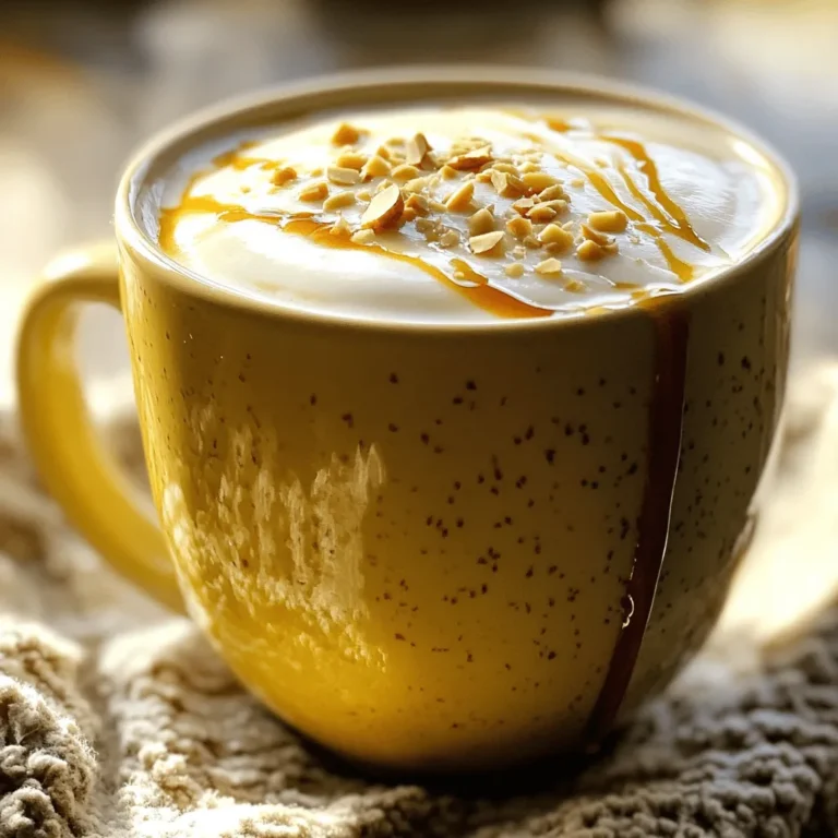 - 1 cup brewed espresso or strong coffee - 1 cup unsweetened almond milk - 2 tablespoons pure maple syrup These three main ingredients create the rich and comforting base for your Almond Maple Latte. The brewed espresso or strong coffee adds depth, while unsweetened almond milk provides a creamy texture. The pure maple syrup adds sweetness and a unique flavor that ties everything together. - 1/2 teaspoon vanilla extract - 1/4 teaspoon cinnamon - Crushed almonds for garnish You can enhance your latte with these optional ingredients. Vanilla extract brings a lovely warmth, and cinnamon adds a hint of spice. Crushed almonds on top give a nice crunch and look beautiful in the cup. You can mix and match these to fit your taste! To view the full recipe, check out the details above. Enjoy creating this cozy drink! To make a great Almond Maple Latte, start by brewing your coffee. You can use espresso or strong coffee. If you have an espresso machine, follow its instructions for brewing. If not, use a French press or drip coffee maker for a strong brew. Aim for one cup. Set your brewed coffee aside for now. Next, let’s heat the almond milk. Pour one cup of unsweetened almond milk into a small saucepan. Set the heat to medium-low. Warm the milk until it is hot but not boiling. This should take just a few minutes. Now, it’s time to froth the milk. You can do this in two ways. First, you can whisk the milk vigorously by hand until it gets frothy. This takes a bit of effort but works well. Second, if you have a milk frother, use it for a quick and easy froth. Both methods will give you that lovely foam for your latte. Now that your coffee and almond milk are ready, let’s mix everything. In a large mug, add your brewed coffee. Then, pour in two tablespoons of pure maple syrup. Don’t forget half a teaspoon of vanilla extract for extra flavor! If you like, add a pinch of cinnamon for warmth. Stir this mixture well to combine all the flavors. Finally, slowly pour the frothed almond milk over the coffee mixture. Tilt your mug slightly as you pour. This helps create a layered effect. For a special touch, you can top your latte with crushed almonds for crunch. If you want it sweeter, drizzle a bit more maple syrup on top. Enjoy your cozy moment with this delicious drink! For the full recipe, check the details above. To get creamy froth from almond milk, heat it slowly. Aim for a warm temperature, not boiling. Boiling can ruin the texture. Use a thermometer if you have one. The best tools for frothing include a whisk or a handheld frother. A frother makes it easy to get that foam quickly. Maple syrup adds sweetness to your latte. You can adjust the amount based on your taste. Start with two tablespoons, then add more if you like it sweeter. Other flavorings can enhance your drink too. Try adding cocoa powder for a mocha twist or a pinch of nutmeg for warmth. Garnishing makes your latte look fancy. Top it with crushed almonds for crunch and style. A drizzle of maple syrup adds sweetness and a beautiful finish. Serve in a clear glass to show off the layers. You can also pair it with a small cookie on the side for a cozy treat. {{image_2}} You can enjoy the almond maple latte in many fun ways. For fall, try a pumpkin spice almond maple latte. Simply add one teaspoon of pumpkin spice to your latte mixture. This mix gives your drink a warm, cozy taste. During the holidays, think about adding peppermint or gingerbread flavors. A splash of peppermint extract can make your latte feel festive. You can also add a little gingerbread syrup for a sweet touch. These variations make your drink perfect for any season. If you want a sugar-free option, use a sugar substitute like stevia or monk fruit. These sweeteners blend well with your almond milk and coffee. You can still enjoy the sweet almond maple flavor without the extra sugar. For those with nut allergies, you can swap almond milk with oat or soy milk. Both options create a creamy taste. They also pair nicely with maple syrup, keeping the drink delicious and enjoyable for everyone. Many popular coffee shops serve almond maple lattes. Some well-known chains have their own twists on this drink. You can find it on the seasonal menu in many cafes. When ordering, ask for extra foam for that perfect texture. If you want to try a seasonal flavor, don’t hesitate to ask. Most baristas love to customize drinks for their customers. Enjoy exploring these tasty options! You can find the full recipe for the almond maple latte at the beginning of this article. To keep almond milk fresh, store it in the fridge. Use a sealed container to prevent spoilage. Always check the expiration date before using. For brewed coffee, let it cool first. Then, place it in an airtight container. Store it in the fridge for up to three days. Avoid leaving coffee out at room temperature. You can make components in advance. Brew a large batch of coffee and store it. Heat almond milk and froth it right before serving. This method saves you time. To maintain flavor, store almond milk and coffee separately. Mixing them can lead to a loss of taste. Always reheat them gently to keep the flavors intact. Reheating almond milk is easy. Use a saucepan over low heat. Stir it well to avoid scorching. If you prefer, microwave it in short intervals, checking often. For coffee, reheat it on the stove or in the microwave. Use low heat to avoid bitterness. Add a splash of fresh almond milk for a smooth taste. This helps retain its original flavor and texture. An Almond Maple Latte is a warm, cozy drink. It blends espresso with sweet maple syrup and creamy almond milk. Here's what you'll need: - 1 cup brewed espresso or strong coffee - 1 cup unsweetened almond milk - 2 tablespoons pure maple syrup - 1/2 teaspoon vanilla extract - 1/4 teaspoon cinnamon (optional) - Crushed almonds for garnish (optional) The drink has a nutty taste from the almond milk and a sweet touch from the maple syrup. The vanilla and cinnamon can add extra warmth, making it perfect for chilly days. Yes, you can use flavored almond milk. It can change the drink's taste. For example, vanilla almond milk boosts sweetness. This might mean you can use less maple syrup. However, make sure the flavor matches your taste. The calorie count depends on the ingredients you choose. A standard Almond Maple Latte made with unsweetened almond milk has about 200 calories. Here’s a rough breakdown: - Espresso or coffee: 2 calories - Unsweetened almond milk: 30 calories - Maple syrup: 104 calories - Vanilla extract: 12 calories - Cinnamon: 0 calories - Crushed almonds: 7 calories This makes it a comforting drink without too many calories. Absolutely! This latte is already vegan. You use almond milk, which is plant-based. For sweetening, pure maple syrup is also vegan. You can enjoy this drink knowing it fits your diet. Just follow the Full Recipe to make it delicious! This blog post covered the key ingredients for an Almond Maple Latte, outlining how to brew coffee and prepare almond milk. I shared tips for achieving perfect froth and ways to adjust the sweetness. Seasonal variations and dietary alternatives make this drink versatile and fun. Remember to store your ingredients properly and prep ahead for quick lattes. Enjoy this cozy beverage at home or order it at your favorite café. Explore the world of Almond Maple Lattes, and make this delightful drink your own.