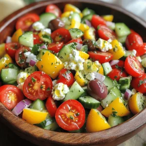 Fresh produce makes this salad bright and colorful. Here’s what you need: - 2 cups cherry tomatoes, halved - 1 cucumber, diced - 1 bell pepper (any color), diced - 1/2 red onion, finely sliced Next, we add cheese and olives for flavor and texture: - 1 cup Kalamata olives, pitted - 1 cup feta cheese, crumbled Finally, the dressing components bring it all together: - 3 tablespoons extra virgin olive oil - 2 tablespoons fresh lemon juice - 1 teaspoon dried oregano - Salt and pepper to taste This Simple Greek Salad bursts with flavor and freshness. You can find the Full Recipe at the end of the article. Enjoy making this delicious dish! To start, you need to prepare the vegetables. This step makes your salad fresh and colorful. First, halve the cherry tomatoes. This brings out their sweet flavor. Next, dice the cucumber and bell pepper. Aim for small pieces to mix well. Finally, finely slice the red onion. This adds a nice crunch and bite. Now it’s time to mix the salad. In a large bowl, combine all the chopped vegetables. This includes the cherry tomatoes, cucumber, bell pepper, and red onion. Next, add the Kalamata olives. These salty olives give a great taste. Then, sprinkle in the crumbled feta cheese. This creamy cheese makes the salad rich and tasty. Making the dressing is simple and quick. In a small bowl, whisk together the dressing ingredients. Use extra virgin olive oil, fresh lemon juice, and dried oregano. Add salt and pepper to taste. Once well combined, pour the dressing over the salad. Gently toss everything together until it coats evenly. You want each bite to be flavorful. For the full recipe, check the link above! To make your Greek salad shine, pair it with grilled chicken or fish. You can also enjoy it with warm pita bread or hummus. As a side dish, it complements many meals. If you want, serve it as a light main dish. For that, add some chickpeas or quinoa for extra protein. To adjust the flavors, taste as you go. If you like it tangy, add more lemon juice. For a milder taste, use less salt or olives. You can also try adding fresh herbs like basil or mint. They can give your salad a new twist. Make your salad pop with color! Use a large bowl to show off the layers. Arrange the feta cheese on top for a nice look. You can sprinkle some chopped parsley for freshness. If you're feeling fancy, add a few slices of lemon on the side. This adds a nice touch and extra flavor. For the full recipe, check out the Mediterranean Breeze Greek Salad! {{image_2}} You can make your Greek salad even better by adding protein. Chicken or shrimp works great. Both add flavor and make the salad more filling. You can grill or roast the chicken for extra taste. Shrimp can be sautéed with garlic for a special touch. You can also mix in other vegetables. Radishes add a nice crunch, and spinach brings color and nutrients. Feel free to get creative with what you have. More veggies mean more flavor and texture. If you want a vegan or dairy-free salad, skip the feta cheese. You can use avocado for creaminess instead. It adds healthy fats and a smooth texture. For gluten-free options, this salad is already safe. Just ensure that any added ingredients, like dressings, are gluten-free too. Always check labels to be sure. Explore the full recipe for more ideas and guidance on making this delightful dish! To keep your Greek salad fresh, store it in an airtight container. This helps avoid moisture loss. If you have leftovers, separate the dressing from the salad. Add the dressing only when you’re ready to eat. This will keep the salad crisp and tasty. In the refrigerator, your Greek salad lasts about 3 to 4 days. If you freeze it, the texture may change. I do not recommend freezing Greek salad. It’s best enjoyed fresh. You do not need to reheat this salad. It tastes best cold. Just take it out of the fridge and serve it. If the salad seems dry, add a splash of olive oil or lemon juice. Enjoy the fresh flavors! For the full recipe, check out the Mediterranean Breeze Greek Salad. A traditional Greek salad has simple, fresh ingredients. You need: - Cherry tomatoes - Cucumber - Bell pepper - Red onion - Kalamata olives - Feta cheese - Extra virgin olive oil - Fresh lemon juice - Dried oregano - Salt and pepper These ingredients create a colorful and tasty dish. Each item brings its own flavor and texture. The tomatoes add sweetness, while the cucumber adds crunch. Kalamata olives give a briny taste, and feta adds creaminess. This balance makes the salad a delight. To keep your Greek salad fresh, store it properly. Here are some tips: - Use an airtight container: This helps keep moisture out. - Keep the dressing separate: Add the dressing just before serving. This keeps the veggies crisp. - Refrigerate promptly: Store leftovers in the fridge within two hours. When stored this way, your salad can last up to three days. Always check for freshness before eating. Absolutely! You can change the dressing to suit your taste. Here are some ideas: - Add garlic: Mix in minced garlic for an extra kick. - Use vinegar: Swap lemon juice for red wine or balsamic vinegar. - Try yogurt: Mix Greek yogurt with olive oil for a creamy dressing. Feel free to play with the flavors. This salad is about making it your own. For the full recipe, check out the Mediterranean Breeze Greek Salad. This blog post shared how to create a fresh Greek salad. We talked about the tasty ingredients, from veggies to olives and cheese. I broke down the steps to prepare, mix, and dress your salad. Plus, I offered tips for serving and storing. You can even change the recipe to fit your needs. Enjoy making this bright dish, and feel free to get creative. Healthy food can be fun and easy!