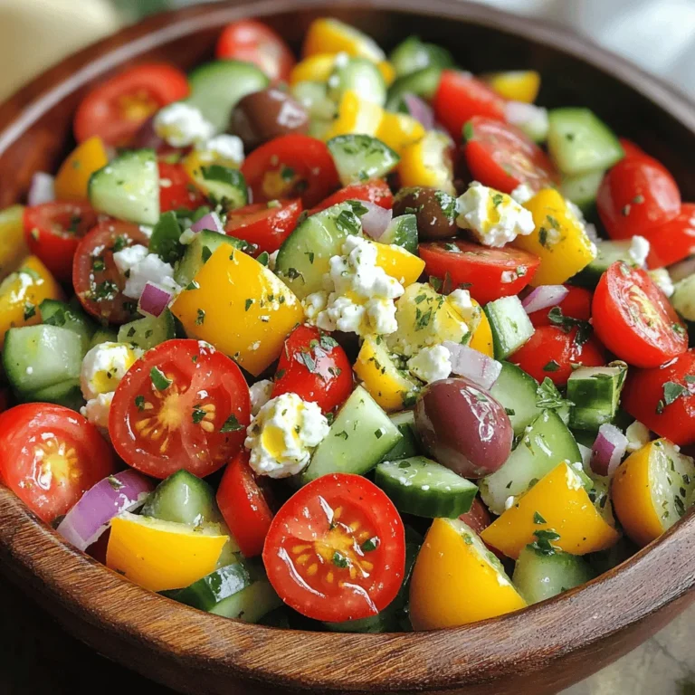 Fresh produce makes this salad bright and colorful. Here’s what you need: - 2 cups cherry tomatoes, halved - 1 cucumber, diced - 1 bell pepper (any color), diced - 1/2 red onion, finely sliced Next, we add cheese and olives for flavor and texture: - 1 cup Kalamata olives, pitted - 1 cup feta cheese, crumbled Finally, the dressing components bring it all together: - 3 tablespoons extra virgin olive oil - 2 tablespoons fresh lemon juice - 1 teaspoon dried oregano - Salt and pepper to taste This Simple Greek Salad bursts with flavor and freshness. You can find the Full Recipe at the end of the article. Enjoy making this delicious dish! To start, you need to prepare the vegetables. This step makes your salad fresh and colorful. First, halve the cherry tomatoes. This brings out their sweet flavor. Next, dice the cucumber and bell pepper. Aim for small pieces to mix well. Finally, finely slice the red onion. This adds a nice crunch and bite. Now it’s time to mix the salad. In a large bowl, combine all the chopped vegetables. This includes the cherry tomatoes, cucumber, bell pepper, and red onion. Next, add the Kalamata olives. These salty olives give a great taste. Then, sprinkle in the crumbled feta cheese. This creamy cheese makes the salad rich and tasty. Making the dressing is simple and quick. In a small bowl, whisk together the dressing ingredients. Use extra virgin olive oil, fresh lemon juice, and dried oregano. Add salt and pepper to taste. Once well combined, pour the dressing over the salad. Gently toss everything together until it coats evenly. You want each bite to be flavorful. For the full recipe, check the link above! To make your Greek salad shine, pair it with grilled chicken or fish. You can also enjoy it with warm pita bread or hummus. As a side dish, it complements many meals. If you want, serve it as a light main dish. For that, add some chickpeas or quinoa for extra protein. To adjust the flavors, taste as you go. If you like it tangy, add more lemon juice. For a milder taste, use less salt or olives. You can also try adding fresh herbs like basil or mint. They can give your salad a new twist. Make your salad pop with color! Use a large bowl to show off the layers. Arrange the feta cheese on top for a nice look. You can sprinkle some chopped parsley for freshness. If you're feeling fancy, add a few slices of lemon on the side. This adds a nice touch and extra flavor. For the full recipe, check out the Mediterranean Breeze Greek Salad! {{image_2}} You can make your Greek salad even better by adding protein. Chicken or shrimp works great. Both add flavor and make the salad more filling. You can grill or roast the chicken for extra taste. Shrimp can be sautéed with garlic for a special touch. You can also mix in other vegetables. Radishes add a nice crunch, and spinach brings color and nutrients. Feel free to get creative with what you have. More veggies mean more flavor and texture. If you want a vegan or dairy-free salad, skip the feta cheese. You can use avocado for creaminess instead. It adds healthy fats and a smooth texture. For gluten-free options, this salad is already safe. Just ensure that any added ingredients, like dressings, are gluten-free too. Always check labels to be sure. Explore the full recipe for more ideas and guidance on making this delightful dish! To keep your Greek salad fresh, store it in an airtight container. This helps avoid moisture loss. If you have leftovers, separate the dressing from the salad. Add the dressing only when you’re ready to eat. This will keep the salad crisp and tasty. In the refrigerator, your Greek salad lasts about 3 to 4 days. If you freeze it, the texture may change. I do not recommend freezing Greek salad. It’s best enjoyed fresh. You do not need to reheat this salad. It tastes best cold. Just take it out of the fridge and serve it. If the salad seems dry, add a splash of olive oil or lemon juice. Enjoy the fresh flavors! For the full recipe, check out the Mediterranean Breeze Greek Salad. A traditional Greek salad has simple, fresh ingredients. You need: - Cherry tomatoes - Cucumber - Bell pepper - Red onion - Kalamata olives - Feta cheese - Extra virgin olive oil - Fresh lemon juice - Dried oregano - Salt and pepper These ingredients create a colorful and tasty dish. Each item brings its own flavor and texture. The tomatoes add sweetness, while the cucumber adds crunch. Kalamata olives give a briny taste, and feta adds creaminess. This balance makes the salad a delight. To keep your Greek salad fresh, store it properly. Here are some tips: - Use an airtight container: This helps keep moisture out. - Keep the dressing separate: Add the dressing just before serving. This keeps the veggies crisp. - Refrigerate promptly: Store leftovers in the fridge within two hours. When stored this way, your salad can last up to three days. Always check for freshness before eating. Absolutely! You can change the dressing to suit your taste. Here are some ideas: - Add garlic: Mix in minced garlic for an extra kick. - Use vinegar: Swap lemon juice for red wine or balsamic vinegar. - Try yogurt: Mix Greek yogurt with olive oil for a creamy dressing. Feel free to play with the flavors. This salad is about making it your own. For the full recipe, check out the Mediterranean Breeze Greek Salad. This blog post shared how to create a fresh Greek salad. We talked about the tasty ingredients, from veggies to olives and cheese. I broke down the steps to prepare, mix, and dress your salad. Plus, I offered tips for serving and storing. You can even change the recipe to fit your needs. Enjoy making this bright dish, and feel free to get creative. Healthy food can be fun and easy!