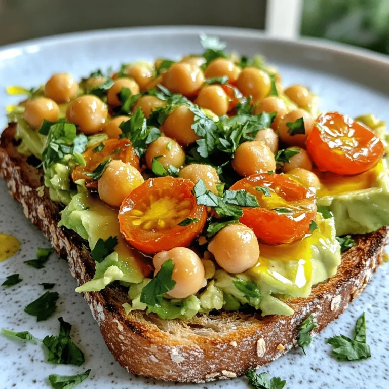 To make smashed chickpea avocado toast, you need simple, fresh ingredients. Here’s what you will need: - Canned chickpeas - Ripe avocado - Lemon juice - Tahini - Garlic - Spices (salt, pepper, cumin) - Whole grain bread - Cherry tomatoes - Fresh herbs (cilantro or parsley) - Olive oil Each ingredient plays a key role in flavor and nutrition. Canned chickpeas give protein and fiber. Ripe avocado adds creaminess and healthy fats. Lemon juice brightens the dish. Tahini brings a nutty taste. Garlic adds depth. Spices like salt, pepper, and cumin enhance the overall flavor. Whole grain bread offers a hearty base. Cherry tomatoes add freshness and color. Fresh herbs like cilantro or parsley finish the dish with a burst of flavor. Olive oil gives a rich finish. For the full recipe, check out the detailed guide. This dish is not just tasty; it is also quick and healthy! - Draining and rinsing chickpeas Open the can of chickpeas. Pour them into a strainer. Rinse them under cool water to remove any extra salt. This step keeps your dish fresh and clean. - Mashing chickpeas Place the drained chickpeas in a bowl. Use a fork or potato masher to smash them. Leave some chickpeas whole for extra texture. This will give your toast a hearty feel. - Preparing the avocado mixture Cut the ripe avocado in half. Remove the pit and scoop the flesh into the bowl. Add lemon juice, tahini, minced garlic, salt, pepper, and cumin. Mix gently until everything is combined. Taste it and adjust the salt or lemon if needed. - Toasting bread While you prepare the mixture, toast your whole grain bread. Set your toaster to a medium setting. Aim for golden brown and crispy slices. This gives a nice crunch to your toast. - Spoon the chickpea and avocado mix onto bread Take your toasted bread and place it on a plate. Generously scoop the chickpea and avocado mix onto each slice. Spread it out evenly to cover the whole piece. - Topping ideas for extra flavor You can add halved cherry tomatoes on top. They add a pop of color and taste. Fresh cilantro or parsley makes it look nice too. Drizzle some olive oil for a rich finish. Enjoy your tasty creation! For the full recipe, check out the details above. To get the best texture, mash the chickpeas gently. You want some chunks for bite. Use a fork or potato masher for this. Don't over-mash; a mix of smooth and chunky is great. Add the avocado next. It should be ripe and creamy. Mix it in with the chickpeas. This creates a rich blend. For seasoning, start with salt and pepper. Add a little cumin for warmth. Taste as you go. You can always add more, but you can’t take it out! Pair your toast with a refreshing drink. Lemonade or iced tea works well. These drinks balance the toast's creaminess. Think about when to serve this dish. It’s perfect for brunch or a light lunch. You can also enjoy it as a snack. Serve it at gatherings for a fun treat. Everyone loves a tasty toast! For the full recipe, check out the Full Recipe. {{image_2}} If you want to change things up, try different ingredients. You can use sunflower seed butter instead of tahini. It gives a nice nutty flavor. You can also go for Greek yogurt for creaminess. As for bread, whole grain is great, but you can use sourdough or rye instead. Gluten-free bread works too, if you need it. Add toppings to boost nutrition and flavor. Some great options are sliced radishes or cucumbers. They add crunch and freshness. You can also sprinkle on feta cheese for a salty kick. Want more spice? Try adding smoked paprika or red pepper flakes. They give the toast a warm, zesty flavor. Adding herbs like basil or dill can also brighten the taste. Explore different spices and toppings to find what you love! For the full recipe, check out the Smashed Chickpea Avocado Toast. To keep your smashed chickpea avocado toast fresh, store it in an airtight container. This helps keep the flavors in and the air out. Use a glass or plastic container with a tight seal. It’s best to store the chickpea and avocado mix separate from the bread. This way, the bread stays crisp. If you store them together, the bread may get soggy. You can keep leftovers in the fridge for up to two days. When reheating, keep the bread and topping separate. Toast the bread again in a toaster or skillet. This helps regain the crunchy texture. For the chickpea and avocado mix, warm it gently in a microwave. Heat it in short bursts, about 15 seconds at a time. Stir between each burst to avoid hot spots. This way, you keep the creamy texture without losing flavor. Enjoy your meal as if it was freshly made! Can I make this toast vegan? Yes! This recipe is already vegan. It uses chickpeas and avocado. Both are plant-based. You can enjoy this toast without any animal products. How long does it take to prepare? This dish takes about 10 minutes to prep. Adding in toasting time, the total is around 20 minutes. It’s a quick meal for busy days. What are the nutritional benefits of chickpeas? Chickpeas are packed with protein and fiber. They help keep you full. They also contain many vitamins and minerals. This makes them a healthy choice for your diet. Can I prepare the mixture in advance? Yes! You can make the chickpea and avocado mix ahead of time. Store it in the fridge for up to two days. Just stir before serving to mix the flavors again. For the full recipe, visit the link. What bread works best for this recipe? I love using whole grain bread for this recipe. It adds texture and flavor. The nutty taste pairs well with the creamy chickpeas and avocado. You can also try sourdough or rye bread for a fun twist. Are there gluten-free options available? Yes, you can use gluten-free bread. Many brands offer great-tasting options. Look for whole grain or seed-based options to keep it healthy and tasty. Can I freeze smashed chickpea avocado toast? I do not recommend freezing the toast itself. The bread gets soggy when thawed. However, you can freeze the chickpea and avocado mix. Just store it in an airtight container. When ready, thaw it and spread it on fresh toast. This blog post covered how to make tasty smashed chickpea avocado toast. We discussed key ingredients, preparation steps, and tips for perfecting the texture. You learned about variations and how to store leftovers. Making this toast is simple and fun. You can enjoy it for breakfast or a snack. Try different toppings for more flavor. With this guide, you'll create a delicious, healthy dish every time. Enjoy your cooking journey!