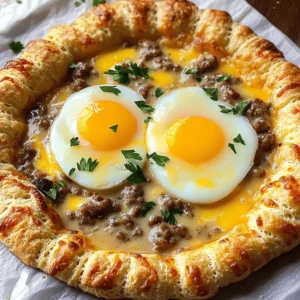 To create a mouthwatering biscuits and sausage gravy breakfast pizza, gather these key ingredients: - 1 can of refrigerated biscuit dough - 1 pound breakfast sausage - 1/4 cup all-purpose flour - 2 cups whole milk - 1/2 teaspoon garlic powder - 1/2 teaspoon onion powder - 1/4 teaspoon freshly cracked black pepper - 1 1/2 cups shredded sharp cheddar cheese - 2 large eggs - Fresh parsley (for garnish) - Salt, to taste Each ingredient plays a vital role. The refrigerated biscuit dough forms a soft, flaky crust. Breakfast sausage brings rich flavor and heartiness. Flour and milk create a creamy gravy, while spices add depth. Cheddar cheese gives a savory finish, and eggs provide protein. Fresh parsley adds a pop of color and freshness. For the full recipe, you can refer to the complete guide. Enjoy creating this delightful dish! - Set the oven to 425°F (220°C). This step is vital for a great crust. - Roll out the biscuit dough on a floured surface. Aim for a large circle that fits your baking sheet. - Bake the dough for 8-10 minutes. Look for a nice golden brown color. - Heat a skillet over medium heat. Add the breakfast sausage. - Break the sausage apart with a spoon. Cook until it’s brown, about 5-7 minutes. - After the sausage is cooked, sprinkle the flour over it. Stir well for one minute. - Gradually pour in the milk while stirring. This helps avoid lumps. - Let the mixture simmer and thicken for about 5-7 minutes. - Take the biscuit crust out of the oven. Spread the sausage gravy on it, leaving a bit of edge. - Crack two large eggs onto the gravy. Space them evenly. - Sprinkle cheese over the eggs and gravy. - Bake again for 8-10 minutes. Check to ensure the cheese melts and the eggs cook to your liking. For a detailed guide, check the Full Recipe. Enjoy this tasty twist on breakfast! To make your biscuit crust perfect, focus on the dough’s texture. Use cold dough for the best rise. When you roll it out, don't overwork it. This keeps the layers fluffy. Bake at 425°F (220°C) for 8-10 minutes. You want it golden brown and puffed up. Watch closely, as ovens can vary. A perfectly baked crust provides a great base for the toppings. If you want to change the sausage, many options exist. You can try turkey sausage for a leaner choice. Chicken sausage adds a nice twist too. For a spicy kick, use chorizo or breakfast sausage with herbs. You can even opt for a plant-based sausage. Each type brings unique flavors and textures to your pizza. Making your gravy shine is easy with a few tweaks. Add a dash of hot sauce for heat. Fresh herbs like thyme or rosemary can boost flavor. For a richer taste, try adding cream instead of milk. You can even mix in sautéed mushrooms or spinach for added depth. Experimenting allows you to create a gravy that’s uniquely yours. {{image_4}} You can make this breakfast pizza vegetarian by swapping the sausage. Use plant-based sausage instead. Look for brands that mimic the taste and texture of pork sausage. You can also use crumbled tofu seasoned with sage, thyme, and paprika. This option keeps the pizza hearty and satisfying without meat. Cheese adds flavor and creaminess to your pizza. While sharp cheddar is great, you can try other types. Use mozzarella for a milder taste. Goat cheese adds tanginess, while pepper jack gives it a spicy kick. Mixing different cheeses can create unique flavor profiles. Experiment to find your favorite blend! Toppings can elevate your pizza. Add fresh spinach or sautéed mushrooms for an earthy flavor. Diced bell peppers or cherry tomatoes bring brightness and color. Crumbled bacon or cooked ham can add extra meatiness. For a fresh finish, sprinkle chives or arugula on top after baking. Get creative and make it your own! To store any leftovers of biscuits and sausage gravy breakfast pizza, let it cool completely first. Place the pizza in an airtight container. You can keep it in the fridge for up to three days. If you want to save it longer, wrap individual slices in plastic wrap. Then, place them in a freezer-safe bag or container. Properly stored, it can last in the freezer for up to three months. When you are ready to enjoy it again, thaw it overnight in the fridge before reheating. To reheat your pizza, use the oven for the best results. Preheat your oven to 350°F (175°C). Place the slices on a baking sheet and cover them with foil. This helps keep the pizza moist while it heats. Bake for about 10 to 15 minutes, or until warm. If you want a crispier crust, remove the foil for the last few minutes. You can also reheat it in the microwave, but this may make the crust a bit soggy. Heat for 30 seconds at a time until warm. Enjoy your delicious breakfast pizza again! You can serve many sides with this pizza. Here are some ideas: - Fresh fruit salad - Scrambled eggs - Crispy bacon - Roasted potatoes - A light green salad These dishes add flavor and balance to your meal. Pairing them helps create a full breakfast experience. Yes, you can prep parts of this recipe early. Here’s how: - Cook the sausage and make the gravy. Store them in the fridge for up to two days. - Roll out the biscuit dough and keep it covered in the fridge overnight. When ready to cook, just assemble and bake! This saves time on busy mornings. To make this dish gluten-free, follow these tips: - Use gluten-free biscuit dough instead of regular. - Substitute all-purpose flour with a gluten-free flour blend when making gravy. These swaps ensure you enjoy the same great taste without gluten. Reheating leftovers can be simple. Here are my best methods: - Use the oven: Preheat to 350°F (175°C). Place the pizza on a baking tray and heat for about 10 minutes. - Use the microwave: Heat a slice on low power for 30-60 seconds. Both methods keep the pizza tasty and warm. Yes, you can try different doughs. Here are some options: - Pizza dough for a thinner crust. - Crescent roll dough for a flaky texture. - Homemade biscuit dough for extra flavor. Experimenting can lead to a delightful new twist! For the best results, be sure to check out the Full Recipe for detailed steps and tips. You now know how to make a tasty Biscuits and Sausage Gravy Breakfast Pizza. We covered the key ingredients, easy steps, and helpful tips. You can customize this dish with different sausages or cheeses. Leftovers? Store them right and reheat wisely. Try this recipe to impress your family or friends. Enjoy every flavorful bite, and make it your own!