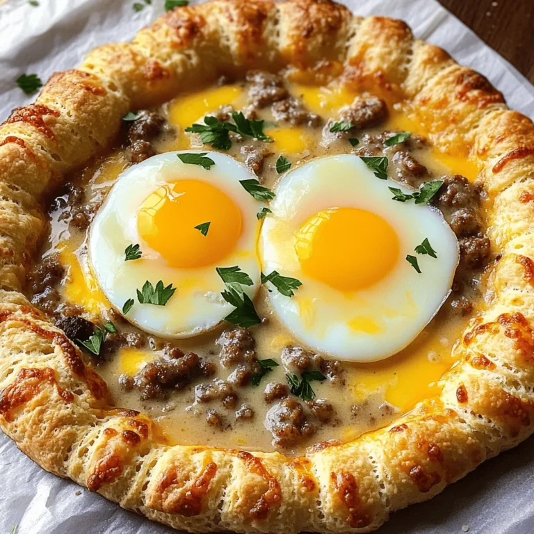To create a mouthwatering biscuits and sausage gravy breakfast pizza, gather these key ingredients: - 1 can of refrigerated biscuit dough - 1 pound breakfast sausage - 1/4 cup all-purpose flour - 2 cups whole milk - 1/2 teaspoon garlic powder - 1/2 teaspoon onion powder - 1/4 teaspoon freshly cracked black pepper - 1 1/2 cups shredded sharp cheddar cheese - 2 large eggs - Fresh parsley (for garnish) - Salt, to taste Each ingredient plays a vital role. The refrigerated biscuit dough forms a soft, flaky crust. Breakfast sausage brings rich flavor and heartiness. Flour and milk create a creamy gravy, while spices add depth. Cheddar cheese gives a savory finish, and eggs provide protein. Fresh parsley adds a pop of color and freshness. For the full recipe, you can refer to the complete guide. Enjoy creating this delightful dish! - Set the oven to 425°F (220°C). This step is vital for a great crust. - Roll out the biscuit dough on a floured surface. Aim for a large circle that fits your baking sheet. - Bake the dough for 8-10 minutes. Look for a nice golden brown color. - Heat a skillet over medium heat. Add the breakfast sausage. - Break the sausage apart with a spoon. Cook until it’s brown, about 5-7 minutes. - After the sausage is cooked, sprinkle the flour over it. Stir well for one minute. - Gradually pour in the milk while stirring. This helps avoid lumps. - Let the mixture simmer and thicken for about 5-7 minutes. - Take the biscuit crust out of the oven. Spread the sausage gravy on it, leaving a bit of edge. - Crack two large eggs onto the gravy. Space them evenly. - Sprinkle cheese over the eggs and gravy. - Bake again for 8-10 minutes. Check to ensure the cheese melts and the eggs cook to your liking. For a detailed guide, check the Full Recipe. Enjoy this tasty twist on breakfast! To make your biscuit crust perfect, focus on the dough’s texture. Use cold dough for the best rise. When you roll it out, don't overwork it. This keeps the layers fluffy. Bake at 425°F (220°C) for 8-10 minutes. You want it golden brown and puffed up. Watch closely, as ovens can vary. A perfectly baked crust provides a great base for the toppings. If you want to change the sausage, many options exist. You can try turkey sausage for a leaner choice. Chicken sausage adds a nice twist too. For a spicy kick, use chorizo or breakfast sausage with herbs. You can even opt for a plant-based sausage. Each type brings unique flavors and textures to your pizza. Making your gravy shine is easy with a few tweaks. Add a dash of hot sauce for heat. Fresh herbs like thyme or rosemary can boost flavor. For a richer taste, try adding cream instead of milk. You can even mix in sautéed mushrooms or spinach for added depth. Experimenting allows you to create a gravy that’s uniquely yours. {{image_4}} You can make this breakfast pizza vegetarian by swapping the sausage. Use plant-based sausage instead. Look for brands that mimic the taste and texture of pork sausage. You can also use crumbled tofu seasoned with sage, thyme, and paprika. This option keeps the pizza hearty and satisfying without meat. Cheese adds flavor and creaminess to your pizza. While sharp cheddar is great, you can try other types. Use mozzarella for a milder taste. Goat cheese adds tanginess, while pepper jack gives it a spicy kick. Mixing different cheeses can create unique flavor profiles. Experiment to find your favorite blend! Toppings can elevate your pizza. Add fresh spinach or sautéed mushrooms for an earthy flavor. Diced bell peppers or cherry tomatoes bring brightness and color. Crumbled bacon or cooked ham can add extra meatiness. For a fresh finish, sprinkle chives or arugula on top after baking. Get creative and make it your own! To store any leftovers of biscuits and sausage gravy breakfast pizza, let it cool completely first. Place the pizza in an airtight container. You can keep it in the fridge for up to three days. If you want to save it longer, wrap individual slices in plastic wrap. Then, place them in a freezer-safe bag or container. Properly stored, it can last in the freezer for up to three months. When you are ready to enjoy it again, thaw it overnight in the fridge before reheating. To reheat your pizza, use the oven for the best results. Preheat your oven to 350°F (175°C). Place the slices on a baking sheet and cover them with foil. This helps keep the pizza moist while it heats. Bake for about 10 to 15 minutes, or until warm. If you want a crispier crust, remove the foil for the last few minutes. You can also reheat it in the microwave, but this may make the crust a bit soggy. Heat for 30 seconds at a time until warm. Enjoy your delicious breakfast pizza again! You can serve many sides with this pizza. Here are some ideas: - Fresh fruit salad - Scrambled eggs - Crispy bacon - Roasted potatoes - A light green salad These dishes add flavor and balance to your meal. Pairing them helps create a full breakfast experience. Yes, you can prep parts of this recipe early. Here’s how: - Cook the sausage and make the gravy. Store them in the fridge for up to two days. - Roll out the biscuit dough and keep it covered in the fridge overnight. When ready to cook, just assemble and bake! This saves time on busy mornings. To make this dish gluten-free, follow these tips: - Use gluten-free biscuit dough instead of regular. - Substitute all-purpose flour with a gluten-free flour blend when making gravy. These swaps ensure you enjoy the same great taste without gluten. Reheating leftovers can be simple. Here are my best methods: - Use the oven: Preheat to 350°F (175°C). Place the pizza on a baking tray and heat for about 10 minutes. - Use the microwave: Heat a slice on low power for 30-60 seconds. Both methods keep the pizza tasty and warm. Yes, you can try different doughs. Here are some options: - Pizza dough for a thinner crust. - Crescent roll dough for a flaky texture. - Homemade biscuit dough for extra flavor. Experimenting can lead to a delightful new twist! For the best results, be sure to check out the Full Recipe for detailed steps and tips. You now know how to make a tasty Biscuits and Sausage Gravy Breakfast Pizza. We covered the key ingredients, easy steps, and helpful tips. You can customize this dish with different sausages or cheeses. Leftovers? Store them right and reheat wisely. Try this recipe to impress your family or friends. Enjoy every flavorful bite, and make it your own!
