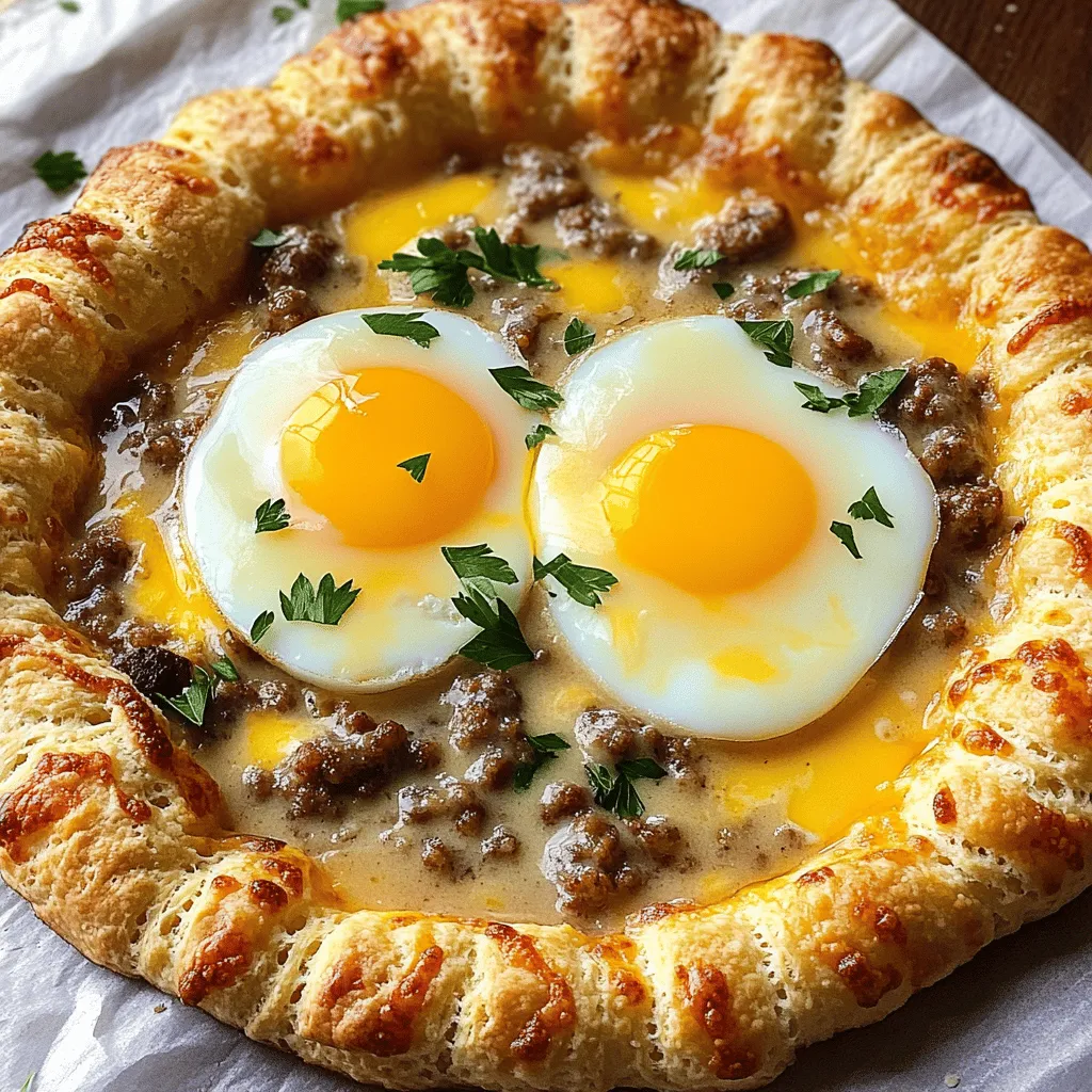 To create a mouthwatering biscuits and sausage gravy breakfast pizza, gather these key ingredients: - 1 can of refrigerated biscuit dough - 1 pound breakfast sausage - 1/4 cup all-purpose flour - 2 cups whole milk - 1/2 teaspoon garlic powder - 1/2 teaspoon onion powder - 1/4 teaspoon freshly cracked black pepper - 1 1/2 cups shredded sharp cheddar cheese - 2 large eggs - Fresh parsley (for garnish) - Salt, to taste Each ingredient plays a vital role. The refrigerated biscuit dough forms a soft, flaky crust. Breakfast sausage brings rich flavor and heartiness. Flour and milk create a creamy gravy, while spices add depth. Cheddar cheese gives a savory finish, and eggs provide protein. Fresh parsley adds a pop of color and freshness. For the full recipe, you can refer to the complete guide. Enjoy creating this delightful dish! - Set the oven to 425°F (220°C). This step is vital for a great crust. - Roll out the biscuit dough on a floured surface. Aim for a large circle that fits your baking sheet. - Bake the dough for 8-10 minutes. Look for a nice golden brown color. - Heat a skillet over medium heat. Add the breakfast sausage. - Break the sausage apart with a spoon. Cook until it’s brown, about 5-7 minutes. - After the sausage is cooked, sprinkle the flour over it. Stir well for one minute. - Gradually pour in the milk while stirring. This helps avoid lumps. - Let the mixture simmer and thicken for about 5-7 minutes. - Take the biscuit crust out of the oven. Spread the sausage gravy on it, leaving a bit of edge. - Crack two large eggs onto the gravy. Space them evenly. - Sprinkle cheese over the eggs and gravy. - Bake again for 8-10 minutes. Check to ensure the cheese melts and the eggs cook to your liking. For a detailed guide, check the Full Recipe. Enjoy this tasty twist on breakfast! To make your biscuit crust perfect, focus on the dough’s texture. Use cold dough for the best rise. When you roll it out, don't overwork it. This keeps the layers fluffy. Bake at 425°F (220°C) for 8-10 minutes. You want it golden brown and puffed up. Watch closely, as ovens can vary. A perfectly baked crust provides a great base for the toppings. If you want to change the sausage, many options exist. You can try turkey sausage for a leaner choice. Chicken sausage adds a nice twist too. For a spicy kick, use chorizo or breakfast sausage with herbs. You can even opt for a plant-based sausage. Each type brings unique flavors and textures to your pizza. Making your gravy shine is easy with a few tweaks. Add a dash of hot sauce for heat. Fresh herbs like thyme or rosemary can boost flavor. For a richer taste, try adding cream instead of milk. You can even mix in sautéed mushrooms or spinach for added depth. Experimenting allows you to create a gravy that’s uniquely yours. {{image_4}} You can make this breakfast pizza vegetarian by swapping the sausage. Use plant-based sausage instead. Look for brands that mimic the taste and texture of pork sausage. You can also use crumbled tofu seasoned with sage, thyme, and paprika. This option keeps the pizza hearty and satisfying without meat. Cheese adds flavor and creaminess to your pizza. While sharp cheddar is great, you can try other types. Use mozzarella for a milder taste. Goat cheese adds tanginess, while pepper jack gives it a spicy kick. Mixing different cheeses can create unique flavor profiles. Experiment to find your favorite blend! Toppings can elevate your pizza. Add fresh spinach or sautéed mushrooms for an earthy flavor. Diced bell peppers or cherry tomatoes bring brightness and color. Crumbled bacon or cooked ham can add extra meatiness. For a fresh finish, sprinkle chives or arugula on top after baking. Get creative and make it your own! To store any leftovers of biscuits and sausage gravy breakfast pizza, let it cool completely first. Place the pizza in an airtight container. You can keep it in the fridge for up to three days. If you want to save it longer, wrap individual slices in plastic wrap. Then, place them in a freezer-safe bag or container. Properly stored, it can last in the freezer for up to three months. When you are ready to enjoy it again, thaw it overnight in the fridge before reheating. To reheat your pizza, use the oven for the best results. Preheat your oven to 350°F (175°C). Place the slices on a baking sheet and cover them with foil. This helps keep the pizza moist while it heats. Bake for about 10 to 15 minutes, or until warm. If you want a crispier crust, remove the foil for the last few minutes. You can also reheat it in the microwave, but this may make the crust a bit soggy. Heat for 30 seconds at a time until warm. Enjoy your delicious breakfast pizza again! You can serve many sides with this pizza. Here are some ideas: - Fresh fruit salad - Scrambled eggs - Crispy bacon - Roasted potatoes - A light green salad These dishes add flavor and balance to your meal. Pairing them helps create a full breakfast experience. Yes, you can prep parts of this recipe early. Here’s how: - Cook the sausage and make the gravy. Store them in the fridge for up to two days. - Roll out the biscuit dough and keep it covered in the fridge overnight. When ready to cook, just assemble and bake! This saves time on busy mornings. To make this dish gluten-free, follow these tips: - Use gluten-free biscuit dough instead of regular. - Substitute all-purpose flour with a gluten-free flour blend when making gravy. These swaps ensure you enjoy the same great taste without gluten. Reheating leftovers can be simple. Here are my best methods: - Use the oven: Preheat to 350°F (175°C). Place the pizza on a baking tray and heat for about 10 minutes. - Use the microwave: Heat a slice on low power for 30-60 seconds. Both methods keep the pizza tasty and warm. Yes, you can try different doughs. Here are some options: - Pizza dough for a thinner crust. - Crescent roll dough for a flaky texture. - Homemade biscuit dough for extra flavor. Experimenting can lead to a delightful new twist! For the best results, be sure to check out the Full Recipe for detailed steps and tips. You now know how to make a tasty Biscuits and Sausage Gravy Breakfast Pizza. We covered the key ingredients, easy steps, and helpful tips. You can customize this dish with different sausages or cheeses. Leftovers? Store them right and reheat wisely. Try this recipe to impress your family or friends. Enjoy every flavorful bite, and make it your own!