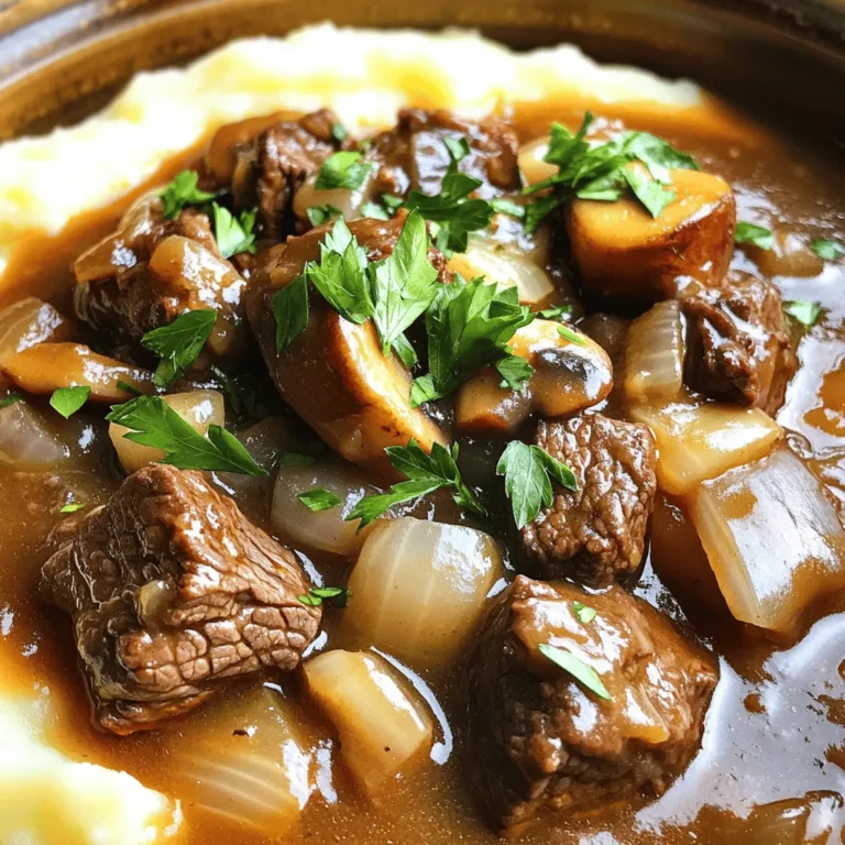 - 2 pounds beef sirloin, cut into 1-inch cubes - 1 large onion, finely diced - 3 cloves garlic, minced - 2 cups hearty beef broth - 1 cup mushrooms, sliced - Fresh parsley, chopped for garnish - 2 tablespoons Worcestershire sauce - 1 teaspoon dried thyme - 1 teaspoon smoked paprika - 1 teaspoon freshly ground black pepper - 1 teaspoon fine sea salt To make the best Crock Pot beef tips and gravy, start with quality beef sirloin. This cut has great flavor and tenderness. The onions and garlic bring a sweet and savory base. Beef broth is key for depth, while Worcestershire sauce adds a nice umami touch. For added richness, I like to include sliced mushrooms. They soak up the gravy well. Fresh parsley makes a lovely garnish, adding color and a touch of freshness. The spices are simple but effective. Thyme gives an earthy note, while smoked paprika adds warmth. Black pepper and sea salt enhance all the flavors. You can find the full recipe for these beef tips and gravy in the complete article. Make sure to gather all these ingredients before you start cooking. It makes the process smooth and enjoyable. Start by searing the beef cubes. Heat a large skillet over medium heat. Add one tablespoon of olive oil until it shimmers. Place the beef cubes in the skillet in batches. Sear each batch for about 5-7 minutes until they turn a nice brown. This step locks in the flavor. Once browned, transfer the beef to the slow cooker. Make sure to include all the pieces. In the same skillet, do not wipe it clean. Add the diced onion and minced garlic. Sauté these for around 3-4 minutes. You want the onion soft and clear. This mix adds depth to your dish. After, transfer the onion and garlic to the slow cooker with the beef. Now, pour 2 cups of beef broth over the beef and onions in the slow cooker. If you like mushrooms, add one cup of sliced mushrooms. Then, add two tablespoons of Worcestershire sauce, one teaspoon of dried thyme, one teaspoon of smoked paprika, one teaspoon of black pepper, and one teaspoon of sea salt. Stir gently to mix everything well. Cover the slow cooker with its lid. Set it to cook on low for 6-8 hours or on high for 3-4 hours. The beef should become very tender. Check for tenderness by using a fork. It should shred easily when done. After the beef is tender, it’s time to thicken the gravy. In a small bowl, mix two tablespoons of cornstarch with two tablespoons of cool water until smooth. Stir this slurry into the slow cooker. Cook on high for another 15-30 minutes. This will help the gravy thicken to your liking. Before serving, stir the beef tips and gravy thoroughly. This ensures all pieces are coated in the rich gravy. For a delightful meal, serve the beef tips over creamy mashed potatoes or fluffy rice. You can garnish with some chopped parsley for a fresh touch. Enjoy this hearty dish with your family! To get the right gravy consistency, you need to thicken it after cooking. Use cornstarch mixed with cold water. This method works well. If you want a different option, try using flour or arrowroot powder. Just remember, each thickener has a unique effect on the gravy. Adding flavor is easy. You can sprinkle in more herbs and spices. Some great options include rosemary, oregano, or even a dash of cayenne for heat. Fresh herbs can make a big difference. Use thyme, parsley, or chives for a fresh taste. Add them right before serving to keep their flavor strong. Using a slow cooker is a breeze. Make sure to cut your beef into equal pieces to cook evenly. Avoid opening the lid too often. Each time you do, heat escapes and can lead to longer cooking times. To prevent overcooking, check your beef after the recommended cooking time. It should be tender but not falling apart. For the full recipe, check out the complete guide. {{image_4}} You can use several cuts for this dish. I recommend beef chuck or round. These cuts are great for slow cooking and add rich flavor. If you want a leaner option, use sirloin. Each cut has a different texture and taste. If you choose a tougher cut, like chuck, you may need to adjust cooking time. Aim for 8 hours on low or 4 hours on high. This helps break down the meat and makes it tender. The longer cooking time gives the beef time to absorb all those great flavors. You can make a delicious vegetarian version of beef tips and gravy. Start with mushrooms as your base. They add a meaty texture without the beef. Use hearty veggies like carrots and potatoes for added flavor. For the sauce, swap beef broth for vegetable broth. Add soy sauce for umami and depth. You can use cornstarch to thicken the gravy just like in the traditional recipe. This creates a rich sauce that pairs well with the vegetables. When serving beef tips and gravy, think about sides. Creamy mashed potatoes go perfectly with this dish. They soak up the gravy and add a smooth texture. You can also serve it over rice or egg noodles. This adds a nice twist. For a fun presentation, serve it in a bowl and sprinkle with fresh parsley. Crusty bread on the side is great for dipping into the gravy. Try different sides to keep things fresh and exciting! Each option brings its unique flavor and texture to the meal. Enjoy exploring these variations for your family! After enjoying your beef tips and gravy, store any leftovers properly. First, let the dish cool to room temperature. Then, place it in airtight containers. This keeps the meal fresh and safe to eat later. I recommend using glass containers for easy heating. They also help keep flavors intact. Label the containers with the date to track freshness. If you want to save some for later, freezing is a great option. Divide the beef tips and gravy into meal-sized portions. Use freezer-safe bags or containers. Make sure to remove as much air as possible to avoid freezer burn. For best quality, eat within three months. When you’re ready to enjoy, thaw the portions in the fridge overnight. Quick thawing can also be done in cold water. To reheat, use the stove or microwave. For the stove, pour the beef tips and gravy into a pan. Heat over low until warmed through. Stir frequently to avoid sticking. In the microwave, heat in short intervals, stirring in between. This helps maintain the flavor and moisture. To avoid a dry outcome, add a splash of beef broth or water while reheating. Enjoy your hearty meal again! Cooking beef tips in a crock pot takes time, but it is worth it. If you set your crock pot to low, it will take about 6 to 8 hours. For a quicker meal, use the high setting, which takes around 3 to 4 hours. The key is to let the beef cook until it is fork-tender. Yes, you can add vegetables to make your meal even better. Some great options are carrots, potatoes, and green beans. If you add carrots and potatoes, cut them into chunks. Add them in the last 2 hours if cooking on low or the last hour on high. This way, they will cook but not turn mushy. This dish pairs well with many sides. Here are a few ideas: - Creamy mashed potatoes - Fluffy white rice - Egg noodles - Crusty bread You can also serve a fresh salad for a crunchy contrast. Yes, this recipe is great for meal prep. You can portion out the beef tips and gravy into containers. Let them cool before sealing. Store them in the fridge for up to 4 days. You can also freeze them for up to 3 months. Just make sure to label your containers. To make this recipe gluten-free, swap out the Worcestershire sauce for a gluten-free version. You can also use cornstarch, which is already gluten-free, for thickening the gravy. Always check labels to ensure your ingredients are safe. You learned how to make slow cooker beef tips and gravy with ease. The right ingredients, cooking steps, and tips ensure great taste. Remember, you can switch up the meat or make it vegetarian for variety. Store leftovers well for future meals. With these ideas, you create delicious dishes everyone will love. Enjoy crafting hearty meals that bring comfort and joy. Happy cooking!