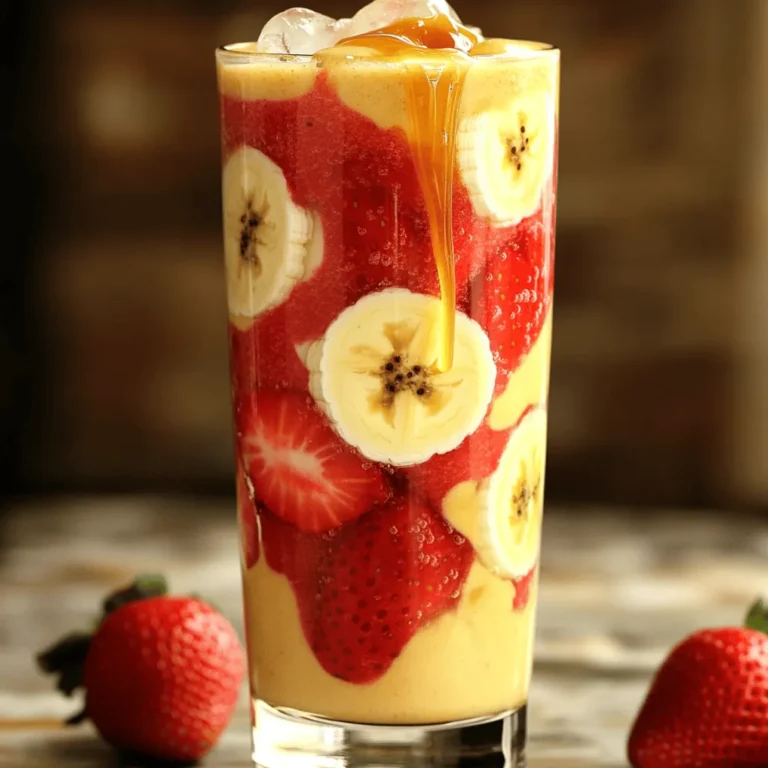 - 1 cup fresh strawberries, hulled and sliced - 1 ripe banana, peeled and sliced - 1 scoop vanilla protein powder (or preferred flavor) - 1 cup unsweetened almond milk (or any milk of choice) - 1 tablespoon natural peanut butter or almond butter - 1 tablespoon honey or maple syrup (optional, for added sweetness) - ½ cup ice cubes When you mix these ingredients, you create a tasty shake. Strawberries and bananas add nice flavor and nutrients. They are full of vitamins and minerals. Protein powder gives you the strength you need for your day. Almond milk is low in calories and dairy-free, making it a great choice. Adding peanut butter or almond butter makes it creamy. If you want a sweeter shake, honey or maple syrup is the way to go. Ice cubes give it a cool touch, perfect for warm days. This shake is not just delicious; it also helps you feel full. The mix of protein, carbs, and healthy fats fuels your body. You can find the full recipe above for easy reference. Enjoy this protein boost anytime! - Step 1: Combine strawberries, banana, and protein powder in a blender. - Step 2: Add almond milk and nut butter for creaminess. First, gather your ingredients. You will need fresh strawberries, a ripe banana, and your favorite protein powder. I like to use vanilla protein powder because it blends well with the fruits. Slice the strawberries and banana before you toss them into the blender. Next, pour in the almond milk. This gives your shake a nice base. Then, add a tablespoon of nut butter. I prefer natural peanut butter, but almond butter works too. This step adds a creamy texture and healthy fat. - Step 3: Drizzle in honey or maple syrup if desired. If you want your shake sweeter, add honey or maple syrup. This is optional, but it can enhance the flavor. Just a tablespoon will do. Mix it in well before blending. - Step 4: Include ice cubes for a refreshing chill. - Step 5: Blend on high speed until smooth and creamy. - Step 6: Adjust sweetness and blend again if necessary. - Step 7: Pour and serve in a tall glass or shaker bottle. Now, toss in half a cup of ice cubes. This will make your shake cool and refreshing. Blend everything on high speed for about 30 to 60 seconds. You want it smooth and creamy. After blending, taste your shake. If it needs more sweetness, add a little more honey or syrup. Blend again for a few seconds to mix it in. Finally, pour your strawberry banana shake into a tall glass or a shaker bottle. You can enjoy your shake right away or take it with you. For the full recipe, check the section above. To make your shake thick and creamy, use frozen strawberries or bananas. Frozen fruit blends smoothly and gives a nice texture. If you want a softer shake, fresh fruit works too. Just know it may be a bit runnier. Want to add more nutrients? You can add spinach or kale. These greens blend well and you won't taste them much. They give you vitamins and minerals without changing the flavor too much. It’s a simple way to make your shake healthier. Feel free to experiment with protein flavors or plant-based milk. You might try chocolate protein powder for a sweeter taste. Almond milk adds a nutty flavor, while coconut milk makes it creamy. Mix and match to find what you like best. {{image_2}} You can easily make a vegan version of the strawberry banana protein shake. Just swap out the whey protein powder for a plant-based option. There are many good choices like pea, rice, or hemp protein. They all work well and still taste great. If you follow a keto diet, this shake can fit right in. Use unsweetened coconut milk instead of almond milk. Also, skip the honey or maple syrup to lower the sugars. This keeps the shake creamy and low in carbs. Don’t be afraid to mix things up! You can add other fruits like mango or blueberries for new tastes. Each fruit brings its own flavor and nutrients. This way, you can enjoy a different shake each time. For the full recipe, check out the Berry Blast Protein Shake that highlights these variations. I recommend you drink your Strawberry Banana Protein Shake fresh. It tastes best right after blending. However, if you have leftovers, you can store them in the fridge. They will stay good for up to 24 hours. Make sure to seal it in a bottle or jar. This helps keep it cold and fresh. If you want to save some shake for later, freezing is a great option. Pour the leftover shake into ice cube trays. Once frozen, you can pop out the cubes and store them in a bag. This makes it easy to blend later. Just add the cubes to your blender with a splash of milk. You will have a quick and tasty shake! When you are ready to enjoy your frozen shake, you have two choices. You can thaw the shake overnight in the fridge. This is the best way to keep the flavor. If you're in a hurry, blend the frozen cubes with a splash of milk. This brings back the creamy texture and refreshing taste. A Strawberry Banana Protein Shake tastes best fresh. If you store it in the fridge, it lasts about 24 hours. The shake may separate over time, so stir it before drinking. If you want to keep it longer, freeze it. Pour the shake into ice cube trays. When you want a shake, blend the frozen cubes with a splash of milk. Yes, you can still enjoy this shake without protein powder. Use yogurt or cottage cheese for protein. You may also add nuts or seeds for extra nutrients. These options keep the shake tasty and healthy. You can even try silken tofu for a creamy texture and added protein. This shake is packed with nutrients. Strawberries are high in vitamin C and antioxidants. Bananas provide potassium and fiber. Protein powder boosts muscle recovery and keeps you full. Almond milk is low in calories and dairy-free. Together, these ingredients support energy, muscle health, and digestion. You can enjoy a tasty treat that also helps your body! This blog post shows how to make a tasty strawberry banana protein shake. You learned about fresh ingredients, protein sources, and optional additions. I also shared easy steps and helpful tips to customize your shake. Remember, frozen fruit can make your shake thicker. You can even make vegan or keto versions easily. Enjoying this shake supports a healthy lifestyle. Try it fresh, or store leftovers for later. This drink is great for energy and taste. Make it your own, and have fun blending!