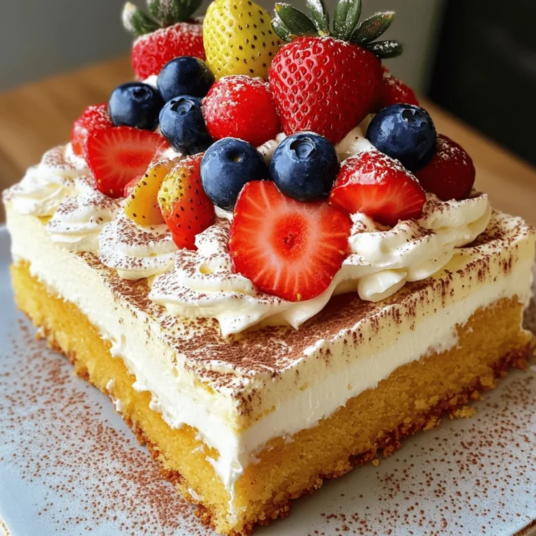 To make a classic tres leches cake, gather these key ingredients: - 1 cup all-purpose flour - 1 ½ teaspoons baking powder - ¼ teaspoon salt - 5 large eggs, separated - 1 cup granulated sugar, divided - 1 teaspoon vanilla extract - ½ cup whole milk - 1 can (12 ounces) evaporated milk - 1 can (14 ounces) sweetened condensed milk - 1 cup heavy cream - Fresh berries (strawberries or blueberries) for garnish - Ground cinnamon for dusting These ingredients work together to create a rich and moist dessert. Choosing the right ingredients is crucial. Here are my tips: - Flour: Use fresh, high-quality all-purpose flour. This ensures your cake has the right texture. - Eggs: Choose large, organic eggs. They add richness and flavor to your cake. - Milk: Use whole milk for a creamy taste. Avoid low-fat or skim for this recipe. - Sweetened Condensed Milk: Opt for a brand with simple ingredients. This adds sweetness and moisture. - Heavy Cream: Look for heavy cream with a high fat content. This gives the best whipped topping. These choices will elevate your cake to a new level of indulgence. If you need alternatives for allergies, here are some helpful substitutions: - Gluten-Free Flour: Swap all-purpose flour for a gluten-free blend. Ensure it includes xanthan gum for better texture. - Dairy-Free Milk: Use almond, coconut, or oat milk in place of whole milk. Choose unsweetened options for better control. - Egg Replacement: For each egg, use 1/4 cup applesauce or a flaxseed mixture. Mix 1 tablespoon flaxseed meal with 2.5 tablespoons water and let it sit. - Non-Dairy Cream: Use coconut cream or a non-dairy whipped topping for the cake's topping. These substitutions allow everyone to enjoy this classic dessert! Start by preheating your oven to 350°F (175°C). Next, grease and flour a 9x13 inch baking dish. In a bowl, whisk together 1 cup of all-purpose flour, 1 ½ teaspoons of baking powder, and ¼ teaspoon of salt. Set this aside. In a large bowl, beat 5 egg yolks with ¾ cup sugar. Mix until it is pale and creamy. Add in 1 teaspoon of vanilla extract and ½ cup of whole milk. Stir until combined. Gradually add the flour mix to the egg yolk mix. Be careful not to over-mix. In a separate clean bowl, whip the 5 egg whites. Beat until soft peaks form. Slowly add the remaining ¼ cup sugar. Keep whipping until you see stiff peaks. Now, gently fold the whipped egg whites into the cake batter. Do this in three parts so you do not deflate the egg whites. Pour the batter into your prepared baking dish. Smooth the top with a spatula. Bake it for 25-30 minutes. Check if it is done by inserting a toothpick into the center. If it comes out clean, it's ready. Let the cake cool in the pan for 10 minutes. After that, invert the pan onto a serving plate and let it cool completely. In a mixing bowl, combine 1 can of evaporated milk, 1 can of sweetened condensed milk, and ½ cup of heavy cream. Mix well until smooth. Once your cake is cool, take a fork and poke holes all over the surface. Slowly pour the milk mixture evenly over the cake. This will allow it to soak in. For the topping, whip the remaining ½ cup of heavy cream until soft peaks form. Spread this over the soaked cake. Finally, garnish with fresh berries and a sprinkle of ground cinnamon. Enjoy your classic tres leches cake! For a complete recipe, check out the Full Recipe section. To get the right texture, use fresh eggs. The egg whites should be whipped until stiff peaks form. This makes the cake light and airy. When you fold the egg whites into the batter, do it gently. This keeps the air in, which is key to a fluffy cake. Soaking the cake with milk is essential for flavor. After the cake cools, poke holes all over the top using a fork. This allows the milk mixture to seep in well. Pour the milk slowly to let it soak evenly. Don’t rush this step; let it sit for a while to absorb all the flavors. Garnish the cake with fresh berries like strawberries or blueberries. This adds color and flavor. A sprinkle of ground cinnamon on top gives it a nice touch. Serve the cake chilled for the best taste. Pair it with a glass of cold milk or coffee for a perfect combo. For the full recipe, check the earlier section. {{image_2}} You can change the flavor of your tres leches cake easily. Try adding different extracts or zests. For example, use almond or coconut extract for a fun twist. You can also add orange or lemon zest for a fresh taste. Each option brings a new life to this classic dessert. Experiment and find what you love best! While whipped cream is traditional, other toppings can add flair. Cream cheese frosting gives a rich, tangy taste. Just whip cream cheese with sugar and vanilla until smooth. You can also drizzle melted chocolate on top for a sweet touch. These toppings make the cake even more special! You can enjoy tres leches cake even with dietary needs. For a gluten-free version, swap all-purpose flour for a gluten-free blend. For dairy-free, use coconut milk and almond milk instead of regular milk. You can also replace heavy cream with coconut cream. These changes keep the cake moist and delicious while meeting your needs. You can find the full recipe for this delightful cake in the earlier sections. After you enjoy your tres leches cake, store leftovers in the fridge. Place the cake in an airtight container. If you do not have one, cover it tightly with plastic wrap. This keeps the cake moist and fresh. Make sure to use a cake server to cut pieces. This helps prevent soggy spots. You can freeze tres leches cake for later enjoyment. First, slice the cake into pieces. Wrap each slice in plastic wrap tightly. Then, place the wrapped slices in a freezer-safe bag. Remove as much air as possible before sealing. This helps avoid freezer burn. When ready to eat, thaw the slices in the fridge overnight. Tres leches cake lasts about 3 to 5 days in the fridge. If you freeze it, it can last up to 3 months. Always check for signs of spoilage before eating. If the cake looks or smells off, it’s best to throw it away. Enjoy your cake as fresh as possible for the best taste! For the full recipe, please refer to the provided details. Tres Leches Cake is a light and sweet dessert. It comes from Latin America. The name means "three milks" in Spanish. This cake uses three types of milk: evaporated, condensed, and whole milk. The cake soaks up these milks, making it rich and moist. You will love its creamy texture and sweet taste. Yes, you can make Tres Leches Cake ahead of time. In fact, it tastes better after it sits. Let the cake soak up the milk mixture overnight. This allows the flavors to blend nicely. It’s perfect for parties or gatherings. Just cover it well and keep it in the fridge. Tres Leches Cake will last about 3 to 5 days in the fridge. Keep it covered to maintain its moisture. After a few days, the cake may lose some of its texture. But, it will still taste great. Enjoy it cold for a refreshing treat! Tres Leches Cake contains dairy and eggs. This makes it not suitable for vegan diets. If you have lactose intolerance, it may not work for you. However, some people make dairy-free versions using almond milk or coconut milk. Always check the ingredients if you have allergies. For more details, check the Full Recipe for alternatives. This blog post covered how to make a delicious Tres Leches cake. We explored ingredients, baking steps, and tips for the perfect texture. I shared variations for flavors and toppings, plus smart storage advice. For those with dietary needs, I included friendly options. In closing, Tres Leches cake is simple and fun to make. Use this guide to impress friends and family with your baking skills. Enjoy every sweet bite!