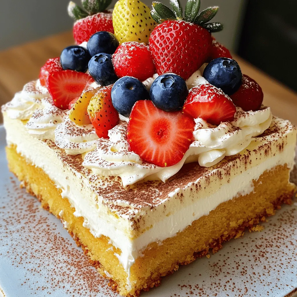 To make a classic tres leches cake, gather these key ingredients: - 1 cup all-purpose flour - 1 ½ teaspoons baking powder - ¼ teaspoon salt - 5 large eggs, separated - 1 cup granulated sugar, divided - 1 teaspoon vanilla extract - ½ cup whole milk - 1 can (12 ounces) evaporated milk - 1 can (14 ounces) sweetened condensed milk - 1 cup heavy cream - Fresh berries (strawberries or blueberries) for garnish - Ground cinnamon for dusting These ingredients work together to create a rich and moist dessert. Choosing the right ingredients is crucial. Here are my tips: - Flour: Use fresh, high-quality all-purpose flour. This ensures your cake has the right texture. - Eggs: Choose large, organic eggs. They add richness and flavor to your cake. - Milk: Use whole milk for a creamy taste. Avoid low-fat or skim for this recipe. - Sweetened Condensed Milk: Opt for a brand with simple ingredients. This adds sweetness and moisture. - Heavy Cream: Look for heavy cream with a high fat content. This gives the best whipped topping. These choices will elevate your cake to a new level of indulgence. If you need alternatives for allergies, here are some helpful substitutions: - Gluten-Free Flour: Swap all-purpose flour for a gluten-free blend. Ensure it includes xanthan gum for better texture. - Dairy-Free Milk: Use almond, coconut, or oat milk in place of whole milk. Choose unsweetened options for better control. - Egg Replacement: For each egg, use 1/4 cup applesauce or a flaxseed mixture. Mix 1 tablespoon flaxseed meal with 2.5 tablespoons water and let it sit. - Non-Dairy Cream: Use coconut cream or a non-dairy whipped topping for the cake's topping. These substitutions allow everyone to enjoy this classic dessert! Start by preheating your oven to 350°F (175°C). Next, grease and flour a 9x13 inch baking dish. In a bowl, whisk together 1 cup of all-purpose flour, 1 ½ teaspoons of baking powder, and ¼ teaspoon of salt. Set this aside. In a large bowl, beat 5 egg yolks with ¾ cup sugar. Mix until it is pale and creamy. Add in 1 teaspoon of vanilla extract and ½ cup of whole milk. Stir until combined. Gradually add the flour mix to the egg yolk mix. Be careful not to over-mix. In a separate clean bowl, whip the 5 egg whites. Beat until soft peaks form. Slowly add the remaining ¼ cup sugar. Keep whipping until you see stiff peaks. Now, gently fold the whipped egg whites into the cake batter. Do this in three parts so you do not deflate the egg whites. Pour the batter into your prepared baking dish. Smooth the top with a spatula. Bake it for 25-30 minutes. Check if it is done by inserting a toothpick into the center. If it comes out clean, it's ready. Let the cake cool in the pan for 10 minutes. After that, invert the pan onto a serving plate and let it cool completely. In a mixing bowl, combine 1 can of evaporated milk, 1 can of sweetened condensed milk, and ½ cup of heavy cream. Mix well until smooth. Once your cake is cool, take a fork and poke holes all over the surface. Slowly pour the milk mixture evenly over the cake. This will allow it to soak in. For the topping, whip the remaining ½ cup of heavy cream until soft peaks form. Spread this over the soaked cake. Finally, garnish with fresh berries and a sprinkle of ground cinnamon. Enjoy your classic tres leches cake! For a complete recipe, check out the Full Recipe section. To get the right texture, use fresh eggs. The egg whites should be whipped until stiff peaks form. This makes the cake light and airy. When you fold the egg whites into the batter, do it gently. This keeps the air in, which is key to a fluffy cake. Soaking the cake with milk is essential for flavor. After the cake cools, poke holes all over the top using a fork. This allows the milk mixture to seep in well. Pour the milk slowly to let it soak evenly. Don’t rush this step; let it sit for a while to absorb all the flavors. Garnish the cake with fresh berries like strawberries or blueberries. This adds color and flavor. A sprinkle of ground cinnamon on top gives it a nice touch. Serve the cake chilled for the best taste. Pair it with a glass of cold milk or coffee for a perfect combo. For the full recipe, check the earlier section. {{image_2}} You can change the flavor of your tres leches cake easily. Try adding different extracts or zests. For example, use almond or coconut extract for a fun twist. You can also add orange or lemon zest for a fresh taste. Each option brings a new life to this classic dessert. Experiment and find what you love best! While whipped cream is traditional, other toppings can add flair. Cream cheese frosting gives a rich, tangy taste. Just whip cream cheese with sugar and vanilla until smooth. You can also drizzle melted chocolate on top for a sweet touch. These toppings make the cake even more special! You can enjoy tres leches cake even with dietary needs. For a gluten-free version, swap all-purpose flour for a gluten-free blend. For dairy-free, use coconut milk and almond milk instead of regular milk. You can also replace heavy cream with coconut cream. These changes keep the cake moist and delicious while meeting your needs. You can find the full recipe for this delightful cake in the earlier sections. After you enjoy your tres leches cake, store leftovers in the fridge. Place the cake in an airtight container. If you do not have one, cover it tightly with plastic wrap. This keeps the cake moist and fresh. Make sure to use a cake server to cut pieces. This helps prevent soggy spots. You can freeze tres leches cake for later enjoyment. First, slice the cake into pieces. Wrap each slice in plastic wrap tightly. Then, place the wrapped slices in a freezer-safe bag. Remove as much air as possible before sealing. This helps avoid freezer burn. When ready to eat, thaw the slices in the fridge overnight. Tres leches cake lasts about 3 to 5 days in the fridge. If you freeze it, it can last up to 3 months. Always check for signs of spoilage before eating. If the cake looks or smells off, it’s best to throw it away. Enjoy your cake as fresh as possible for the best taste! For the full recipe, please refer to the provided details. Tres Leches Cake is a light and sweet dessert. It comes from Latin America. The name means "three milks" in Spanish. This cake uses three types of milk: evaporated, condensed, and whole milk. The cake soaks up these milks, making it rich and moist. You will love its creamy texture and sweet taste. Yes, you can make Tres Leches Cake ahead of time. In fact, it tastes better after it sits. Let the cake soak up the milk mixture overnight. This allows the flavors to blend nicely. It’s perfect for parties or gatherings. Just cover it well and keep it in the fridge. Tres Leches Cake will last about 3 to 5 days in the fridge. Keep it covered to maintain its moisture. After a few days, the cake may lose some of its texture. But, it will still taste great. Enjoy it cold for a refreshing treat! Tres Leches Cake contains dairy and eggs. This makes it not suitable for vegan diets. If you have lactose intolerance, it may not work for you. However, some people make dairy-free versions using almond milk or coconut milk. Always check the ingredients if you have allergies. For more details, check the Full Recipe for alternatives. This blog post covered how to make a delicious Tres Leches cake. We explored ingredients, baking steps, and tips for the perfect texture. I shared variations for flavors and toppings, plus smart storage advice. For those with dietary needs, I included friendly options. In closing, Tres Leches cake is simple and fun to make. Use this guide to impress friends and family with your baking skills. Enjoy every sweet bite!